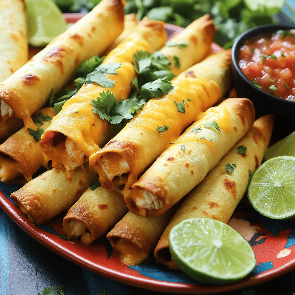 - 2 cups cooked chicken, shredded - 1 cup cream cheese, softened to room temperature - 1 cup shredded cheddar cheese - 1/2 cup black beans, drained and rinsed well - 1/2 cup corn kernels To make baked chicken taquitos, you need some key ingredients. Start with cooked chicken. I like to shred it for easy mixing. Next, cream cheese adds a rich, smooth texture. Cheddar cheese gives a nice, sharp flavor. Black beans add protein and fiber. Corn makes the filling sweet and colorful. - 1 teaspoon ground cumin - 1 teaspoon garlic powder - 1 teaspoon onion powder - Salt and freshly ground black pepper to taste Seasoning is important for flavor. Ground cumin gives a warm taste. Garlic powder adds depth, while onion powder enhances sweetness. Don’t forget salt and pepper. These will bring out the best in your filling. Adjust to your taste as you mix. - 10-12 small flour tortillas or corn tortillas - Cooking spray or olive oil for brushing - Fresh cilantro leaves and lime wedges for serving You can use flour or corn tortillas. Both work well, but choose what you like. Warm them in a skillet for easy rolling. Lightly brush them with cooking spray or olive oil. This step helps them become crispy while baking. Finally, have some fresh cilantro and lime ready for serving. They add a fresh touch to your taquitos. For the complete recipe with instructions, check out the Full Recipe. - Preheat your oven to 425°F (220°C). This step is key for crispy taquitos. - In a large bowl, mix 2 cups of shredded chicken, 1 cup of cream cheese, and 1 cup of shredded cheddar cheese. Add 1/2 cup of black beans and 1/2 cup of corn kernels. Then, mix in 1 teaspoon of ground cumin, 1 teaspoon of garlic powder, and 1 teaspoon of onion powder. Season with salt and pepper to your taste. Make sure the filling is well combined and creamy. - Heat a skillet over medium heat. Warm each tortilla for about 20 seconds on each side. This helps them roll easily without breaking. - Take one tortilla and add 2-3 tablespoons of the chicken mixture in the center. Roll it tightly from one end to the other, keeping the filling inside. Repeat this for all tortillas until they are all filled and rolled. - Line a baking sheet with parchment paper. Place the rolled taquitos seam-side down on the sheet. - Lightly spray the taquitos with cooking oil. This helps them get golden and crisp. Bake them in the oven for 15-20 minutes. Keep an eye on them until they are golden brown. To get that perfect crunch, preheat your oven to 425°F (220°C). A hot oven helps cook the taquitos evenly. I like to spray or brush the taquitos with cooking oil. This step is key for a golden, crispy finish. Don't skip it! Adjust the filling to suit your taste. You can swap some ingredients based on what you like. For example, try adding more spices for a kick. I often add extra cumin or a pinch of chili powder for flavor. Taste the filling before rolling. This way, you can ensure it’s just right. To prevent cracking, warm the tortillas first. Heat them in a skillet for about 20 seconds on each side. This makes them soft and easy to roll. When filling, spread the mixture evenly. This helps each bite taste great. Make sure to roll tightly but not too tight, or they might burst. Enjoy your homemade taquitos! For the full recipe, check out the [Full Recipe]. {{image_4}} You can easily change ingredients to fit your needs. For a dairy-free option, use dairy-free cream cheese. This swap keeps the taquitos creamy without the dairy. You can also try low-carb options. Instead of tortillas, use lettuce wraps. They hold the filling well and add crunch. Getting creative with flavors makes these taquitos fun. You can add different cheese types, like pepper jack. It gives a nice kick! If you like heat, add jalapeños or a few dashes of hot sauce. These changes can really boost the taste. Pairing these taquitos with dips makes them even better. Salsa is a classic choice, but guacamole is a great match too. You can serve the taquitos with sides like Mexican rice or fresh salads. These accompaniments add color and taste to your meal. For the full recipe, check out the instructions above. To store leftover taquitos, let them cool first. Place them in an airtight container. This keeps them fresh and tasty. Best practices include using parchment paper between layers. This step prevents sticking and sogginess. You can store your taquitos in the fridge for about 3 to 4 days. To freeze baked taquitos, let them cool completely. Arrange them in a single layer on a baking sheet. Freeze them for about an hour until solid. Then, transfer the taquitos to a freezer-safe bag. Be sure to remove as much air as possible. For thawing, simply move them to the fridge overnight. Reheat them in the oven at 375°F (190°C) for about 10-15 minutes. This will help restore their crispy texture. Fresh taquitos last in the fridge for 3 to 4 days. Frozen taquitos can last up to 2 months. Signs of spoilage include off smells or a change in texture. If they look dry or hard, it's best to discard them. Always trust your senses when checking food freshness. For the full recipe, check the detailed instructions. Can I make taquitos in advance? Yes, you can make taquitos in advance. Prepare them up to the baking step. Once rolled, cover them and store in the fridge. Bake them when ready to eat. This keeps them fresh and tasty. How do I reheat leftovers without losing crispiness? To reheat, use an oven or air fryer. Preheat the oven to 400°F (200°C). Place taquitos on a baking sheet. Heat for about 10-15 minutes. This gives them back their crispy texture. Can I use different proteins for filling? Absolutely! You can use ground beef, turkey, or even beans for a vegetarian option. Just make sure the filling is cooked and seasoned well. This lets you customize your taquitos to your taste. Is frying taquitos an option? Yes, you can fry taquitos for a different texture. Heat oil in a pan over medium heat. Fry them for about 2-3 minutes on each side. This gives them a crispy and golden finish. How do I ensure my taquitos don’t burst while baking? To prevent bursting, don’t overfill the tortillas. Roll them tightly but gently. Also, warm the tortillas before filling. This helps them bend easily and keeps the filling secure. What’s the calorie count per serving? Each serving of baked chicken taquitos has about 250-300 calories. This can vary based on the ingredients you use. For a healthier option, use lower-fat cheese and skip the oil. Are baked chicken taquitos healthy compared to fried ones? Yes, baked chicken taquitos are healthier than fried ones. Baking uses less oil and reduces fat. They still taste great and keep the savory flavor you love. This blog post covers how to make delicious baked chicken taquitos. We discussed ingredients, step-by-step instructions, tips for the perfect texture, and cool variations. You can use different cheeses or adjust seasonings to suit your taste. Storing and reheating tips ensure your taquitos stay fresh and tasty. Try these methods to create a fun and tasty dish. Enjoy cooking and share this recipe with friends for an easy, satisfying meal!