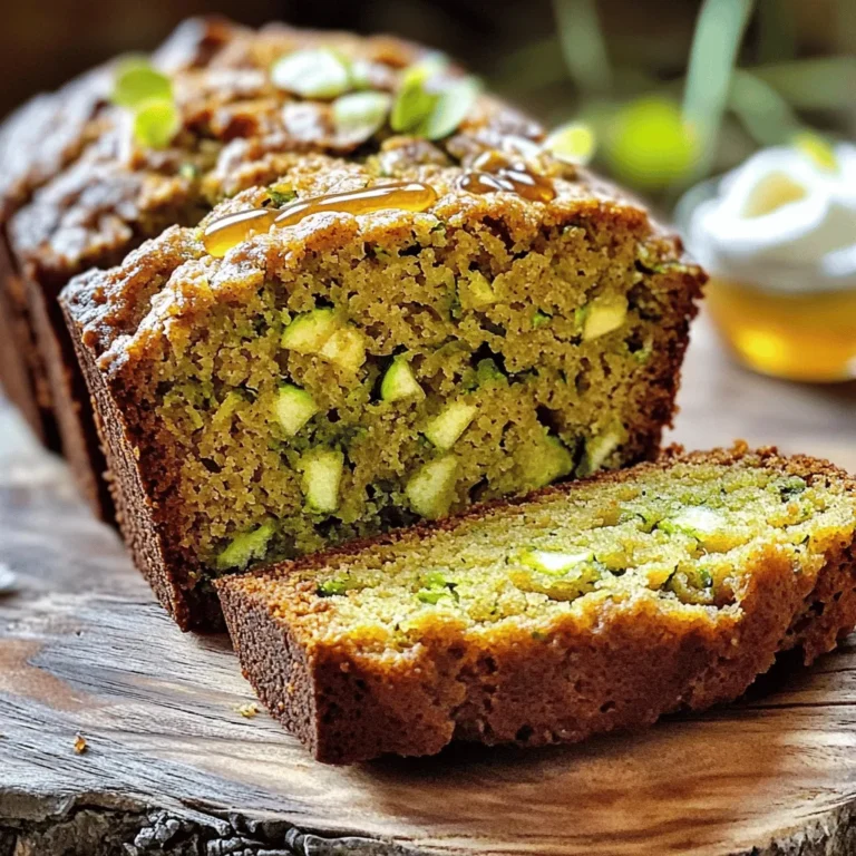 - Zucchini and Apple Benefits Zucchini adds moisture and a subtle flavor to the bread. It is low in calories and packed with vitamins. Apples bring natural sweetness and a hint of tartness. They also provide fiber, which helps digestion. Together, they create a rich, moist texture in every slice. - Flour and Sugar Types I use all-purpose flour for a light and fluffy bread. It helps the bread rise well. Granulated sugar gives sweetness, while brown sugar adds a deeper flavor. The brown sugar also keeps the bread moist. This mix of sugars makes the taste balanced and delightful. - Additional Ingredients Explained Vegetable oil keeps the bread tender. I choose eggs for binding and richness. The vanilla extract adds a nice aroma. Baking soda and baking powder help the bread rise. Salt enhances the flavor, while cinnamon and nutmeg bring warmth. Finally, chopped nuts add a crunchy element, making each bite even better. For the full recipe, check out the complete details. 1. Preheat the Oven and Prepare the Pan Start by preheating your oven to 350°F (175°C). This step is key for even baking. Take a 9x5-inch loaf pan and lightly grease it. You can also use parchment paper for easy removal later. 2. Grating Zucchini and Apple Grab a medium zucchini and a medium apple. Finely grate both. This adds moisture and sweetness to the bread. If the mixture looks too wet, use a clean cloth to squeeze out some liquid. 3. Mixing Wet Ingredients In a large bowl, whisk together granulated sugar, brown sugar, and vegetable oil until smooth. Then, add in two beaten eggs and one teaspoon of pure vanilla extract. Mix well until fully combined. 1. Sifting and Mixing Techniques In another bowl, sift together two cups of all-purpose flour, one teaspoon of baking soda, half a teaspoon of baking powder, half a teaspoon of fine sea salt, one teaspoon of ground cinnamon, and a quarter teaspoon of ground nutmeg. Sifting helps mix the dry ingredients well. 2. Importance of Not Overmixing Gradually mix the dry ingredients into the wet mixture. Stir gently until just combined. Be careful not to overmix. This helps keep your bread soft and light. 1. Transfer to Pan and Oven Settings Carefully fold in the grated zucchini and apple into the batter. If using nuts, add them in now. Pour the batter into your prepared loaf pan and smooth the top with a spatula. 2. Testing for Doneness Place the pan in the oven and bake for 50-60 minutes. To check if it’s done, insert a toothpick into the center. If it comes out clean, your bread is ready. Let it cool in the pan for about 10 minutes before moving it to a wire rack. To get the best Zucchini Apple Bread, control the moisture. Zucchini can hold a lot of water. After grating, place it in a clean cloth. Squeeze out the excess liquid. This helps your bread stay light and fluffy. For flavor, try adding spices. Ground cinnamon and nutmeg bring warmth. You can also add a splash of vanilla extract. These small tweaks make a big difference in taste. If your bread turns out dense, check your mixing. Overmixing the batter can make it tough. Mix just until combined. This keeps the bread light. If you prefer a sweeter bread, adjust the sugar. Add a bit more granulated sugar or brown sugar. Start with an extra 1/4 cup. Taste the batter; it should be just right before baking. For the full recipe, see above. {{image_4}} When making Zucchini Apple Bread, you can easily change some ingredients to suit your needs. - Gluten-Free Substitutes: If you want a gluten-free version, try using almond flour or a gluten-free all-purpose blend. These options work well and keep your bread tasty. - Nut-Free Options: For a nut-free bread, simply leave out the walnuts or pecans. You can also add seeds like sunflower or pumpkin for a nice crunch. You can boost the flavor of your Zucchini Apple Bread in fun ways. - Adding Chocolate Chips: Who doesn’t love chocolate? Toss in some semi-sweet or dark chocolate chips. They create a sweet surprise in every bite. - Using Different Spices: Feel free to get creative with spices. Try adding ginger for a warm kick or cardamom for a unique twist. You can even mix in a little cocoa powder for a chocolatey version. These variations make your Zucchini Apple Bread unique and exciting! Explore the [Full Recipe](#) to learn how to make this delightful treat. After baking your Zucchini Apple Bread, let it cool completely. Cooling is important. It stops the bread from getting soggy. Place the bread in an airtight container. You can also wrap it tightly in plastic wrap. This keeps it fresh and moist for up to five days. If you leave it out, it may dry out quickly. Store it in a cool, dry place. A kitchen counter or pantry works well. If you want to keep your Zucchini Apple Bread longer, freezing is a great choice. To freeze, first, let the bread cool completely. Then, slice it into pieces. Wrap each piece in plastic wrap. After that, place the wrapped slices in a freezer bag. This helps prevent freezer burn. You can freeze the bread for up to three months. When you're ready to enjoy, just take out a slice. Thaw it in the fridge overnight or pop it in the microwave for a warm treat. Can I use frozen zucchini? Yes, you can use frozen zucchini. Just thaw it first and squeeze out extra water. This helps keep your bread from getting soggy. How can I make this bread vegan? To make this bread vegan, swap the eggs for flax eggs. Use one tablespoon of ground flaxseed mixed with three tablespoons of water for each egg. This mix binds the ingredients well. What’s the best way to store leftovers? Store leftovers in an airtight container. Keep the bread at room temperature for up to three days. For longer storage, wrap it in plastic and freeze it for up to three months. What to do if my bread is too dry? If your bread turns out dry, add a little more oil next time. You can also try adding more grated zucchini or apple to boost moisture. How do I know when it's done baking? To check if your bread is done, insert a toothpick in the center. If it comes out clean, the bread is ready. If it has wet batter, bake it a bit longer. Zucchini apple bread is easy and fun to make. We covered the key ingredients, important steps, and helpful tips. You can try various flavors and storage methods for your bread. Remember, adjusting moisture and sweetness makes a difference. Don't be afraid to experiment and find your favorite version. With these insights, you’ll bake a tasty loaf that everyone will love. Enjoy your baking adventure!