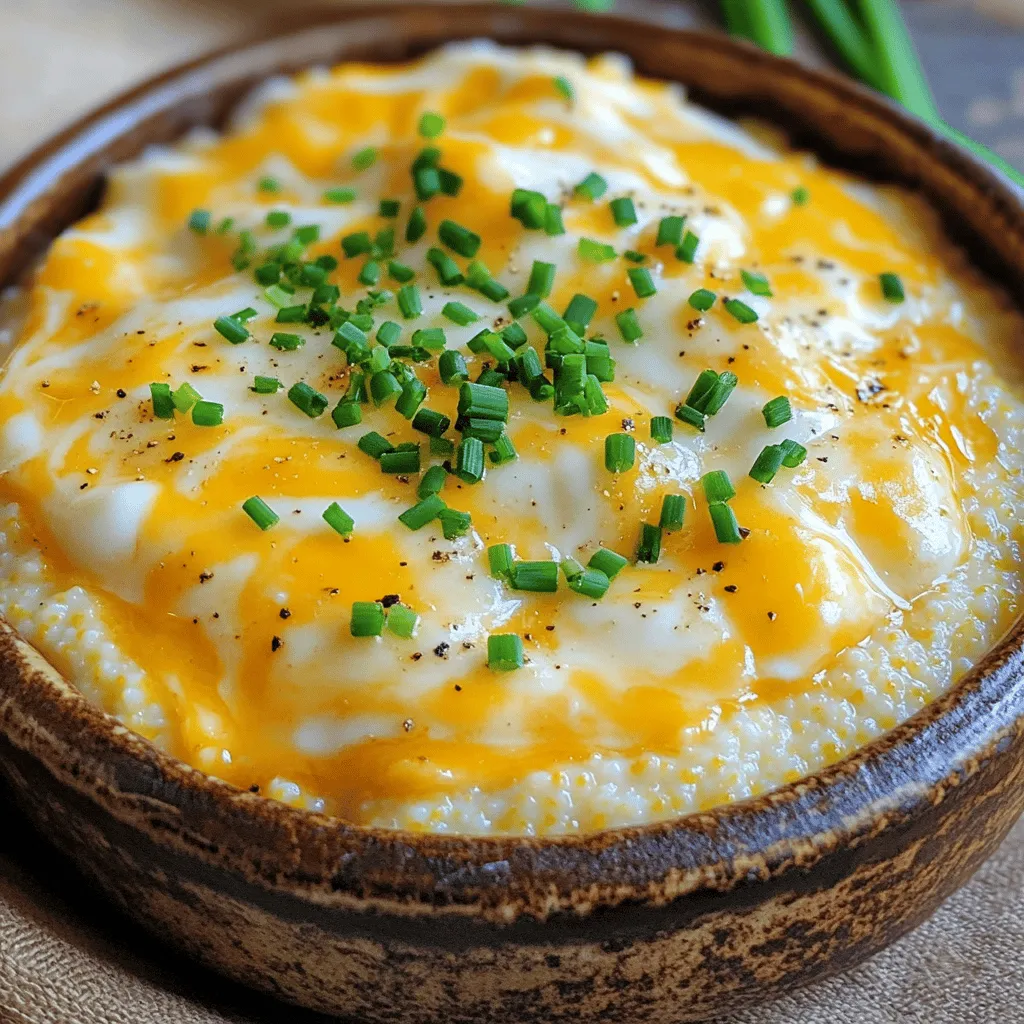 To make delicious cheesy grits, you need a few key ingredients: - 1 cup of stone-ground grits - 4 cups of chicken or vegetable broth - 1 cup of shredded sharp cheddar cheese - 1/2 cup of heavy cream - 2 tablespoons of unsalted butter - 1/2 teaspoon of garlic powder - Salt and freshly ground black pepper, to taste - 2 tablespoons of chopped fresh chives (for garnish) These ingredients come together to create a creamy and comforting dish. Stone-ground grits have a rich texture and flavor. They cook up beautifully in broth, making them even richer than using water. When picking cheese, always go for sharp cheddar. It has a bold flavor that makes the dish shine. Look for cheese that is fresh and made from high-quality milk. You can also consider aged cheddar for a deeper taste. Avoid pre-shredded cheese as it may contain anti-caking agents that can affect melting. Freshly grated cheese melts better and gives a smoother texture. Garnishing your cheesy grits adds a nice touch. I recommend using: - Chopped fresh chives - Sliced green onions - Crumbled bacon - A sprinkle of paprika or cayenne pepper for a kick These garnishes not only enhance the look but also add extra flavor. With these tips and ingredients, you can create a bowl of cheesy grits that warms the soul. For the full recipe, check the details above. First, grab a medium-sized saucepan. Pour in 4 cups of chicken or vegetable broth. Heat it over medium-high heat. Watch as it comes to a boil. This broth gives grits their rich flavor. A good broth is key to tasty grits. Once the broth boils, slowly add 1 cup of stone-ground grits. Whisk them in to avoid lumps. Lower the heat to keep a gentle simmer. Cook the grits for 20 to 25 minutes. Stir them often with a wooden spoon. You want them thick and creamy. If they get too thick, add more broth or cream. When the grits are done, remove the pot from heat. Mix in 1/2 cup of heavy cream and 2 tablespoons of unsalted butter. Add 1/2 teaspoon of garlic powder for flavor. Stir until the butter melts. Then, add half of 1 cup of shredded sharp cheddar cheese. Mix until it is smooth and creamy. Taste and add salt and black pepper to your liking. Serve the grits in bowls, topped with more cheese and chives. For the full recipe, check out the details above. To make your cheesy grits shine, add some seasonings. You can use garlic powder and black pepper. A pinch of cayenne pepper adds heat. Try fresh herbs like chives or parsley for brightness. If you want a touch of umami, mix in some Parmesan cheese. Taste your grits as you go. Adjust the salt for the best flavor. Avoid cooking grits on high heat. Too much heat can make them clump. Always whisk them in slowly when adding to the broth. Don't forget to stir often. This helps keep them smooth. Another common mistake is not cooking them long enough. Grits need time to soften and thicken. If they are too thick, add more broth or cream. You need a few tools for perfect cheesy grits. A medium-sized saucepan is essential for cooking. A whisk helps prevent lumps when adding grits. Use a wooden spoon for stirring. A measuring cup ensures you get the right amounts. Finally, a ladle makes serving easy. These tools help create a creamy and comforting dish every time. For the full recipe, check out the complete instructions. {{image_4}} Want to add some heat? Mix in chopped jalapeños. Start by adding 1-2 tablespoons to the broth while it heats. This brings a nice kick to your grits. You can control the spice by adjusting the amount. If you love heat, use more! The creamy cheese pairs well with spicy flavors. You get a fun twist on the classic recipe. For a heartier meal, add protein like shrimp or bacon. If using shrimp, sauté them in a pan with a bit of butter until they turn pink. Stir them into the grits right before serving. For bacon, cook strips until crispy, then crumble them on top. Both options make the dish feel more filling. They add great flavors and textures, too. You can make a vegan version that still tastes amazing. Swap out the dairy for plant-based alternatives. Use almond milk or oat milk instead of cream. Choose a vegan cheese that melts well. Nutritional yeast also adds a cheesy flavor without dairy. This way, everyone can enjoy cheesy grits! Check out the Full Recipe for more details on how to create these variations. To keep your cheesy grits fresh, place them in an airtight container. Let the grits cool before sealing the container. You can store them in the fridge for up to three days. If you want to save them longer, freezing is a great option. When it's time to enjoy your leftover grits, you can reheat them easily. The best way is to warm them slowly on the stove. Add a splash of broth or cream to help revive their creaminess. Stir frequently to ensure even heating. You can also use a microwave, but add a bit of liquid for moisture. Heat in short bursts, stirring in between. If you want to freeze your cheesy grits, scoop them into a freezer-safe container. Allow some space at the top, as they may expand. You can freeze them for up to three months. To use frozen grits, thaw them overnight in the fridge. Then, reheat as described above for a delightful meal later on. The best types of grits are stone-ground grits. They have a rich flavor and a coarse texture. These grits cook well and give a creamy finish. Instant grits are quick but lack taste. I recommend using medium or coarse grits for the best results. They take longer to cook but are worth the wait. Yes, you can make cheesy grits ahead of time. Cook the grits and cool them completely. Store them in an airtight container in the fridge. When you are ready to serve, simply reheat them on the stove. Add a splash of broth or cream for creaminess. This method saves time for busy days. Cheesy grits pair well with many dishes. You can serve them with shrimp for a classic combo. They also go great with fried chicken or sautéed greens. For breakfast, try them with eggs or bacon. You can even top them with sautéed mushrooms for a hearty meal. The choices are endless! For the full recipe, check the details above. Cheesy grits are easy to make and offer endless flavor options. We covered the key ingredients, cooking steps, and helpful tips. Remember to pick good cheese and avoid common mistakes. You can even spice things up with jalapeños or choose a vegan route. Store leftovers properly for later enjoyment. Now, it’s time to get cooking and impress your taste buds with your cheesy grits!