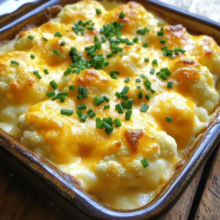 - 1 large head of cauliflower - 1 cup shredded sharp cheddar cheese - ½ cup cream cheese, softened - 1 cup sour cream - 1 teaspoon garlic powder - 1 teaspoon onion powder - ½ teaspoon smoked paprika - Chopped fresh chives for garnish - Additional cheese variations - Substitute options for cream cheese The main ingredients for the Easy Cheesy Cauliflower Bake are simple and fresh. You start with a large head of cauliflower. This gives your dish a nice, hearty base. The cheese is key to the flavor. I like using shredded sharp cheddar cheese. It melts well and adds a rich taste. Cream cheese also adds creaminess. It makes the bake smooth and thick. Sour cream is another must-have. It gives a tangy kick. This balance of flavors works well, making every bite special. The seasoning is where you can add your twist. Garlic powder and onion powder build a flavor base. Smoked paprika adds a warm, smoky touch. For garnish, chopped fresh chives add color and a mild onion taste. You can also play with optional ingredients. Try different cheese blends if you want to mix things up. If you need a cream cheese substitute, use Greek yogurt. It keeps the dish creamy and adds protein. This recipe is about making a dish that everyone will love. You can find the Full Recipe for all the steps to follow. Enjoy cooking! - Preheat the oven to 375°F (190°C). This makes sure your dish cooks evenly. - Blanch the cauliflower florets. Boil a large pot of salted water. Add the cauliflower and cook for about 5 minutes. It should be tender but still crisp. Drain the florets in a colander and let them cool. - Mix cream cheese and sour cream. In a medium bowl, combine softened cream cheese and sour cream. - Add seasonings for flavor. Stir in garlic powder, onion powder, smoked paprika, salt, and pepper. Mix until smooth and creamy. - Fold in the cauliflower. Gently add the blanched cauliflower to the creamy mixture. Make sure every floret is coated well. - Transfer to the baking dish. Pour the cauliflower mix into a greased 9x13-inch baking dish. Spread it evenly across the dish. - Baking time and visual cues for doneness. Bake the dish for 25-30 minutes. Look for bubbling cheese and a golden-brown crust. For the complete recipe, check the [Full Recipe]. To get the best tenderness from your cauliflower, start by blanching it. Boil the florets in salted water for about five minutes. This method softens them while keeping a nice crunch. Avoid overcooking. You want them tender but not mushy. To keep the dish from being watery, drain the cauliflower well after blanching. You can also pat the florets dry with a towel to remove excess moisture. Pair your Easy Cheesy Cauliflower Bake with a fresh side salad. A crisp green salad adds a nice contrast to the creamy dish. For gatherings, serve the bake right in the baking dish. This makes it easy for guests to help themselves. You can also sprinkle extra chives on top for a pop of color. Consider adding a side of crusty bread for dipping. When you have leftovers, store them in an airtight container in the fridge. This keeps the flavors fresh. To reheat, place the bake in the oven. Heat it at 350°F (175°C) for about 15 minutes. This warms it while keeping the cheese melty. Avoid using the microwave, as it can make the dish soggy. If you have more leftovers, you can freeze portions. Just make sure to thaw them in the fridge before reheating. {{image_4}} You can make this dish lighter by using low-fat dairy. Swap full-fat sour cream for low-fat sour cream. Use reduced-fat cream cheese too. This keeps the creaminess without all the calories. You can also try Greek yogurt for a tangy twist. For those avoiding dairy, consider unsweetened almond milk yogurt. It works well too. If you want to change the main ingredient, look for cauliflower substitutes. Broccoli works great for a similar taste. If you can’t have cruciferous veggies, use zucchini. It has a mild flavor and cooks well. Want to spice things up? Add chili powder or cayenne pepper to the creamy mix. This gives your dish a nice kick. You can also try adding herbs like thyme or rosemary for a fresh taste. These herbs pair well with cheese and cauliflower. For added nutrition and flavor, toss in veggies like spinach or bell peppers. You can sauté them first for extra flavor. This not only makes it colorful but also boosts the healthiness of your dish. If you need a gluten-free option, you’re in luck! All the ingredients in this recipe are naturally gluten-free. Just make sure to check the labels on your dairy products. For a vegan version, replace all dairy products. Use cashew cream instead of sour cream. Nutritional yeast can give that cheesy flavor without dairy. There are also plenty of vegan cheese brands available. Find one that melts well for the best results. Try these variations to make the Easy Cheesy Cauliflower Bake fit your needs. You can enjoy a delicious dish that works for everyone! For the complete cooking instructions, check out the Full Recipe. To keep your cheesy cauliflower bake fresh, use airtight containers. Glass or plastic containers work well. Store it in the fridge for up to three days. If you want to keep it longer, the freezer is a great option. In the freezer, this dish can last up to three months. To freeze portions, cut the bake into squares. Wrap each piece in plastic wrap, then place it in a freezer bag. Label the bag with the date. When you're ready to eat, thaw it overnight in the fridge. Reheat it in the oven at 350°F (175°C) until hot. You can prepare the dish a day in advance. Just follow the recipe, then cover it and chill in the fridge. Bake it fresh before serving. For best taste, eat it within two days. This way, you can enjoy a quick and tasty meal any day! Yes, you can use frozen cauliflower. Just make sure to thaw it first. Drain any excess water after thawing. This helps keep your bake from being watery. You may need to adjust the cooking time slightly. Frozen cauliflower might cook faster than fresh. Check for tenderness after about 20 minutes in the oven. If you don’t have sour cream, you can use plain yogurt. Greek yogurt works well too. Cream cheese can also be a good substitute. If you're looking for a lighter option, try cottage cheese. Blend it smooth for a creamy texture. Each option adds a nice flavor to the dish. To make this dish dairy-free, use dairy-free cream cheese. You can also use almond or coconut yogurt instead of sour cream. Nutritional yeast can add a cheesy flavor. This gives you a similar taste while keeping it dairy-free. Be sure to check labels for allergens. You can store leftovers in the fridge for up to three days. Use an airtight container to keep it fresh. If you want to store it longer, freeze it. It can last up to three months in the freezer. Just remember to thaw it in the fridge before reheating. This easy cheesy cauliflower bake brings comfort and flavor to your table. We covered the key ingredients, offering tips on making the dish creamy and delicious. You learned how to store leftovers and freeze for later use. Experiment with variations to suit your taste. Enjoy the rich flavors and simple steps that make this dish a favorite. With a few tweaks, you can adapt it for any diet. Happy cooking!