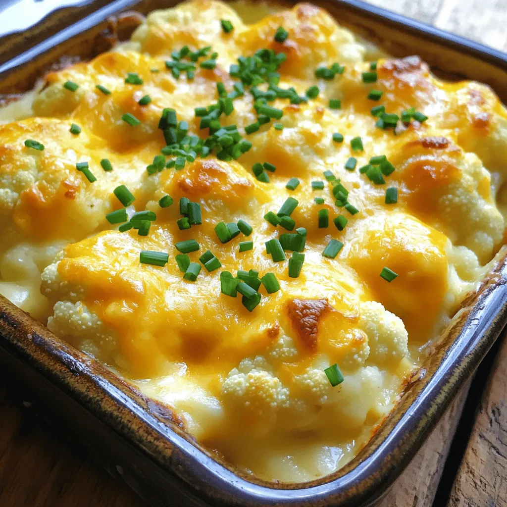 - 1 large head of cauliflower - 1 cup shredded sharp cheddar cheese - ½ cup cream cheese, softened - 1 cup sour cream - 1 teaspoon garlic powder - 1 teaspoon onion powder - ½ teaspoon smoked paprika - Chopped fresh chives for garnish - Additional cheese variations - Substitute options for cream cheese The main ingredients for the Easy Cheesy Cauliflower Bake are simple and fresh. You start with a large head of cauliflower. This gives your dish a nice, hearty base. The cheese is key to the flavor. I like using shredded sharp cheddar cheese. It melts well and adds a rich taste. Cream cheese also adds creaminess. It makes the bake smooth and thick. Sour cream is another must-have. It gives a tangy kick. This balance of flavors works well, making every bite special. The seasoning is where you can add your twist. Garlic powder and onion powder build a flavor base. Smoked paprika adds a warm, smoky touch. For garnish, chopped fresh chives add color and a mild onion taste. You can also play with optional ingredients. Try different cheese blends if you want to mix things up. If you need a cream cheese substitute, use Greek yogurt. It keeps the dish creamy and adds protein. This recipe is about making a dish that everyone will love. You can find the Full Recipe for all the steps to follow. Enjoy cooking! - Preheat the oven to 375°F (190°C). This makes sure your dish cooks evenly. - Blanch the cauliflower florets. Boil a large pot of salted water. Add the cauliflower and cook for about 5 minutes. It should be tender but still crisp. Drain the florets in a colander and let them cool. - Mix cream cheese and sour cream. In a medium bowl, combine softened cream cheese and sour cream. - Add seasonings for flavor. Stir in garlic powder, onion powder, smoked paprika, salt, and pepper. Mix until smooth and creamy. - Fold in the cauliflower. Gently add the blanched cauliflower to the creamy mixture. Make sure every floret is coated well. - Transfer to the baking dish. Pour the cauliflower mix into a greased 9x13-inch baking dish. Spread it evenly across the dish. - Baking time and visual cues for doneness. Bake the dish for 25-30 minutes. Look for bubbling cheese and a golden-brown crust. For the complete recipe, check the [Full Recipe]. To get the best tenderness from your cauliflower, start by blanching it. Boil the florets in salted water for about five minutes. This method softens them while keeping a nice crunch. Avoid overcooking. You want them tender but not mushy. To keep the dish from being watery, drain the cauliflower well after blanching. You can also pat the florets dry with a towel to remove excess moisture. Pair your Easy Cheesy Cauliflower Bake with a fresh side salad. A crisp green salad adds a nice contrast to the creamy dish. For gatherings, serve the bake right in the baking dish. This makes it easy for guests to help themselves. You can also sprinkle extra chives on top for a pop of color. Consider adding a side of crusty bread for dipping. When you have leftovers, store them in an airtight container in the fridge. This keeps the flavors fresh. To reheat, place the bake in the oven. Heat it at 350°F (175°C) for about 15 minutes. This warms it while keeping the cheese melty. Avoid using the microwave, as it can make the dish soggy. If you have more leftovers, you can freeze portions. Just make sure to thaw them in the fridge before reheating. {{image_4}} You can make this dish lighter by using low-fat dairy. Swap full-fat sour cream for low-fat sour cream. Use reduced-fat cream cheese too. This keeps the creaminess without all the calories. You can also try Greek yogurt for a tangy twist. For those avoiding dairy, consider unsweetened almond milk yogurt. It works well too. If you want to change the main ingredient, look for cauliflower substitutes. Broccoli works great for a similar taste. If you can’t have cruciferous veggies, use zucchini. It has a mild flavor and cooks well. Want to spice things up? Add chili powder or cayenne pepper to the creamy mix. This gives your dish a nice kick. You can also try adding herbs like thyme or rosemary for a fresh taste. These herbs pair well with cheese and cauliflower. For added nutrition and flavor, toss in veggies like spinach or bell peppers. You can sauté them first for extra flavor. This not only makes it colorful but also boosts the healthiness of your dish. If you need a gluten-free option, you’re in luck! All the ingredients in this recipe are naturally gluten-free. Just make sure to check the labels on your dairy products. For a vegan version, replace all dairy products. Use cashew cream instead of sour cream. Nutritional yeast can give that cheesy flavor without dairy. There are also plenty of vegan cheese brands available. Find one that melts well for the best results. Try these variations to make the Easy Cheesy Cauliflower Bake fit your needs. You can enjoy a delicious dish that works for everyone! For the complete cooking instructions, check out the Full Recipe. To keep your cheesy cauliflower bake fresh, use airtight containers. Glass or plastic containers work well. Store it in the fridge for up to three days. If you want to keep it longer, the freezer is a great option. In the freezer, this dish can last up to three months. To freeze portions, cut the bake into squares. Wrap each piece in plastic wrap, then place it in a freezer bag. Label the bag with the date. When you're ready to eat, thaw it overnight in the fridge. Reheat it in the oven at 350°F (175°C) until hot. You can prepare the dish a day in advance. Just follow the recipe, then cover it and chill in the fridge. Bake it fresh before serving. For best taste, eat it within two days. This way, you can enjoy a quick and tasty meal any day! Yes, you can use frozen cauliflower. Just make sure to thaw it first. Drain any excess water after thawing. This helps keep your bake from being watery. You may need to adjust the cooking time slightly. Frozen cauliflower might cook faster than fresh. Check for tenderness after about 20 minutes in the oven. If you don’t have sour cream, you can use plain yogurt. Greek yogurt works well too. Cream cheese can also be a good substitute. If you're looking for a lighter option, try cottage cheese. Blend it smooth for a creamy texture. Each option adds a nice flavor to the dish. To make this dish dairy-free, use dairy-free cream cheese. You can also use almond or coconut yogurt instead of sour cream. Nutritional yeast can add a cheesy flavor. This gives you a similar taste while keeping it dairy-free. Be sure to check labels for allergens. You can store leftovers in the fridge for up to three days. Use an airtight container to keep it fresh. If you want to store it longer, freeze it. It can last up to three months in the freezer. Just remember to thaw it in the fridge before reheating. This easy cheesy cauliflower bake brings comfort and flavor to your table. We covered the key ingredients, offering tips on making the dish creamy and delicious. You learned how to store leftovers and freeze for later use. Experiment with variations to suit your taste. Enjoy the rich flavors and simple steps that make this dish a favorite. With a few tweaks, you can adapt it for any diet. Happy cooking!