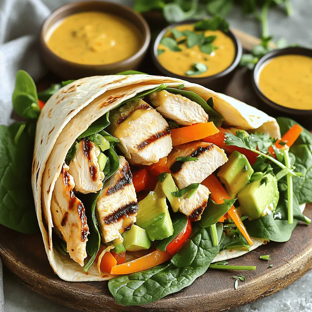 - Chicken breasts - Whole wheat tortillas - Honey mustard dressing - Fresh vegetables (spinach, avocado, bell pepper, carrots) - Optional ingredients (feta cheese, seasonings) To create Honey Mustard Chicken Wraps, gather your essential ingredients. The main star is chicken breasts. I prefer to grill them for a smoky flavor. Use whole wheat tortillas for a healthy option. Honey mustard dressing adds a sweet and tangy kick. Next, fill your wraps with fresh vegetables. I love using baby spinach for a nutrient boost. Avocado adds creaminess, while bell peppers bring crunch. Shredded carrots add color and sweetness. You can also include optional ingredients like feta cheese. This adds a salty touch that pairs well with the dressing. Feel free to sprinkle your favorite seasonings for extra flavor. - Caloric breakdown per serving: Approximately 350 calories - Macronutrient information: 30g protein, 40g carbohydrates, 10g fats Each serving of these wraps is hearty yet healthy. With around 350 calories, they fit into a balanced meal. The protein from chicken helps build muscle. Carbohydrates from the tortillas give you energy. Healthy fats from avocado aid in nutrient absorption. Knowing this nutritional information can help you make smart choices. Enjoy these wraps as a satisfying lunch or dinner option. For the full recipe, check out the Honey Mustard Chicken Wraps. 1. Seasoning the chicken Start by taking your grilled chicken breasts. Sprinkle salt and pepper on both sides. This simple step brings out the chicken's flavor. Let the seasoned chicken rest for a few minutes. 2. Preparing the tortillas Grab four whole wheat tortillas. Lay them flat on a clean surface. Ensure they are smooth and ready for filling. This makes the wrapping easier. 3. Drizzling the honey mustard dressing Take your honey mustard dressing. Drizzle about one tablespoon on the center of each tortilla. Use the back of a spoon to spread it evenly. This will add a sweet and tangy kick to each bite. 1. Layering the ingredients On top of the dressing, add baby spinach leaves. Next, place the sliced chicken. Then, add the avocado slices, bell pepper strips, and shredded carrots. If you want, sprinkle feta cheese on top for extra zest. 2. Rolling the wrap technique Fold in the sides of each tortilla. Make sure the fillings are tucked in. Start at the bottom and roll tightly towards the top. This keeps all the delicious ingredients inside. 3. Serving suggestions You can serve the wraps right away or wrap them in foil. If you serve them right away, cut each wrap in half. This makes them easier to hold. Arrange them on a colorful platter for a nice touch. Add a small bowl of extra honey mustard dressing for dipping. 1. Best practices for grilling chicken To grill chicken well, start with even thickness. This helps the chicken cook evenly. Marinate the chicken for at least 30 minutes. This adds flavor and keeps the meat juicy. Preheat your grill to medium-high heat. Cook the chicken for about 6-7 minutes on each side. Check that the internal temperature reaches 165°F (75°C). Let the chicken rest for 5 minutes before slicing. This keeps it tender. 2. How to properly slice vegetables For easy slicing, use a sharp knife. Cut the bell pepper and avocado into thin strips. This makes them easy to layer in the wrap. For the carrots, use a grater for thin shreds. The baby spinach can be used whole, but wash it first. Dry it thoroughly to avoid sogginess in your wrap. Always slice your vegetables just before using to keep them fresh. 1. Serving suggestions and garnishes To make your wraps look great, use a bright platter. Arrange the wraps in a circle or stack them neatly. Serve with extra honey mustard dressing on the side. This invites guests to dip their wraps. For garnish, add fresh herbs like parsley or cilantro. You can also sprinkle some sesame seeds for a crunchy finish. 2. How to arrange wraps for appeal When arranging wraps, slice them in half diagonally. This shows off the colorful layers inside. Place the cut side facing up for a better view. Space them out to let each wrap shine. Add small bowls of dipping sauce around the platter. This makes it easy for everyone to grab a wrap and enjoy. {{image_4}} You can mix up the protein in your honey mustard chicken wraps. Turkey or tofu works great. Both options keep the meal healthy while changing the flavor. If you want a creamier taste, try ranch or yogurt dressing instead of honey mustard. This adds a new twist that kids often love. To kick up the spice, add sriracha or jalapeños. These ingredients can change the whole vibe of your wraps. They bring a fun heat that many enjoy. You can also play with fresh herbs, like cilantro or basil. Mixing in these herbs brightens the dish and adds more depth to every bite. For a full experience, check out the Full Recipe to create your own delicious wraps! To keep your honey mustard chicken wraps fresh, refrigerate them right away. Wrap each one in plastic wrap or foil. This helps maintain their taste and texture. You want to store them in airtight containers too. This way, they stay safe from other food odors in the fridge. Ideal storage containers: - Plastic wrap - Foil - Airtight containers If you want to save wraps for later, freezing is a great option. Wrap each one tightly in plastic wrap, then put them in a freezer-safe bag. This helps prevent freezer burn. You can freeze them for up to three months. Reheating guidelines: - Thaw wraps in the fridge overnight before reheating. - Heat them in the oven at 350°F (175°C) for about 15 minutes. - You can also use a microwave. Heat for 1-2 minutes, but be careful not to make them soggy. This way, you can enjoy your delicious honey mustard chicken wraps anytime! For the full recipe, check out the details above. Can I make honey mustard chicken wraps ahead of time? Yes, you can. Prepare the wraps and store them in the fridge. Just wrap them tight in foil or plastic wrap. They taste great when you eat them later! What can I use if I don’t have honey mustard dressing? You can mix equal parts honey and mustard. You can also use ranch dressing or a yogurt-based sauce. These options will still give you a nice flavor. Are honey mustard chicken wraps healthy? Yes, these wraps are healthy! They have lean chicken, fresh veggies, and whole wheat tortillas. They are full of protein and fiber. This meal can fit well into a balanced diet. How do I make them gluten-free? To make honey mustard chicken wraps gluten-free, use gluten-free tortillas. Many brands offer tasty options. Make sure all other ingredients, like the dressing, are gluten-free too. What to serve with honey mustard chicken wraps? Serve these wraps with fresh fruit, a side salad, or some crunchy veggie sticks. A light soup can also be a nice addition. Can I serve these wraps cold or do they need to be heated? You can serve them cold or heated! They are tasty either way. If you prefer warm wraps, just heat them in a pan for a few minutes. Recommendations for side dishes to complement the wraps Try a simple green salad with a light vinaigrette. You could also enjoy some sweet potato fries or a fruit salad. These sides balance the meal and add more vitamins. For the full recipe, check out the [Full Recipe] link provided! In this post, we covered how to make honey mustard chicken wraps. We discussed essential ingredients, preparation steps, and tips for perfecting your wraps. You learned about storage and variations to keep your meals exciting. These wraps are not just easy to make; they are healthy too. With a few changes, you can customize them to your taste. Enjoy crafting your wraps to fit any occasion!