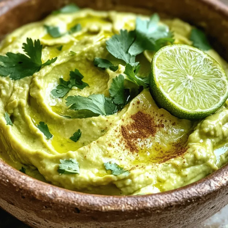 For a bright and fresh taste, gather these ingredients: - 2 ripe avocados - 1 lime, juiced - 1 garlic clove, finely minced - 1/4 cup fresh cilantro, chopped - 1 jalapeño pepper, seeds removed and finely chopped Ripe avocados bring a rich and creamy base. The lime juice adds a zesty kick. Garlic gives depth, while cilantro adds a fresh herb taste. If you enjoy a little heat, the jalapeño is a perfect choice. To make your dip even creamier, consider adding: - 1/4 cup Greek yogurt Greek yogurt gives a nice texture. It also adds some tanginess to the dip. You can skip it if you prefer a lighter version. To enhance the flavor, use these seasonings: - 1/2 teaspoon ground cumin - Salt and pepper to taste Ground cumin adds warmth and depth. Adjust salt and pepper according to your taste. This balance makes the dip truly zesty. Check the Full Recipe for exact amounts and tips on preparing this delightful dish! First, take your ripe avocados. Slice them in half with a sharp knife. Be careful when removing the pit. Use a spoon to scoop the soft green flesh into a bowl. Now, grab your lime. Cut it in half and squeeze the juice over the avocado. This helps keep the bright green color and adds a tangy flavor. Next, take a fork and mash the avocado. You want a creamy yet slightly chunky texture. Now, add in the minced garlic, chopped cilantro, and jalapeño. Mix everything well with the fork. This helps blend the flavors together. Then, sprinkle the ground cumin into the mix. Add salt and pepper based on your taste. If you want a creamier dip, fold in the Greek yogurt. This step is optional but adds richness. Taste your dip now. You can adjust the salt, pepper, or lime juice if needed. Once you’re happy with the flavor, transfer the dip to a serving bowl. You can garnish it with a bit of cilantro or a lime wedge for a nice look. For the complete recipe, check the section above! To stop your avocado from turning brown, use lime juice. The acid in lime juice slows down oxidation. Squeeze the juice right after cutting the avocado. You can also keep the pit in the dip until serving. This helps keep the dip fresher for longer. Aim for a creamy yet slightly chunky dip. Start by mashing the avocado with a fork. If you want a creamier dip, mix in Greek yogurt. This adds a nice texture and flavor. Adjust the chunkiness to your taste. Some may prefer a smoother dip, while others enjoy some pieces. This zesty avocado lime dip goes well with many snacks. Serve it with tortilla chips for a classic choice. You can also use it as a spread on sandwiches or wraps. Fresh veggies like carrots or cucumber sticks make great dippers too. Try adding it to tacos or salads for a burst of flavor. For the full recipe, see the section above. {{image_4}} You can mix in herbs or spices for a flavor boost. Fresh dill adds a nice twist. Try adding parsley or basil for a fresh taste. You can also sprinkle in some smoked paprika for a touch of warmth. Each herb gives a new flavor, making your dip unique. If you love heat, add more jalapeños. Remove the seeds for less spice, or keep them for more kick. Dice them finely and mix them in. You can also try using other hot peppers like serranos or habaneros. This will give your dip a bold flavor. Greek yogurt makes the dip creamy. If you want, use sour cream or cottage cheese instead. Both will keep the dip rich and tasty. For a dairy-free option, try using avocado or nut-based yogurt. These swaps keep the flavor and texture delightful. Check out the Full Recipe for more ideas! To keep your Zesty Avocado Lime Dip fresh, use an airtight container. Press plastic wrap directly onto the dip's surface before sealing the container. This step helps limit air exposure, reducing browning. Always store it in the fridge for the best results. You can keep this dip in the fridge for about 3 days. After that, the quality may drop. The avocado may brown, but it’s still safe to eat. Always check for any off smells or changes in texture before serving. You can freeze this dip, but it may alter the texture. If you choose to freeze it, place the dip in a freezer-safe container, leaving space for expansion. Use it within 2 months for the best flavor. To thaw, place it in the fridge overnight. Mix it well before serving. For the best taste, I recommend making it fresh when possible. You can find the Full Recipe above for reference. Yes, you can make this dip a few hours in advance. Just store it in the fridge. To keep it fresh, press plastic wrap directly onto the dip’s surface. This helps reduce browning. If you want to make it a day ahead, add more lime juice. The acid helps keep the color bright. You can serve this zesty dip with many tasty options. Here are some ideas: - Tortilla chips - Fresh veggie sticks like carrots and cucumbers - Pita bread or crackers - Tacos and burritos - Grilled chicken or fish These pairings enhance the flavor and add fun to your meal. Yes, this dip is quite healthy! It offers good fats from avocados and fresh ingredients. Here are some nutrition facts: - Calories: About 120 per serving - Fat: 10g (mostly healthy fats) - Carbs: 6g - Protein: 2g It’s low in carbs and packed with fiber. This dip also gives you vitamins and minerals. Enjoy guilt-free! For the full recipe, check out the complete guide. In this blog post, we explored the steps to make Zesty Avocado Lime Dip. We started with fresh ingredients, then mixed them for the right flavor. I shared tips for storage and how to keep your dip creamy. You learned about variations and ways to serve it. This dip adds fun to any meal. Try it with your favorite snacks. Enjoy creating your own perfect version and impress your friends!