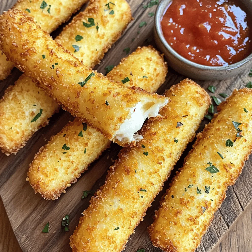 To make crispy air fryer mozzarella sticks, you need a few key ingredients. Here’s what you will need: - 12 mozzarella string cheese sticks - 1 cup all-purpose flour - 2 large eggs, beaten - 1 cup breadcrumbs (preferably panko for an extra crunch) - 1 teaspoon garlic powder - 1 teaspoon Italian seasoning - ½ teaspoon salt - ½ teaspoon black pepper - Cooking spray Using panko breadcrumbs is vital for achieving that extra crunch. They are lighter and crispier than regular breadcrumbs. This texture makes your mozzarella sticks stand out at any gathering. If you can’t find string cheese, you can use block mozzarella cut into sticks. For the breadcrumbs, feel free to swap panko with regular breadcrumbs or crushed crackers. However, keep in mind that the texture may not be as crisp. These ingredients come together to create a snack that is perfect for game day. The blend of flavors and textures will surely impress your friends and family. You can check the [Full Recipe] for more details on preparation. To start, cut each mozzarella string cheese stick in half. This gives you 24 shorter sticks. They are easier to handle and cook evenly. Next, it's time for the chilling stage. Place your cheese sticks on a plate lined with parchment paper. Pop them in the freezer for at least 30 minutes. This step is key! Chilling helps the sticks hold their shape and become crispy when cooked. Now let’s set up your breading station. Grab three shallow dishes. In the first, add 1 cup of all-purpose flour. In the second dish, pour in 2 large beaten eggs. For the third dish, mix 1 cup of breadcrumbs, 1 teaspoon of garlic powder, 1 teaspoon of Italian seasoning, ½ teaspoon of salt, and ½ teaspoon of black pepper. Mix it all well. When you bread the cheese sticks, first coat them in flour. Ensure they are fully covered. Then dip them in the beaten eggs. Let any excess egg drip off. Finally, roll them in the breadcrumb mix. Press gently to make sure the coating sticks well. With your cheese sticks breaded, it's time to cook! Preheat your air fryer to 375°F (190°C) for about five minutes. This helps cook them evenly. Lightly spray the air fryer basket with cooking spray to prevent sticking. Place the frozen mozzarella sticks in a single layer. Make sure they do not touch each other. This allows air to flow freely. Spray the tops of the sticks with a bit of cooking spray. This helps them achieve that golden, crispy finish. Cook the mozzarella sticks for 6-8 minutes. Keep an eye on them until they turn a lovely golden brown. For extra crispiness, shake the basket halfway through. Enjoy your perfectly cooked, crispy air fryer mozzarella sticks! For the full recipe, check the previous section. To get your mozzarella sticks super crispy, freezing is key. When you freeze the breaded sticks, it helps them keep their shape. This step also enhances the texture as they cook. The cold cheese melts slower, creating that gooey center while the exterior gets crunchy. Using cooking spray is another great trick. A light spray on top before cooking gives your sticks a lovely golden finish. This adds extra crispness and makes them look amazing. One big mistake is overcrowding your air fryer basket. If you pack too many sticks in, they won't cook evenly. Leave space around each stick to let hot air flow freely. This helps achieve that perfect crispiness. Another common error is skipping the chilling process. If you don’t chill the sticks, they might melt too fast. This can lead to a messy result, with cheese spilling out. Always remember to give them time in the freezer first. Mozzarella sticks are best served with dips. Marinara sauce is a classic choice. It adds a zesty flavor that pairs well with gooey cheese. You can also try ranch or garlic aioli for a fun twist. For a party, consider serving them with a platter of veggies and dips. This adds color and crunch. You can even stack the sticks in a fun way to create an eye-catching display. They’re sure to be a hit! For the full recipe, check out the detailed instructions above. Enjoy your delicious crispy air fryer mozzarella sticks! {{image_4}} You can easily add a fun twist to your mozzarella sticks. Start with your breadcrumb mix. Just sprinkle in some spices or herbs to give your sticks a new taste. Try adding: - 1 teaspoon smoked paprika for a smoky flavor. - 1 teaspoon dried oregano for an Italian touch. - 1 teaspoon cayenne pepper for some heat. You can also stuff your mozzarella sticks. Try adding small bits of pepperoni or jalapeños inside the cheese. This gives a tasty surprise in every bite. Want a gluten-free version? Swap the all-purpose flour and breadcrumbs for gluten-free options. Use almond flour or chickpea flour for breading. Look for gluten-free breadcrumbs, too. They work great and keep the crunch. If you need a vegan version, use dairy-free cheese sticks. You can make a simple batter with plant-based milk and chickpea flour instead of eggs. Look for a vegan breadcrumb option to finish it off. Air fryers and ovens can both cook mozzarella sticks, but they differ. Air fryers give a crispier texture and cook faster. You will usually cook them in about 6-8 minutes at 375°F. If you choose to bake in the oven, preheat it to 400°F. Arrange the sticks on a baking sheet. Bake for 12-15 minutes, turning them halfway through. You may lose some crunch, but they will still taste great. For the best results, follow the Full Recipe for perfect mozzarella sticks every time. To store leftover mozzarella sticks, let them cool first. Place them in an airtight container. Keep them in the fridge for up to three days. When you're ready to eat them, preheat your air fryer to 375°F (190°C). Heat the sticks for about 3-5 minutes. This helps restore their crispy texture. To freeze unbaked mozzarella sticks, follow these steps. After breading, lay them on a baking sheet. Make sure they don’t touch each other. Freeze them for 1-2 hours until firm. Then, transfer them to a freezer bag. They can stay frozen for up to three months. For reheating frozen mozzarella sticks, use the air fryer for the best results. Preheat the air fryer to 375°F (190°C). Cook the frozen sticks for 8-10 minutes. They should turn golden and crispy. Enjoy your delicious game day snack anytime! You can find the full recipe for these crispy treats above. Cook mozzarella sticks in an air fryer for 6-8 minutes at 375°F (190°C). This short time makes them crispy and golden. It's best to check them halfway through cooking. Shake the basket gently so they cook evenly. If you prefer them extra crispy, add a minute or two. You can use fresh mozzarella, but it may not be the best choice. Fresh mozzarella has more moisture. This moisture can make your sticks less crispy. If you choose fresh mozzarella, you might want to freeze it first. This step can help firm it up for better frying. If your mozzarella sticks aren’t crispy, check a few things. First, make sure you freeze them before cooking. This helps keep their shape and texture. Next, don’t overcrowd the air fryer basket. Leave space between each stick for hot air to flow. Lastly, spray them lightly with cooking spray. This helps create that golden finish. If you follow these tips, you’ll have great results! Check the full recipe for more details. Crispy air fryer mozzarella sticks are a fun and tasty snack. We covered essential ingredients like panko for extra crunch and techniques to prepare and cook your sticks perfectly. Remember to chill your cheese and avoid overcrowding the air fryer. Experiment with flavors, but be mindful of dietary needs. Whether you serve them with a dip or freeze for later, these tips will enhance your cooking. Enjoy making this delicious treat for yourself or your friends!