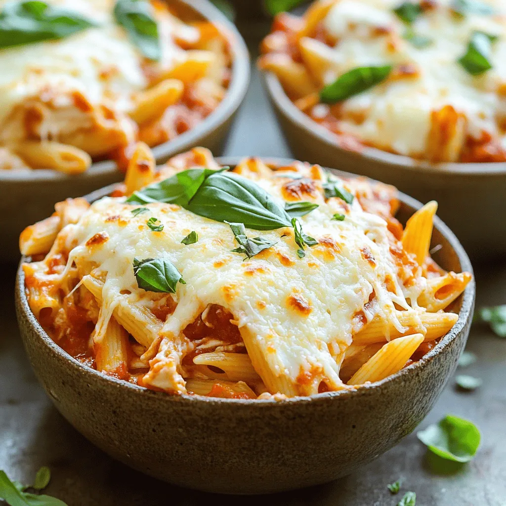 To make a tasty Chicken Parmesan Casserole, gather these items: - 2 cups shredded cooked rotisserie chicken - 1 cup cooked penne pasta - 2 cups marinara sauce (homemade or your favorite) - 1 cup creamy ricotta cheese - 1 cup shredded mozzarella cheese - ½ cup grated Parmesan cheese - 1 teaspoon dried oregano - 1 teaspoon garlic powder - ½ teaspoon salt - ½ teaspoon black pepper - Fresh basil leaves for garnish You can add some fun flavors with these optional ingredients: - Sliced black olives for a briny kick - Chopped spinach for extra greens - Red pepper flakes for heat - Sautéed mushrooms for earthiness - A splash of white wine for depth If you have dietary needs, try these swaps: - Use gluten-free pasta instead of penne for a gluten-free option. - Replace ricotta with cashew cheese for a dairy-free choice. - Use grilled chicken instead of rotisserie for a healthier option. - Swap marinara for pesto if you want a twist on flavor. These ingredients and options will help you create a delicious Chicken Parmesan Casserole that fits your taste and needs. For the full recipe, check out the instructions above. Happy cooking! To make this Chicken Parmesan Casserole, you will need to gather your ingredients first. This recipe is simple and fun. Gather your chicken, pasta, sauce, and cheeses. Preheat your oven to 375°F (190°C). This step helps cook the dish evenly. 1. In a large mixing bowl, mix the shredded chicken with the cooked penne pasta and marinara sauce. Make sure to coat everything well. 2. In another bowl, combine the ricotta cheese with oregano, garlic powder, salt, and pepper. Stir until smooth. 3. Grease a 9x13 inch casserole dish lightly. Start layering the food. Place half of the chicken and pasta mix in the dish first. 4. Spread half of the ricotta mixture over the chicken layer. Then, add half of the mozzarella cheese on top. 5. Next, add the rest of the chicken and pasta mix. Follow this with the remaining ricotta and top with the rest of the mozzarella. Finish with grated Parmesan cheese. 1. Cover your casserole with aluminum foil. This keeps it moist while baking. 2. Bake it for 25 minutes in the preheated oven. After that, remove the foil. 3. Bake for another 15 minutes until the cheese bubbles and turns golden brown. 4. Let it rest for about 5 minutes before serving. Garnish with fresh basil leaves for a nice touch. Enjoy your delicious Chicken Parmesan Casserole! For full details, check the Full Recipe. To make your Chicken Parmesan Casserole perfect, follow these tips: - Use fresh ingredients for the best taste. - Cook pasta just until al dente. This keeps it firm. - Mix the chicken and pasta well with sauce. This helps every bite taste great. - Layer ingredients evenly for a balanced flavor. - Cover the dish with foil until the last 15 minutes. This keeps it moist. You can make this dish healthier with these ideas: - Swap regular pasta for whole grain or veggie pasta. - Use low-fat ricotta cheese to cut fat. - Add vegetables like spinach or zucchini for extra nutrition. - Use homemade marinara sauce with fresh tomatoes and herbs. This cuts out added sugars. Boost the flavor of your casserole with these tips: - Add crushed red pepper for some heat. - Toss in fresh herbs like parsley or thyme. They add brightness. - Use different cheeses, like pepper jack, for a twist. - Top it with breadcrumbs before baking for a crunchy layer. For a complete guide to making this dish, check the Full Recipe. {{image_4}} You can enjoy a tasty vegetarian version of this casserole. Use plant-based chicken strips instead of rotisserie chicken. For the sauce, try a rich marinara made with fresh tomatoes and herbs. This keeps the dish full of flavor. You can also add in some sautéed mushrooms or spinach for more texture and nutrition. This way, everyone can enjoy a hearty meal. To make this dish gluten-free, swap out regular pasta for gluten-free penne. Many brands offer great options that taste just as good. You can also check the marinara sauce labels to ensure they are gluten-free. For cheese, most varieties are gluten-free, but always double-check. This way, you can satisfy those with gluten sensitivities without losing flavor. While penne is great, you can mix it up with other pasta shapes. Try rotini for a fun twist that holds sauce well. Fusilli or farfalle can also work beautifully. You can even use whole wheat pasta for added fiber. Each shape adds a unique look and feel to your casserole. Choose whatever you love or have on hand. The options are endless! For more detailed cooking steps, check out the Full Recipe. To keep your Chicken Parmesan Casserole fresh, let it cool first. Once cooled, cover it tightly with plastic wrap or aluminum foil. You can also use an airtight container. Store it in the fridge for up to three days. If you want to eat it later, freezing is a great option. When you are ready to enjoy your leftovers, preheat your oven to 350°F (175°C). Place the casserole in an oven-safe dish. Cover it with foil to keep moisture in. Heat it for about 20-25 minutes. If you want a crispier top, remove the foil for the last 5 minutes. To freeze, wrap the casserole well in plastic wrap and then in foil. You can also use a freezer-safe container. The casserole can last up to three months in the freezer. When you’re ready to eat it, thaw it in the fridge overnight before reheating. This method helps keep the flavor and texture intact. For the complete recipe, check the Full Recipe section. Yes, you can use fresh chicken. Cook it first to ensure it is safe to eat. You can bake or boil it until fully cooked. Shred the chicken and mix it with the pasta and sauce. This option offers a fresh taste and control over seasoning. To make a dairy-free version, replace the ricotta and mozzarella cheese with dairy-free alternatives. Use dairy-free cream cheese or a nut-based cheese for the ricotta. For mozzarella, look for plant-based shreds. Check labels to ensure they are dairy-free. This way, you keep the creamy texture and flavor. Chicken Parmesan Casserole pairs well with many sides. Here are some great options: - A fresh green salad with vinaigrette - Steamed vegetables like broccoli or green beans - Garlic bread or crusty bread - A light soup, like minestrone These sides balance the rich flavors and make a full meal. For more details, check the Full Recipe. This blog post covered the key ingredients, cooking steps, and tips for Chicken Parmesan Casserole. I shared ways to modify the recipe for dietary needs and offered storage advice. Always remember, you can adapt this dish to suit your taste. Whether you choose different pasta or make it dairy-free, enjoy the cooking process. With these insights, you can make a tasty casserole that fits your life. Dive in, have fun, and make it your own!