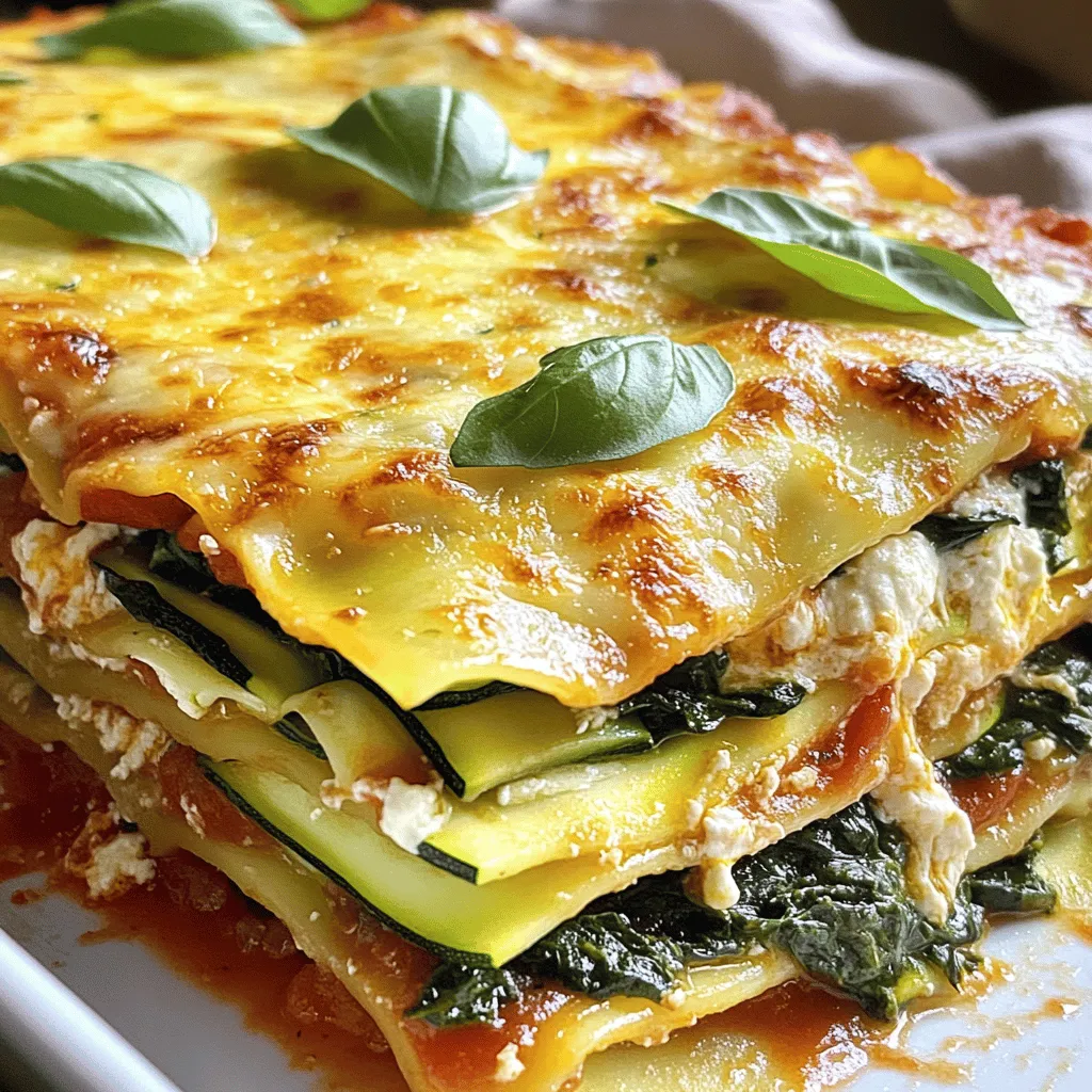 - 3 medium zucchinis, thinly sliced into rounds - 2 cups fresh spinach, tightly packed - 15 oz ricotta cheese, preferably whole milk for creaminess - 1 cup shredded mozzarella cheese, divided - 1 cup grated Parmesan cheese - 1 large egg, beaten - 2 cups marinara sauce, either homemade or your favorite store-bought variety - 2 cloves of garlic, finely minced - 1 teaspoon Italian seasoning, or to taste - Salt and freshly cracked black pepper to taste - Olive oil for cooking and drizzling - Fresh basil leaves for a vibrant garnish The main ingredients create a rich and tasty dish. Zucchini gives a nice texture and flavor. Spinach adds nutrients and color. Ricotta cheese makes it creamy and delicious. Mozzarella and Parmesan provide a cheesy topping that melts beautifully. - Red pepper flakes for heat - Chopped onions for sweetness - Mushrooms for umami depth - Other herbs like thyme or oregano Adding these ingredients can create a unique twist. They can enhance the flavor and bring new tastes to your lasagna. - Baking dish for layering - Skillet for sautéing spinach - Medium bowl for mixing ricotta - Sharp knife for slicing zucchini - Cutting board for safe preparation - Aluminum foil for covering while baking These tools will help you prep and cook efficiently. They ensure your lasagna turns out perfectly layered and cooked. For the full recipe, check the details earlier in the article. First, preheat your oven to 375°F (190°C). This step is key for a well-cooked lasagna. While it heats, gather your ingredients. You will need: - 3 medium zucchinis, thinly sliced into rounds - 2 cups fresh spinach, tightly packed - 15 oz ricotta cheese - 1 cup shredded mozzarella cheese - 1 cup grated Parmesan cheese - 1 large egg, beaten - 2 cups marinara sauce - 2 cloves garlic, finely minced - 1 teaspoon Italian seasoning - Salt and freshly cracked black pepper - Olive oil for cooking - Fresh basil leaves for garnish In a medium bowl, mix the ricotta cheese, beaten egg, grated Parmesan, and Italian seasoning. Add salt and black pepper to taste. This mixture will be creamy and flavorful. Set it aside while you work on the spinach. Heat a skillet over medium heat and drizzle in some olive oil. Add the minced garlic and cook for about one minute. Then, toss in the fresh spinach, stirring until it wilts. This should take around 2-3 minutes. Once done, mix the cooked spinach into the ricotta mixture. Stir well to combine all the flavors. Grab a baking dish and start layering. Begin with a thin layer of marinara sauce on the bottom. Next, add a layer of zucchini slices on top. Spoon half of the ricotta-spinach mixture onto the zucchini and spread it out evenly. Repeat this layering with more marinara sauce and zucchini slices. Keep going until you use all your ingredients, finishing with a final layer of zucchini. Top it off with the remaining marinara sauce and sprinkle shredded mozzarella cheese over everything. Cover the baking dish with aluminum foil to lock in moisture. Place it in the preheated oven and bake for 30 minutes. After that, take off the foil and bake for another 15 minutes. This will make the cheese bubbly and golden. When it’s ready, let the lasagna cool for about 10 minutes before slicing. Garnish each slice with fresh basil leaves for a nice touch. Enjoy this tasty and healthy dish! For the complete recipe, check the [Full Recipe]. To get the best texture in your lasagna, cut the zucchini into thin rounds. Aim for about 1/8 inch thick. This helps them cook evenly. You can use a sharp knife or a mandoline for nice, even slices. Layer them neatly in your dish. This will help every bite be full of flavor. Making your own marinara sauce is simple and fun. Start with canned tomatoes or fresh. Cook them with garlic, onion, and herbs like basil and oregano. Simmer until thick. This adds a rich taste to your lasagna. A homemade sauce can make all the difference. If you're short on time, store-bought sauce works well too. Just choose one with less sugar and good ingredients. Seasoning is key. Taste your ricotta and marinara before layering. Add salt, pepper, or Italian seasoning to match your flavor. If you want it spicy, add red pepper flakes. Always remember to taste as you go. This way, you can make it just right for you. To achieve a creamy texture, use whole milk ricotta cheese. Mix it with an egg for richness. This will help bind the layers together. For extra creaminess, add some shredded mozzarella into the ricotta mix. This will make each bite delightfully smooth and satisfying. Feel free to explore the [Full Recipe] for step-by-step guidance on creating this wholesome dish! {{image_4}} You can easily add protein to your zucchini spinach lasagna. Ground turkey or chicken works great. Just sauté the meat before mixing it into the ricotta-spinach blend. This adds flavor and makes the dish more filling. I like using about one pound of ground turkey or chicken. Cook it until brown, and drain any excess fat. Then, mix it right in with the ricotta and spinach. This simple step makes the meal heartier. If you need a gluten-free option, you can skip the noodles. Use thin zucchini slices as your layers instead. They cook perfectly and keep the dish light. Alternatively, you can find gluten-free lasagna noodles at most grocery stores. These noodles cook similarly to regular ones. Just be sure to check the package for cooking times. Both options work well and taste amazing. For a dairy-free version, try using cashew cheese or almond cheese. You can also look for store-bought dairy-free cheese. These substitutes melt nicely and still provide a creamy texture. If you want to make your own, blend soaked cashews with nutritional yeast and lemon juice. This gives a cheesy taste without using dairy. Mix this with spinach and other ingredients for a delicious dairy-free dish. For a full recipe, you can refer to the Zucchini Spinach Lasagna. After making your Zucchini Spinach Lasagna, let it cool fully. Cover it tightly with plastic wrap or aluminum foil. Store it in the fridge for up to four days. This keeps the flavors fresh and ready for your next meal. To freeze leftovers, slice the lasagna into portions. Wrap each slice in plastic wrap, then place them in a freezer bag. You can freeze it for up to three months. When you're ready to eat, just thaw in the fridge overnight before reheating. For the best texture, reheat your lasagna in the oven. Preheat to 350°F (175°C) and place the lasagna in a baking dish. Cover it with foil to keep it moist. Heat for about 20-25 minutes, or until it’s hot throughout. If you want a crispy top, remove the foil for the last 5 minutes. Enjoy your meal! Yes, you can make Zucchini Spinach Lasagna ahead of time. Prepare it up to the baking step. Cover it tightly and store it in the fridge. You can bake it later when you are ready to eat. This way, flavors meld better, and it saves time on busy days. To keep your lasagna from being watery, use salt on the zucchini slices. Let them sit for about 15 minutes to draw out extra moisture. You can also use less sauce. Ensure your cheese mixture is thick. This will help keep everything together. If you want to swap out ricotta cheese, try cottage cheese or cream cheese. Both give a nice texture and flavor. You can even use mashed tofu for a dairy-free option. Just blend it to make it smooth and creamy. Absolutely! Zucchini Spinach Lasagna is perfect for meal prep. You can portion it into containers. It keeps well in the fridge and tastes great reheated. Just make sure to let it cool before storing. To check if your lasagna is fully cooked, look for bubbling cheese. The edges should be golden brown. You can also insert a knife into the center. If it goes in easily and feels hot, it's done. Enjoy this healthy and flavorful dish with confidence! For the full recipe, see the details above. Zucchini Spinach Lasagna is a tasty dish. We covered its main and optional ingredients, plus tools you need. The step-by-step guide helps you create each layer with care. You learned useful tips for cutting and seasoning. Variations allow for protein or dietary needs. Lastly, storage tips ensure your leftovers stay great. With these insights, you’re ready to impress at your next meal. Enjoy your cooking!