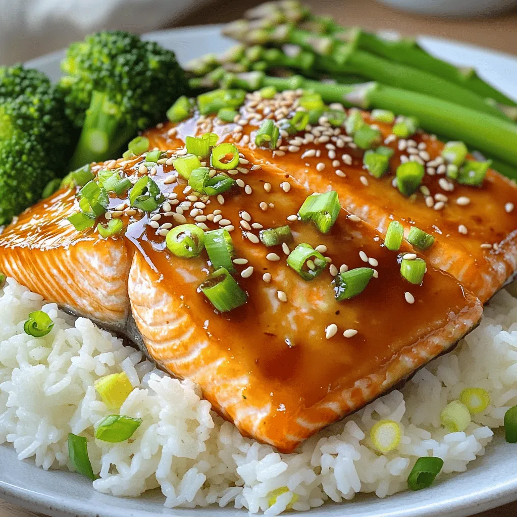 To make easy teriyaki salmon, you need fresh ingredients that pack a punch. Here’s what you’ll need: - 4 salmon fillets (approximately 6 ounces each) - 1/4 cup low-sodium soy sauce - 1/4 cup honey - 2 tablespoons rice vinegar - 1 tablespoon freshly grated ginger - 2 cloves garlic, minced - 1 tablespoon sesame oil - 2 tablespoons green onions, finely chopped (for garnish) - 1 tablespoon sesame seeds (for garnish) - Steamed rice, for serving - Steamed broccoli or asparagus, for serving These ingredients blend together to create a savory and sweet sauce. The salmon soaks up these flavors, making every bite delicious. Using low-sodium soy sauce helps keep the dish healthier without losing taste. Fresh ginger and garlic add warmth and depth to the sauce. The sweetness from honey balances the saltiness, giving you a perfect teriyaki glaze. I love serving this salmon with steamed rice and veggies. They complete the meal and look great on the plate. For the full recipe, check the detailed instructions below. First, grab a medium mixing bowl. Add these ingredients: - 1/4 cup low-sodium soy sauce - 1/4 cup honey - 2 tablespoons rice vinegar - 1 tablespoon freshly grated ginger - 2 cloves garlic, minced - 1 tablespoon sesame oil Now, whisk everything together. Keep going until the mixture is smooth and well blended. This is the tasty base for your teriyaki salmon. Next, take your salmon fillets. You should use four fillets, each about 6 ounces. Place them in a resealable plastic bag or a shallow dish. Pour half of the marinade over the salmon. Seal the bag or cover the dish tightly with plastic wrap. Let the salmon marinate in the fridge for 30 minutes to 1 hour. This step makes the salmon soak up all those delicious flavors. When you are ready to cook, preheat your oven to 400°F (200°C). This will get it hot enough to bake the salmon perfectly. After marinating, remove the salmon from the bag or dish. Place the fillets skin-side down on a baking sheet lined with parchment paper. Brush the tops of the fillets with some of the reserved marinade. Now, bake the salmon for 12 to 15 minutes. It should look opaque and flake easily with a fork. In the last 2 to 3 minutes of baking, turn on the broiler. Carefully baste the salmon with some more marinade. Broil the fillets for a few minutes until the top caramelizes. Watch closely to avoid burning. Once done, take the salmon out of the oven. Let it sit for a few minutes. This helps the juices to spread throughout the fish. Plate the salmon over steamed rice. Drizzle some pan juices on top. Finish with chopped green onions and sesame seeds. Serve it with steamed broccoli or asparagus for a colorful meal. For the full recipe, check the details above. To make the best teriyaki salmon, focus on the marinade. You can use homemade soy sauce or tamari for a gluten-free option. To change the flavor, try adding more honey for sweetness or rice vinegar for tang. You can also blend in orange juice for a fruity twist. Broiling the salmon is key for that perfect caramelization. Set your broiler to high and watch closely. For doneness, the salmon should be opaque and flake easily with a fork. If you have a food thermometer, aim for an internal temperature of 145°F. For a stunning dish, serve the salmon on a large white plate. This contrast makes the colors pop. Arrange steamed broccoli or asparagus around the salmon. Top with green onions and sesame seeds to add a burst of flavor and visual appeal. Enjoy your beautiful meal! {{image_4}} You can swap salmon for other fish. Try using trout or halibut. Both work well with teriyaki sauce. For a vegan option, use tofu or tempeh. Just marinate and cook like salmon. They soak up the flavors nicely. Want to spice things up? Add chili paste or red pepper flakes. They give a nice kick to the dish. You can also toss in extra veggies. Think bell peppers or snap peas. These add color and crunch, making your meal vibrant. You have choices when cooking teriyaki salmon. Grilling gives it a smoky flavor. Just preheat your grill and cook until flaky. If you prefer baking, follow the oven steps from the Full Recipe. For a quick method, pan-searing works great. Heat oil in a skillet, then sear the salmon skin-side down. This gives a crisp texture and keeps it juicy. To store cooked salmon, let it cool first. Place the salmon in a shallow dish. Cover it tightly with plastic wrap or foil. You can also use an airtight container. This keeps the salmon fresh for up to three days in the fridge. When reheating salmon, avoid the microwave. This often dries it out. Instead, use the oven or stovetop. To reheat, place the salmon in a preheated oven at 275°F (135°C) for about 15 minutes. This warms it gently and keeps it moist. You can also warm it in a pan with a splash of water, covered with a lid. For serving leftovers, flake the salmon over a salad or mix it into a stir-fry. You can also make salmon tacos with tortillas and fresh veggies. Yes, you can freeze teriyaki salmon! Wrap it tightly in plastic wrap, then place it in a freezer bag. This helps prevent freezer burn. It can stay frozen for up to three months. To thaw, move the salmon to the fridge for several hours or overnight. You can also use the microwave on the defrost setting. After thawing, follow the reheating instructions to warm it up. Enjoy it again with rice or veggies for a quick meal. You should marinate the salmon for 30 minutes to 1 hour. This time is perfect for the fish to soak up the flavors from the marinade. If you marinate too long, the fish can become mushy. So stick to this time frame for tasty results. Yes, you can use tamari or coconut aminos instead of soy sauce. Tamari is a great gluten-free option, while coconut aminos is lower in sodium and has a slightly sweeter taste. Both will still give you that tasty umami flavor. The recipe is not gluten-free with standard soy sauce. To make it gluten-free, simply use tamari or coconut aminos. These choices keep the dish safe for those who are gluten sensitive. Always check labels to ensure your ingredients are gluten-free. For the best meal, serve your teriyaki salmon with steamed rice and vegetables. Steamed broccoli or asparagus complement the dish perfectly. You can also add a fresh salad for a crunchy side. Enjoy the burst of flavors from these pairings. In this post, we explored the teriyaki salmon recipe, covering key ingredients and step-by-step cooking methods. You learned how to prepare a delicious marinade and the best ways to cook the salmon. I shared tips for perfecting flavor and presentation, as well as storage and reheating methods. Remember, you can adjust ingredients for your taste. Enjoy making this dish your own. With practice, you'll impress everyone with your teriyaki salmon skills. Happy cooking!
