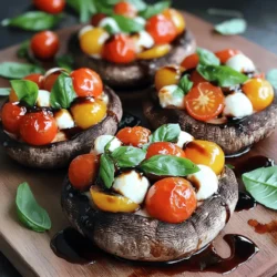 For Caprese Stuffed Portobello Mushrooms, you need fresh and simple ingredients. These flavors blend well together and create a tasty dish. - 4 large Portobello mushrooms, stems carefully removed - 1 cup cherry tomatoes, halved lengthwise - 1 cup fresh mozzarella balls, halved - 1/4 cup fresh basil leaves, finely chopped - 2 tablespoons balsamic glaze, plus extra for drizzling - 2 tablespoons extra virgin olive oil - 1 teaspoon garlic powder - Salt and freshly ground black pepper to taste - 1/4 cup breadcrumbs (optional, for added texture) These ingredients make the dish vibrant and full of flavor. The Portobello mushrooms serve as perfect cups for the filling. Cherry tomatoes add a pop of sweetness, while mozzarella brings creaminess. Fresh basil gives it a lovely aroma and taste. Don’t forget the balsamic glaze! It brings a tangy sweetness that enhances the dish. Olive oil adds richness, and garlic powder gives it a warm kick. The breadcrumbs are optional, but they add a nice crunch if you choose to use them. For the full recipe, check out the Caprese Stuffed Portobello Mushrooms . First, set your oven to 375°F (190°C). This temperature is key for making the mushrooms tender and the cheese melty. Preheating takes about 10 minutes. Next, grab your large Portobello mushrooms. Use a damp cloth to wipe off any dirt. Then, gently twist and remove the stems. Keep the caps clean and ready for stuffing. Now, let’s make the tasty filling. In a medium bowl, mix together the halved cherry tomatoes, fresh mozzarella balls, and chopped basil. Stir these ingredients carefully with a spatula. This ensures every bite is full of flavor. To add more taste, drizzle the mixture with balsamic glaze and olive oil. Sprinkle in garlic powder, salt, and pepper. Stir well again to coat everything evenly. With your filling ready, it’s time to stuff the mushrooms. Place the cleaned Portobello caps on a baking sheet lined with parchment paper. If you want a crunch, sprinkle breadcrumbs inside the caps. Spoon the filling into each mushroom cap. Make sure they are filled well. Then, pop the baking sheet into your preheated oven. Bake for 20-25 minutes. The mushrooms should be soft, and the cheese will melt perfectly. For a final touch, drizzle extra balsamic glaze on top after baking. This adds a beautiful shine and flavor. Enjoy your Caprese stuffed Portobello mushrooms! For the complete recipe, check the full recipe section. To make your Caprese stuffed Portobello mushrooms pop, focus on seasoning. Start with salt and pepper. I like to use fresh ground black pepper for a bolder taste. Garlic powder adds depth, but fresh minced garlic works too. For a zing, consider a pinch of red pepper flakes. You can also add a dash of Italian herbs for more flavor. The balsamic glaze gives a sweet touch, so drizzle generously for that perfect balance. For serving, choose a vibrant platter or a rustic wooden board. It makes the dish stand out. Place the stuffed mushrooms in a circle or a row to show them off. Before serving, garnish with extra basil leaves. A drizzle of balsamic glaze on top adds a shiny finish. This not only looks good but enhances the taste too. Serve with toothpicks for easy eating at gatherings or parties. Different ovens can cook at different rates. If your oven runs hot, check the mushrooms a few minutes early. For larger mushrooms, you might need a bit more time. If you find they aren’t tender enough, add 5 more minutes. Remember to watch for the cheese to melt and bubble. You’ll know they are ready when the mushrooms are soft and the filling looks golden brown. {{image_4}} You can change the filling for stuffed Portobello mushrooms to fit your taste. Try using roasted red peppers for a smoky flavor. Spinach adds a nice green touch, and olives give a salty bite. For a protein boost, add cooked sausage or ground turkey. If you love spice, mix in jalapeños or red pepper flakes. The options are endless, so feel free to be creative! For vegan meals, swap the mozzarella with vegan cheese or a nut-based option. You can also use avocado for creaminess. To make it gluten-free, skip the breadcrumbs or use gluten-free ones. Consider using quinoa or cauliflower rice as a base for extra fiber. These swaps allow everyone to enjoy this dish without losing flavor. Seasonal ingredients can brighten your stuffed mushrooms. In the summer, use ripe heirloom tomatoes and fresh corn. In fall, consider adding roasted butternut squash or pumpkin. Winter calls for hearty greens like kale or Swiss chard. In spring, fresh peas or asparagus can add a crisp touch. Using fresh, seasonal ingredients will enhance the taste and joy of cooking. To store your leftover Caprese stuffed Portobello mushrooms, let them cool first. Place them in an airtight container. You can keep them in the fridge for up to three days. If you want to keep them longer, consider freezing them. Wrap each mushroom in plastic wrap and then place them in a freezer-safe bag. They can last for up to two months in the freezer. When you’re ready to enjoy the leftovers, reheating is simple. If frozen, let the mushrooms thaw overnight in the fridge. To reheat, preheat your oven to 350°F (175°C). Place the mushrooms on a baking sheet. Bake for about 15 minutes. This keeps the mushrooms moist and the cheese melty. You can also use a microwave for a quicker option. Heat for about 1-2 minutes, checking to ensure they don’t become rubbery. Enjoy your flavorful delight! Yes, you can prepare these stuffed mushrooms ahead. This is a great way to save time. You can stuff the mushrooms and keep them in the fridge for up to a day. Just cover them tightly with plastic wrap or foil. When you are ready, bake them straight from the fridge. You might need to add a few extra minutes to the cooking time. This makes serving easy for parties or busy nights. These mushrooms pair well with many side dishes. Here are some tasty ideas: - A fresh green salad with mixed greens and a light dressing - Garlic bread to complement the dish's flavors - Quinoa or couscous for a hearty side - Roasted vegetables, like zucchini or bell peppers, for extra color and taste - A light pasta dish with olive oil and garlic to round out the meal You can tell the mushrooms are done by looking for a few signs. They should be tender when pierced with a fork. The cheese on top should be melted and bubbly. The mushrooms will also have a nice brown color. If the caps look wrinkled, that means they are cooked. Enjoy your Caprese stuffed Portobello mushrooms fresh from the oven for the best taste. For the full recipe, check out the details above. In this post, we explored how to make Caprese Stuffed Portobello Mushrooms. We covered the key ingredients, step-by-step instructions, and helpful tips for cooking. You learned about flavor enhancements, presentation ideas, and dietary options. Proper storage and reheating methods were also highlighted. These mushrooms make a tasty and healthy dish. Enjoy experimenting with variations, and share this delight with others!
