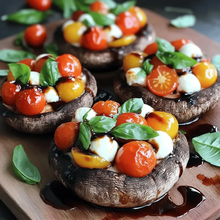 For Caprese Stuffed Portobello Mushrooms, you need fresh and simple ingredients. These flavors blend well together and create a tasty dish. - 4 large Portobello mushrooms, stems carefully removed - 1 cup cherry tomatoes, halved lengthwise - 1 cup fresh mozzarella balls, halved - 1/4 cup fresh basil leaves, finely chopped - 2 tablespoons balsamic glaze, plus extra for drizzling - 2 tablespoons extra virgin olive oil - 1 teaspoon garlic powder - Salt and freshly ground black pepper to taste - 1/4 cup breadcrumbs (optional, for added texture) These ingredients make the dish vibrant and full of flavor. The Portobello mushrooms serve as perfect cups for the filling. Cherry tomatoes add a pop of sweetness, while mozzarella brings creaminess. Fresh basil gives it a lovely aroma and taste. Don’t forget the balsamic glaze! It brings a tangy sweetness that enhances the dish. Olive oil adds richness, and garlic powder gives it a warm kick. The breadcrumbs are optional, but they add a nice crunch if you choose to use them. For the full recipe, check out the Caprese Stuffed Portobello Mushrooms . First, set your oven to 375°F (190°C). This temperature is key for making the mushrooms tender and the cheese melty. Preheating takes about 10 minutes. Next, grab your large Portobello mushrooms. Use a damp cloth to wipe off any dirt. Then, gently twist and remove the stems. Keep the caps clean and ready for stuffing. Now, let’s make the tasty filling. In a medium bowl, mix together the halved cherry tomatoes, fresh mozzarella balls, and chopped basil. Stir these ingredients carefully with a spatula. This ensures every bite is full of flavor. To add more taste, drizzle the mixture with balsamic glaze and olive oil. Sprinkle in garlic powder, salt, and pepper. Stir well again to coat everything evenly. With your filling ready, it’s time to stuff the mushrooms. Place the cleaned Portobello caps on a baking sheet lined with parchment paper. If you want a crunch, sprinkle breadcrumbs inside the caps. Spoon the filling into each mushroom cap. Make sure they are filled well. Then, pop the baking sheet into your preheated oven. Bake for 20-25 minutes. The mushrooms should be soft, and the cheese will melt perfectly. For a final touch, drizzle extra balsamic glaze on top after baking. This adds a beautiful shine and flavor. Enjoy your Caprese stuffed Portobello mushrooms! For the complete recipe, check the full recipe section. To make your Caprese stuffed Portobello mushrooms pop, focus on seasoning. Start with salt and pepper. I like to use fresh ground black pepper for a bolder taste. Garlic powder adds depth, but fresh minced garlic works too. For a zing, consider a pinch of red pepper flakes. You can also add a dash of Italian herbs for more flavor. The balsamic glaze gives a sweet touch, so drizzle generously for that perfect balance. For serving, choose a vibrant platter or a rustic wooden board. It makes the dish stand out. Place the stuffed mushrooms in a circle or a row to show them off. Before serving, garnish with extra basil leaves. A drizzle of balsamic glaze on top adds a shiny finish. This not only looks good but enhances the taste too. Serve with toothpicks for easy eating at gatherings or parties. Different ovens can cook at different rates. If your oven runs hot, check the mushrooms a few minutes early. For larger mushrooms, you might need a bit more time. If you find they aren’t tender enough, add 5 more minutes. Remember to watch for the cheese to melt and bubble. You’ll know they are ready when the mushrooms are soft and the filling looks golden brown. {{image_4}} You can change the filling for stuffed Portobello mushrooms to fit your taste. Try using roasted red peppers for a smoky flavor. Spinach adds a nice green touch, and olives give a salty bite. For a protein boost, add cooked sausage or ground turkey. If you love spice, mix in jalapeños or red pepper flakes. The options are endless, so feel free to be creative! For vegan meals, swap the mozzarella with vegan cheese or a nut-based option. You can also use avocado for creaminess. To make it gluten-free, skip the breadcrumbs or use gluten-free ones. Consider using quinoa or cauliflower rice as a base for extra fiber. These swaps allow everyone to enjoy this dish without losing flavor. Seasonal ingredients can brighten your stuffed mushrooms. In the summer, use ripe heirloom tomatoes and fresh corn. In fall, consider adding roasted butternut squash or pumpkin. Winter calls for hearty greens like kale or Swiss chard. In spring, fresh peas or asparagus can add a crisp touch. Using fresh, seasonal ingredients will enhance the taste and joy of cooking. To store your leftover Caprese stuffed Portobello mushrooms, let them cool first. Place them in an airtight container. You can keep them in the fridge for up to three days. If you want to keep them longer, consider freezing them. Wrap each mushroom in plastic wrap and then place them in a freezer-safe bag. They can last for up to two months in the freezer. When you’re ready to enjoy the leftovers, reheating is simple. If frozen, let the mushrooms thaw overnight in the fridge. To reheat, preheat your oven to 350°F (175°C). Place the mushrooms on a baking sheet. Bake for about 15 minutes. This keeps the mushrooms moist and the cheese melty. You can also use a microwave for a quicker option. Heat for about 1-2 minutes, checking to ensure they don’t become rubbery. Enjoy your flavorful delight! Yes, you can prepare these stuffed mushrooms ahead. This is a great way to save time. You can stuff the mushrooms and keep them in the fridge for up to a day. Just cover them tightly with plastic wrap or foil. When you are ready, bake them straight from the fridge. You might need to add a few extra minutes to the cooking time. This makes serving easy for parties or busy nights. These mushrooms pair well with many side dishes. Here are some tasty ideas: - A fresh green salad with mixed greens and a light dressing - Garlic bread to complement the dish's flavors - Quinoa or couscous for a hearty side - Roasted vegetables, like zucchini or bell peppers, for extra color and taste - A light pasta dish with olive oil and garlic to round out the meal You can tell the mushrooms are done by looking for a few signs. They should be tender when pierced with a fork. The cheese on top should be melted and bubbly. The mushrooms will also have a nice brown color. If the caps look wrinkled, that means they are cooked. Enjoy your Caprese stuffed Portobello mushrooms fresh from the oven for the best taste. For the full recipe, check out the details above. In this post, we explored how to make Caprese Stuffed Portobello Mushrooms. We covered the key ingredients, step-by-step instructions, and helpful tips for cooking. You learned about flavor enhancements, presentation ideas, and dietary options. Proper storage and reheating methods were also highlighted. These mushrooms make a tasty and healthy dish. Enjoy experimenting with variations, and share this delight with others!