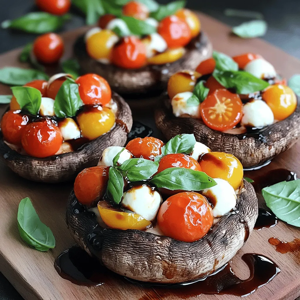 For Caprese Stuffed Portobello Mushrooms, you need fresh and simple ingredients. These flavors blend well together and create a tasty dish. - 4 large Portobello mushrooms, stems carefully removed - 1 cup cherry tomatoes, halved lengthwise - 1 cup fresh mozzarella balls, halved - 1/4 cup fresh basil leaves, finely chopped - 2 tablespoons balsamic glaze, plus extra for drizzling - 2 tablespoons extra virgin olive oil - 1 teaspoon garlic powder - Salt and freshly ground black pepper to taste - 1/4 cup breadcrumbs (optional, for added texture) These ingredients make the dish vibrant and full of flavor. The Portobello mushrooms serve as perfect cups for the filling. Cherry tomatoes add a pop of sweetness, while mozzarella brings creaminess. Fresh basil gives it a lovely aroma and taste. Don’t forget the balsamic glaze! It brings a tangy sweetness that enhances the dish. Olive oil adds richness, and garlic powder gives it a warm kick. The breadcrumbs are optional, but they add a nice crunch if you choose to use them. For the full recipe, check out the Caprese Stuffed Portobello Mushrooms . First, set your oven to 375°F (190°C). This temperature is key for making the mushrooms tender and the cheese melty. Preheating takes about 10 minutes. Next, grab your large Portobello mushrooms. Use a damp cloth to wipe off any dirt. Then, gently twist and remove the stems. Keep the caps clean and ready for stuffing. Now, let’s make the tasty filling. In a medium bowl, mix together the halved cherry tomatoes, fresh mozzarella balls, and chopped basil. Stir these ingredients carefully with a spatula. This ensures every bite is full of flavor. To add more taste, drizzle the mixture with balsamic glaze and olive oil. Sprinkle in garlic powder, salt, and pepper. Stir well again to coat everything evenly. With your filling ready, it’s time to stuff the mushrooms. Place the cleaned Portobello caps on a baking sheet lined with parchment paper. If you want a crunch, sprinkle breadcrumbs inside the caps. Spoon the filling into each mushroom cap. Make sure they are filled well. Then, pop the baking sheet into your preheated oven. Bake for 20-25 minutes. The mushrooms should be soft, and the cheese will melt perfectly. For a final touch, drizzle extra balsamic glaze on top after baking. This adds a beautiful shine and flavor. Enjoy your Caprese stuffed Portobello mushrooms! For the complete recipe, check the full recipe section. To make your Caprese stuffed Portobello mushrooms pop, focus on seasoning. Start with salt and pepper. I like to use fresh ground black pepper for a bolder taste. Garlic powder adds depth, but fresh minced garlic works too. For a zing, consider a pinch of red pepper flakes. You can also add a dash of Italian herbs for more flavor. The balsamic glaze gives a sweet touch, so drizzle generously for that perfect balance. For serving, choose a vibrant platter or a rustic wooden board. It makes the dish stand out. Place the stuffed mushrooms in a circle or a row to show them off. Before serving, garnish with extra basil leaves. A drizzle of balsamic glaze on top adds a shiny finish. This not only looks good but enhances the taste too. Serve with toothpicks for easy eating at gatherings or parties. Different ovens can cook at different rates. If your oven runs hot, check the mushrooms a few minutes early. For larger mushrooms, you might need a bit more time. If you find they aren’t tender enough, add 5 more minutes. Remember to watch for the cheese to melt and bubble. You’ll know they are ready when the mushrooms are soft and the filling looks golden brown. {{image_4}} You can change the filling for stuffed Portobello mushrooms to fit your taste. Try using roasted red peppers for a smoky flavor. Spinach adds a nice green touch, and olives give a salty bite. For a protein boost, add cooked sausage or ground turkey. If you love spice, mix in jalapeños or red pepper flakes. The options are endless, so feel free to be creative! For vegan meals, swap the mozzarella with vegan cheese or a nut-based option. You can also use avocado for creaminess. To make it gluten-free, skip the breadcrumbs or use gluten-free ones. Consider using quinoa or cauliflower rice as a base for extra fiber. These swaps allow everyone to enjoy this dish without losing flavor. Seasonal ingredients can brighten your stuffed mushrooms. In the summer, use ripe heirloom tomatoes and fresh corn. In fall, consider adding roasted butternut squash or pumpkin. Winter calls for hearty greens like kale or Swiss chard. In spring, fresh peas or asparagus can add a crisp touch. Using fresh, seasonal ingredients will enhance the taste and joy of cooking. To store your leftover Caprese stuffed Portobello mushrooms, let them cool first. Place them in an airtight container. You can keep them in the fridge for up to three days. If you want to keep them longer, consider freezing them. Wrap each mushroom in plastic wrap and then place them in a freezer-safe bag. They can last for up to two months in the freezer. When you’re ready to enjoy the leftovers, reheating is simple. If frozen, let the mushrooms thaw overnight in the fridge. To reheat, preheat your oven to 350°F (175°C). Place the mushrooms on a baking sheet. Bake for about 15 minutes. This keeps the mushrooms moist and the cheese melty. You can also use a microwave for a quicker option. Heat for about 1-2 minutes, checking to ensure they don’t become rubbery. Enjoy your flavorful delight! Yes, you can prepare these stuffed mushrooms ahead. This is a great way to save time. You can stuff the mushrooms and keep them in the fridge for up to a day. Just cover them tightly with plastic wrap or foil. When you are ready, bake them straight from the fridge. You might need to add a few extra minutes to the cooking time. This makes serving easy for parties or busy nights. These mushrooms pair well with many side dishes. Here are some tasty ideas: - A fresh green salad with mixed greens and a light dressing - Garlic bread to complement the dish's flavors - Quinoa or couscous for a hearty side - Roasted vegetables, like zucchini or bell peppers, for extra color and taste - A light pasta dish with olive oil and garlic to round out the meal You can tell the mushrooms are done by looking for a few signs. They should be tender when pierced with a fork. The cheese on top should be melted and bubbly. The mushrooms will also have a nice brown color. If the caps look wrinkled, that means they are cooked. Enjoy your Caprese stuffed Portobello mushrooms fresh from the oven for the best taste. For the full recipe, check out the details above. In this post, we explored how to make Caprese Stuffed Portobello Mushrooms. We covered the key ingredients, step-by-step instructions, and helpful tips for cooking. You learned about flavor enhancements, presentation ideas, and dietary options. Proper storage and reheating methods were also highlighted. These mushrooms make a tasty and healthy dish. Enjoy experimenting with variations, and share this delight with others!