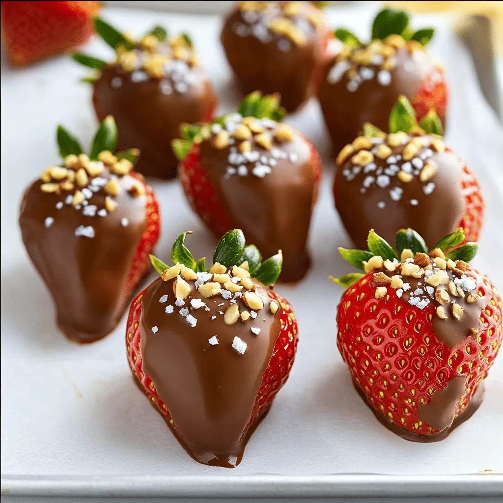 - 1 pound fresh strawberries - 8 ounces semi-sweet chocolate chips - 1 tablespoon coconut oil (optional) - Sea salt or crushed nuts (optional toppings) To make easy chocolate covered strawberries, gather your ingredients first. The main star is fresh strawberries. Look for bright red, firm berries without any bruises. You want them clean and dry to help the chocolate stick well. Next, you need semi-sweet chocolate chips. These chips melt smoothly and taste great. If you want a shiny finish, add a tablespoon of coconut oil. It’s optional, but it can give a nice gloss. Lastly, consider toppings. Sea salt adds a nice touch of flavor. Crushed nuts give a crunch that complements the soft fruit. You can mix and match these ingredients based on your taste. For the full recipe, check out the details provided earlier. Happy dipping! To make great chocolate-covered strawberries, start with fresh berries. Look for strawberries that are bright red and firm. Avoid any that are mushy or have dark spots. You want strawberries that will hold up well when dipped. Once you have your strawberries, wash them gently. After washing, dry them completely. This step is key! If any moisture remains, the chocolate won’t stick properly. Use a clean paper towel to pat them dry. Next, let’s melt the chocolate. Use a microwave-safe bowl for this. Add your chocolate chips to the bowl. If you want a shiny finish, add the coconut oil too. Microwave the bowl in 30-second bursts. Stir between each burst. This helps the chocolate melt evenly. Be careful not to overheat it. Overcooked chocolate can turn grainy and lose its smoothness. Now, it’s time to dip! Hold each strawberry by its stem. Dip it into the melted chocolate. Let any extra chocolate drip back into the bowl. Place the dipped strawberries on a parchment-lined baking sheet. Make sure they have space between them to avoid sticking. While the chocolate is still soft, you can add toppings. A sprinkle of sea salt or crushed nuts adds great flavor. After that, place the baking sheet in the fridge. Let the strawberries chill for about 30 minutes until the chocolate sets. Enjoy your delicious chocolate-covered strawberries! For the full recipe, check the earlier section. When making chocolate-covered strawberries, choose high-quality chocolate. Look for semi-sweet chocolate chips with a rich flavor. Brands that contain cocoa butter work best. You can also try dark chocolate for a bolder taste. For the strawberries, fresh is key. Pick bright red strawberries with no blemishes. They should feel firm and smell sweet. This ensures great taste and texture in your treat. Serve your chocolate-covered strawberries on a pretty platter for a lovely display. Drizzle some extra melted chocolate over them for flair. You can also set them in a glass bowl or on a cake stand. Pair them with dessert wine or coffee for a tasty combo. If you want a fun twist, add a scoop of vanilla ice cream on the side. One common issue is chocolate not sticking to the strawberries. This happens if they are wet. Always make sure your strawberries are dry before dipping. Overheating chocolate is another problem. Heat it slowly in 30-second intervals, stirring often. If it gets too hot, it can become grainy. If this happens, you can add a tiny bit of coconut oil to smooth it out. {{image_4}} You can choose between dark chocolate and white chocolate. Dark chocolate is rich and slightly bitter. It pairs well with the sweetness of strawberries. White chocolate is sweeter and creamier. It offers a nice contrast to the tartness of the berries. You can also try flavor-infused chocolate. Look for chocolate with hints of orange, mint, or sea salt. These add a unique twist to your treat. Experiment with different chocolates to find your favorite. There are many toppings to make your strawberries special. You can use crushed nuts, sprinkles, or coconut flakes. Each topping adds flavor and texture. If it is a special occasion, try seasonal decorations. For example, red and green sprinkles for Christmas or pastel colors for Easter. If you want a healthier option, consider using sugar-free chocolate. Many brands offer tasty sugar-free choices that still melt well. They keep the chocolate flavor without the extra sugar. You can also cover other fruits in chocolate. Bananas, pineapples, and pretzels work great too. Each fruit brings a new taste and fun to your chocolate-covered snack. Don't forget to check the Full Recipe for more ideas! To keep your chocolate-covered strawberries fresh, follow these steps: - Place them in a single layer in an airtight container. - Use parchment paper between layers if stacking is needed. - Keep them in the fridge, away from strong odors. - Do not wash them after dipping; moisture affects quality. Chocolate-covered strawberries last about 1-2 days in the fridge. To prevent spoilage: - Eat them fresh for the best taste. - Avoid leaving them at room temperature for long. - Check for any signs of moisture or melting chocolate. Can you freeze chocolate-covered strawberries? Yes, but with care. To freeze them: - Place the strawberries on a baking sheet in a single layer. - Freeze them for about 2 hours until firm. - Then transfer to a freezer-safe container or bag. To thaw: - Put them in the fridge for a few hours before serving. - Enjoy them quickly, as freezing may change the texture. For the full recipe, check out the Luscious Chocolate Drenched Strawberries. To make chocolate-covered strawberries, follow these simple steps: 1. Prep the strawberries: Wash and dry 1 pound of fresh strawberries. 2. Melt the chocolate: Combine 8 ounces of semi-sweet chocolate chips and 1 tablespoon of coconut oil in a bowl. Microwave in 30-second bursts until smooth. 3. Dip the strawberries: Hold each strawberry by the stem and dip it into the melted chocolate. Let excess chocolate drip off. 4. Add toppings: If desired, sprinkle sea salt or crushed nuts on the chocolate while it's still wet. 5. Chill: Place the dipped strawberries on parchment paper. Refrigerate for about 30 minutes to let the chocolate set. 6. Serve: Enjoy your beautiful chocolate-covered strawberries! For the full recipe, check the earlier sections. For dipping, semi-sweet chocolate works great due to its balanced taste. It provides a nice sweetness without being overpowering. Other good options include: - Dark chocolate: Rich and slightly bitter, perfect for chocolate lovers. - Milk chocolate: Creamy and sweet, ideal for those who prefer a mild flavor. - White chocolate: Sweet and smooth, great for a different taste. Choose chocolate that melts well and suits your taste. Yes, you can use many fruits instead of strawberries! Here are some tasty alternatives: - Bananas: Slice them and dip for a fun treat. - Pineapple: Fresh pineapple chunks add a tropical twist. - Apple slices: Crisp and refreshing, they hold chocolate well. - Orange segments: Their zesty flavor pairs nicely with chocolate. - Raspberries: Small and tart, perfect for a bite-sized treat. Feel free to experiment with your favorite fruits! You now have a clear guide to make chocolate-covered strawberries. We covered ingredients, step-by-step instructions, tips, variations, storage, and FAQs. Experiment with different chocolates and toppings to find what you love. Remember, fresh ingredients make all the difference. Enjoy this delightful treat with family or friends. You’ll impress everyone with your skills. Happy dipping!