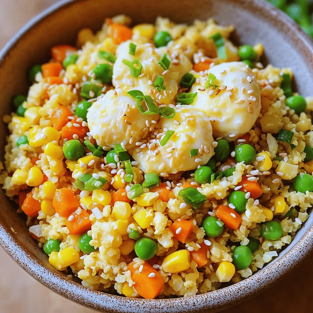 - 1 medium head of cauliflower (riced) - 2 tablespoons sesame oil - 1 small onion (finely chopped) - 2 garlic cloves (minced) - 1 cup mixed vegetables (diced carrots, peas, corn) - 2 green onions (chopped) - 2 large eggs (lightly beaten) - 3 tablespoons low-sodium soy sauce - 1 teaspoon freshly grated ginger - Salt and pepper (to taste) - Optional: sesame seeds for garnish When making cauliflower fried rice, fresh ingredients play a big role. Start with a medium head of cauliflower. Rice it yourself for the best texture. You can use a food processor to make this quick. Or, buy pre-riced cauliflower for ease. Use sesame oil for a nutty flavor. It adds lots of depth to the dish. Onions and garlic bring great taste, too. They make the base of your fried rice. Don't skip them! For the mixed vegetables, use what you like. Carrots, peas, and corn work well together. You can add bell peppers or green beans for more color. Next, add eggs for protein. They also help bind everything together. Low-sodium soy sauce gives the dish a savory kick. Fresh ginger elevates the taste with a hint of spice. Lastly, season with salt and pepper to your liking. You can garnish with sesame seeds for extra crunch. This recipe is simple yet full of flavors. Check out the Full Recipe for the complete guide! Start by rinsing your cauliflower under cold water. This step is key for freshness. Remove the leaves and cut the cauliflower into smaller florets. Using a food processor, pulse the florets until they look like rice. If you're short on time, you can use pre-riced cauliflower for an easy option. Grab a large skillet or wok and heat sesame oil over medium heat. Once hot, add the finely chopped onion and minced garlic. Sauté them for about two to three minutes until the onion looks clear and smells good. Next, toss in your mixed vegetables. Cook them for three to four minutes, stirring often, until they are tender but still bright in color. Now, push the veggies to one side of the skillet. Pour the beaten eggs into the empty space. Scramble the eggs gently until they are cooked, then mix them with the vegetables. Now it’s time to add the riced cauliflower to the skillet. Toss it with the vegetable and egg mix. Drizzle in the low-sodium soy sauce and sprinkle the freshly grated ginger over the top. Stir-fry everything for five to seven minutes. Keep tossing until the cauliflower is tender but not mushy. Season with salt and pepper to taste. Finally, stir in the chopped green onions to add a fresh touch. For the full recipe, check out the detailed instructions above. Adjust the seasonings to match your taste. If you want a kick, add chili flakes. They bring heat and excitement to your dish. Don't be afraid to experiment with other spices like garlic powder or turmeric. Each spice adds a unique twist to your cauliflower fried rice. To keep the best texture, avoid overcooking the cauliflower. Cook it just until tender. Stir regularly to ensure even cooking. This way, every bite is just right, not mushy. You want a nice, fluffy texture, similar to traditional fried rice. Serve your cauliflower fried rice in individual bowls. This makes each serving look special. For garnish, sprinkle sesame seeds on top. They add a great crunch and visual appeal. You can also add extra chopped green onions for a fresh pop of color. Enjoy making your dish as appealing as it is tasty! {{image_4}} You can easily make cauliflower fried rice vegetarian. Simply substitute the eggs with tofu or chickpeas. Tofu adds protein and absorbs flavors well. Chickpeas give a nice crunch and a hearty feel. You can also add more vegetables like bell peppers or zucchini. These add color and texture, making the dish even more appealing. For those who want extra protein, include cooked chicken, shrimp, or beef. Each option brings its unique taste and texture. You can also explore different sauces to vary the flavors. Try teriyaki, oyster sauce, or even a spicy chili sauce. These sauces can elevate your dish, making it more exciting and delicious. If you want to experiment, try other low-carb vegetables as rice substitutes. Zucchini noodles or broccoli rice can work well in this dish. You can also explore different seasonings to match any cuisine. For a Mexican twist, add cumin and cilantro. For an Italian flair, try adding basil and oregano. The options are endless! For the full recipe, check out the [Full Recipe]. To store leftover cauliflower fried rice, let it cool first. Place it in an airtight container. This helps keep it fresh. Store it in the fridge for up to four days. If you use a glass container, it often seals better than plastic. Always check for any signs of spoilage before eating. Freezing cauliflower fried rice is easy. First, let it cool completely. Then, pack it tightly in freezer-safe bags or containers. Remove as much air as possible to prevent freezer burn. You can freeze it for up to three months. Label the bags with the date for easy tracking. To reheat, use the microwave or a skillet. For the microwave, warm it on medium heat. Stir halfway through to heat evenly. In a skillet, add a splash of water or broth to keep it moist. Stir it often to prevent sogginess. Use a lid to help steam the rice. Enjoy your meal by keeping flavors bright and fresh! To boost the flavor of your cauliflower fried rice, consider adding soy sauce, sesame oil, or fresh herbs. You can also stir in a splash of rice vinegar for tang. For heat, sprinkle in some chili flakes or sriracha. Adding garlic and ginger enhances the taste, too. Experiment with different spices like cumin or paprika for a twist. Yes, you can use frozen cauliflower rice. It saves time and is easy to find. Just thaw and drain excess water before cooking. Fresh cauliflower has a firmer texture, while frozen may be softer. Both options work well, but fresh gives a better bite. To make it vegan, skip the eggs and use tofu instead. Crumble firm tofu into the mix. You can also use chickpeas for protein. For extra flavor, add nutritional yeast or vegan soy sauce. This keeps the dish tasty and filling without animal products. Cauliflower is low in calories and high in fiber. It has vitamins C, K, and B6. This veggie helps with weight loss and digestion. Plus, it has antioxidants that may lower cancer risk. Adding cauliflower to your diet can boost your health overall. Yes, you can use other oils like olive oil or avocado oil. Each oil brings different flavors. Olive oil gives a fruity taste, while avocado oil has a mild flavor. Choose an oil based on your taste and what you have on hand. In this article, we explored how to make delicious cauliflower fried rice. We covered main ingredients, cooking steps, and helpful tips. You learned how to enhance flavors and store leftovers properly. Cauliflower rice is a nutritious and tasty option for meals. Try different veggies or proteins to mix it up. This dish fits well into a healthy plan and is great for meal prep. Enjoy making this quick and easy meal that your whole family will love!