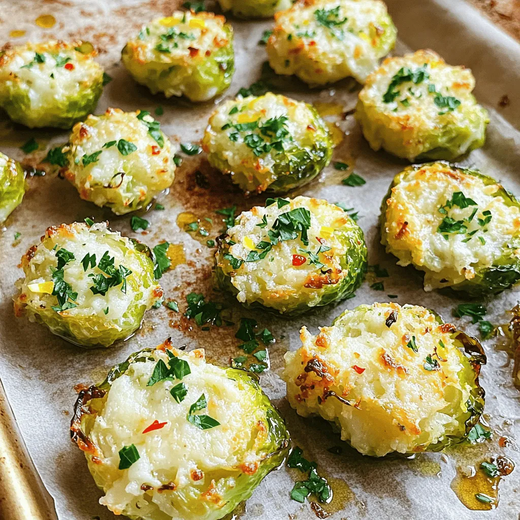 - 1 lb Brussels sprouts, trimmed - 3 tablespoons olive oil - 4 cloves garlic, finely minced - 1/2 cup freshly grated Parmesan cheese - 1 teaspoon red pepper flakes - Salt and pepper to taste - Zest from 1 lemon - Fresh parsley, finely chopped I love using fresh Brussels sprouts for this dish. They bring a nice crunch and great flavor. You can find them in most grocery stores. Make sure they are bright green and firm. The olive oil adds richness and helps them crisp up in the oven. Garlic gives a lovely aroma and taste. For toppings, I always choose freshly grated Parmesan cheese. It melts beautifully and adds a savory note. Red pepper flakes give a slight heat, which I enjoy. Do not forget the salt and pepper to enhance all the flavors. If you want to take it up a notch, try using lemon zest. It brightens the dish and adds a fresh twist. Chopped parsley makes a lovely garnish and adds color. This dish is not just about taste; it’s also about how it looks on the plate. For the complete recipe, check out the Full Recipe linked above. - Preheat your oven to 400°F (200°C). - Boil salted water and cook Brussels sprouts until tender. Start by preheating your oven. This step is key for achieving that crispy texture. While the oven heats, grab a large pot and fill it with salted water. Bring it to a boil. Once it bubbles, add the trimmed Brussels sprouts. Cook them for about 8-10 minutes. You want them tender but still bright green. This ensures they retain their flavor and nutrients. - Drain and cool Brussels sprouts. - Smash each Brussels sprout using a mug or spatula. After boiling, drain the Brussels sprouts in a colander. Let them cool for a few minutes. This helps you handle them without burning your fingers. Once cooled, place them on a lined baking sheet. Use the bottom of a sturdy mug or a flat spatula to smash each sprout. Aim to flatten them to about half an inch thick. This smashing creates more surface area, which leads to crispiness when roasting. - Drizzle olive oil and season the smashed sprouts. - Roast in the oven and add Parmesan for the final crisp. Next, drizzle about two tablespoons of olive oil over the smashed sprouts. Sprinkle them with salt, pepper, and red pepper flakes for a bit of heat. Add the minced garlic too. Toss them gently to coat. Now, place the baking sheet in your preheated oven. Roast for 20-25 minutes. Check for a golden brown color and crisp edges. After roasting, sprinkle grated Parmesan cheese on top. Return to the oven for another 5 minutes. This melts the cheese and gives it a crunchy finish. For more details, check the Full Recipe for Crispy Smashed Brussels Sprouts with Garlic & Parmesan. To get that crispy texture, roast your Brussels sprouts at 400°F (200°C). This high heat makes them golden and crunchy. Cook them for about 20-25 minutes, flipping halfway through. Spacing is key! Place the sprouts on the baking sheet with room in between. This allows hot air to circulate and crisps them up. For extra flavor, you can add spices like smoked paprika or cumin. These will give your sprouts a unique twist. Adding acidity can brighten the dish. A little lemon zest works wonders. It balances the rich flavors and brings freshness. Serve these smashed Brussels sprouts with grilled chicken or salmon for a full meal. They also pair well with quinoa or rice. For a fun presentation, arrange them on a large platter. You can add lemon wedges on the side for an extra zesty touch. Enjoy sharing this dish with friends and family! {{image_4}} You can make this dish even tastier by adding bacon or pancetta. The salty, savory flavor pairs perfectly with Brussels sprouts. If you're looking for vegan options, consider using nutritional yeast instead of cheese. For oil, you can swap in avocado oil. Both choices keep the dish flavorful while catering to different diets. Changing up the cheese can add a new twist. Feta offers a tangy taste, while cheddar provides a rich flavor. You can also toss in some nuts or seeds for crunch. Pine nuts or sunflower seeds add texture and enhance the dish's appeal. Air frying is a great method for a healthier version. It cuts down on oil while keeping that crispy texture. Grilling gives a smoky flavor that can elevate the dish. Both methods change the taste while keeping the essence of smashed Brussels sprouts intact. For the Full Recipe, refer back to the main section of this article. To keep your smashed Brussels sprouts fresh, store them in an airtight container. Place them in the fridge. They will stay good for about three days. When you reheat them, use the oven or an air fryer. This helps keep them crispy. Avoid using the microwave, as it makes them soggy. Bake at 350°F (175°C) for about 10 minutes. If using an air fryer, heat them at 375°F (190°C) for 5-7 minutes. This way, they regain their crunch. If you have extra Brussels sprouts, you can freeze them. First, let them cool completely. Then, place them in a freezer bag. Try to remove as much air as possible before sealing. You can freeze them for up to three months. When you are ready to cook, you can bake them from frozen. Just add an extra 5-10 minutes to your cooking time. Check for crispiness as they cook. In the fridge, your smashed Brussels sprouts last about three days. If frozen, they last up to three months. Always check for signs of spoilage. If they smell bad or look slimy, it’s best to throw them away. Freshness matters, and you want to enjoy every bite of your delicious dish. Want the full recipe? Check it out! Yes, you can use frozen Brussels sprouts. However, fresh sprouts taste best. Frozen ones may be softer. If you use frozen, thaw them first. Pat them dry to avoid excess water. This helps keep them crispy. Brussels sprouts are very healthy. They are low in calories but high in fiber. They also have vitamins C and K. These vitamins help your immune system and bones. Plus, they contain antioxidants, which are good for your health. Eating Brussels sprouts may help reduce inflammation. To make this recipe gluten-free, check your ingredients. Olive oil, garlic, and Brussels sprouts are naturally gluten-free. Parmesan cheese is also fine. Just make sure the cheese is labeled gluten-free. Avoid any bread crumbs or sauces that may contain gluten. Smashed Brussels sprouts pair well with many dishes. You can serve them with grilled chicken or steak. They also go nicely with fish. For a vegetarian option, try serving them with quinoa or a hearty salad. Add a wedge of lemon for a fresh touch. Smashed Brussels sprouts are easy and fun to make. We covered the key ingredients like fresh sprouts, olive oil, and garlic, plus tasty toppings. I shared step-by-step instructions for the best texture and flavor. Don’t forget about the many variations you can try, from cooking methods to different cheeses. Experimenting with flavors and spices can make this dish your own. Whether you keep it classic or switch it up, enjoy every bite!