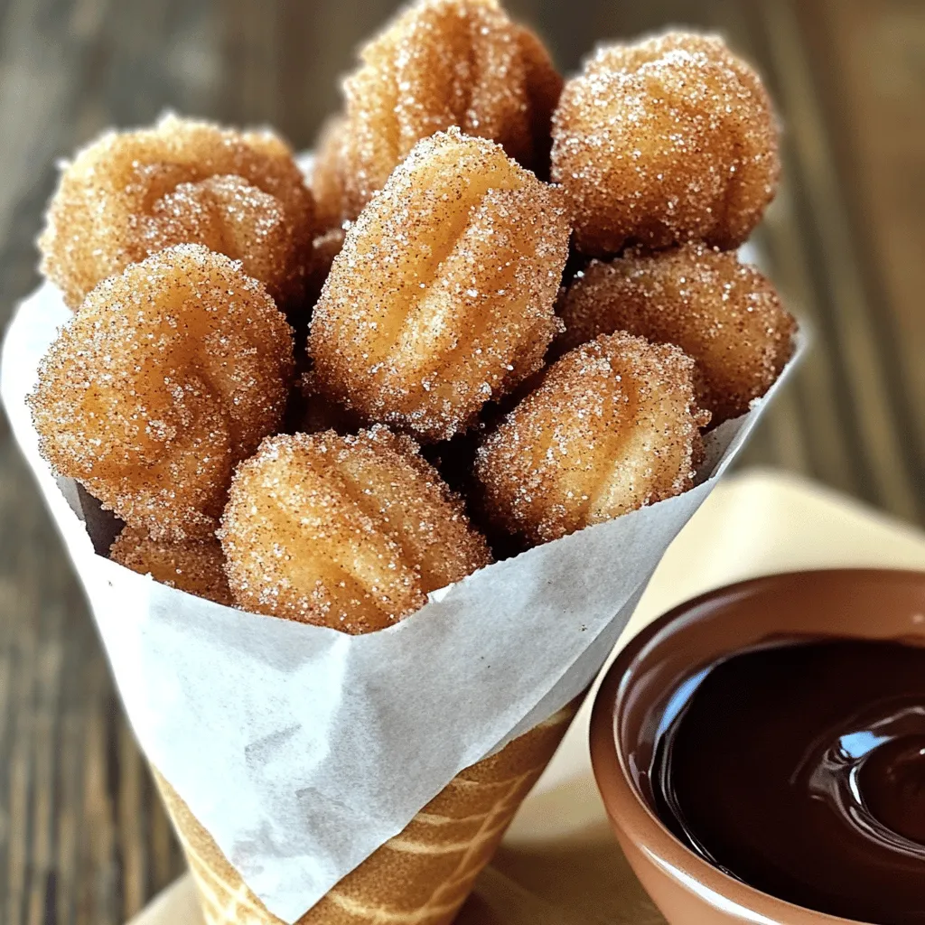 To make these tasty cinnamon sugar churro bites, gather the following ingredients: - 1 cup water - 1/2 cup unsalted butter - 2 tablespoons granulated sugar - 1/4 teaspoon salt - 1 cup all-purpose flour - 2 large eggs - 1 teaspoon vanilla extract - Vegetable or canola oil for frying - 1/2 cup granulated sugar (for coating) - 2 teaspoons ground cinnamon These ingredients create a rich dough that fries up perfectly. The butter adds flavor, while the vanilla gives a lovely aroma. The cinnamon-sugar coating makes each bite sweet and irresistible. Using fresh ingredients helps you get the best taste. Always measure carefully for the right texture. If you want to try a twist, you can mix in some cocoa powder for a chocolate flavor. But stick to the basics for your first try. For the full recipe, check out my detailed instructions later on. Enjoy the crunchy, sweet goodness of these churro bites! - In a medium saucepan, combine 1 cup of water, 1/2 cup of unsalted butter, 2 tablespoons of granulated sugar, and 1/4 teaspoon of salt. - Place this over medium heat. Stir until the butter melts and the mixture boils gently. - Once it boils, reduce the heat to low. Add 1 cup of all-purpose flour all at once. Stir vigorously with a wooden spoon. - Keep stirring until the dough forms a smooth ball that pulls away from the sides. This takes about 1-2 minutes. - Remove the saucepan from heat and let the dough cool for about 5 minutes. - After cooling, add 2 large eggs one at a time. Stir well after each egg. - Mix until the dough is smooth and glossy. Add 1 teaspoon of vanilla extract and mix until combined. - In a deep pot or fryer, heat the oil to 350°F (175°C). - Prepare a piping bag with a star tip. Transfer the churro dough into the bag. - Pipe bite-sized pieces, about 2 inches long, into the hot oil. Cut them off with scissors. - Fry for 2-3 minutes on each side until golden brown. - Once fried, remove the churro bites from the oil. Drain them on paper towels to absorb excess oil. - In a shallow bowl, mix 1/2 cup of granulated sugar and 2 teaspoons of ground cinnamon. - While the churro bites are still warm, roll them in the cinnamon-sugar mixture until fully coated. For the full details of this recipe, check out the [Full Recipe]. To make the best churro bites, pay close attention to the oil temperature. Heat your oil to 350°F (175°C). A thermometer helps ensure your oil is just right. If it’s too cold, the churros will soak up oil. If it’s too hot, they will burn quickly. Next, let’s talk about piping. Use a piping bag with a star tip. This helps create those classic churro shapes. Cut the dough into 2-inch pieces when piping. Keep your hands steady for even sizes. This makes your churro bites look nicer and cook evenly. Presenting your churro bites can be fun! Try serving them in a small basket or cone. Line it with parchment paper for a cute touch. You can also sprinkle some extra cinnamon sugar on top for flair. For dips, chocolate and caramel sauces are great choices. Serve them warm for an extra treat. You can even add a fruit sauce for a fresh twist. This makes your churro bites even more enjoyable! {{image_4}} You can make your churro bites even more fun by adding new flavors. Try mixing in cocoa powder to create a rich chocolate flavor. Start with 2 tablespoons of cocoa powder when you add the flour. This gives your churros a deep, sweet taste. Another great option is to use flavored extracts. Instead of vanilla, add almond or orange extract for a unique twist. Just one teaspoon will give a nice hint of flavor. Experimenting with these options can surprise your taste buds! Churro bites are great on their own, but pairing them with ice cream is a game changer. A scoop of vanilla or chocolate ice cream makes a perfect match. The warm churros and cold ice cream create a delightful contrast. You can also create a churro dessert board. Arrange your churro bites on a platter. Add small bowls of chocolate sauce, caramel sauce, and whipped cream for dipping. This makes a fun, shareable treat for parties or family gatherings. For the full recipe, check out my detailed guide on making these tasty bites! To keep your cinnamon sugar churro bites fresh, follow these simple steps: - Best practices for refrigeration: Place leftover churro bites in an airtight container. Store them in the fridge. They stay good for up to 3 days. Always let them cool before sealing. This helps prevent sogginess. - How to freeze churro bites: For longer storage, freeze churro bites. Arrange them in a single layer on a baking sheet. Freeze until solid, then transfer to a freezer-safe bag. They can last up to 2 months. Just remember to label the bag with the date. When it’s time to enjoy those churro bites again, reheating is key for great taste: - Cooking methods for best texture retention: The best way to reheat churro bites is in an air fryer. Set it to 350°F (175°C). Heat for about 3-5 minutes. This keeps them crisp without drying them out. You can also use an oven at the same temperature. - Avoiding sogginess: Avoid microwaving churro bites, as they can turn soggy. If you must use a microwave, do it for only a short time and cover them with a paper towel. This traps heat but also helps keep some crispness. To make churro dough, start by boiling water, butter, sugar, and salt. Stir until the butter melts. Then, add flour and mix well until a ball forms. Remove the pan from heat and cool the dough for a few minutes. Add eggs one by one, mixing until smooth. Finally, stir in vanilla extract. This easy process creates a tasty base for churro bites. Yes, you can bake churro bites. Preheat your oven to 375°F (190°C). Pipe the dough onto a baking sheet lined with parchment paper. Bake for about 15-20 minutes, or until golden brown. Baking makes them less oily, but they may not have the same crispy texture as fried churros. Adjust the time based on your oven’s performance. Popular dips for churros include chocolate sauce, caramel, and strawberry sauce. Chocolate offers a rich flavor, while caramel adds sweetness. Strawberry sauce provides a fruity twist. Each dip enhances the churro experience and adds fun to your snack. You can even mix and match dips for a tasty treat! You can find churro bites in many grocery stores, especially in the frozen section. However, homemade churros taste better and are fresher. Making them at home allows you to control the flavor and ingredients. For ready-made options, check stores like Walmart or Costco. They often carry frozen churros that are quick to heat and serve. In this blog post, we explored how to make delicious churro bites from scratch. We covered essential ingredients, step-by-step instructions, and helpful tips for perfecting your recipe. Plus, I shared fun variations, serving ideas, and storage methods. Remember, homemade churros bring joy and flavor to any occasion. So, gather your ingredients and start frying. You’ll enjoy the process and the tasty treats!