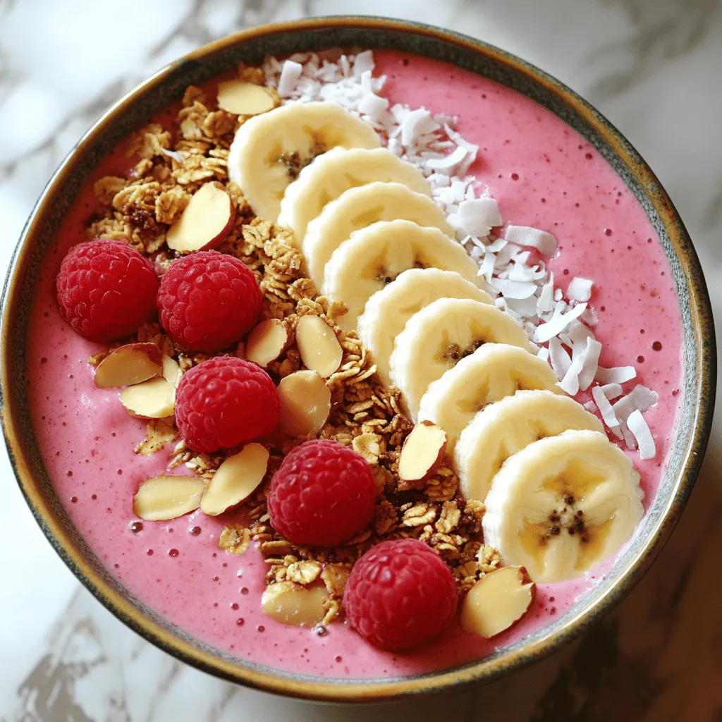 To make your Raspberry Almond Smoothie Bowl, gather these ingredients: - 1 cup fresh or frozen raspberries - 1 frozen banana - 1 cup almond milk (or your preferred milk) - 1 tablespoon almond butter - 1 tablespoon chia seeds - 1 teaspoon honey or maple syrup (optional for sweetness) - Toppings: sliced banana, granola, sliced almonds, coconut flakes, and fresh raspberries You can change some ingredients based on what you have. Here are some ideas: - Use any berry instead of raspberries. Blueberries or strawberries work great. - Swap the almond milk for oat milk or coconut milk if you prefer. - Instead of almond butter, try peanut butter or sunflower seed butter. - You can replace chia seeds with flax seeds for similar benefits. - If you want it sweeter, use agave syrup instead of honey or maple syrup. Each ingredient in this smoothie bowl brings health benefits: - Raspberries: These berries are low in calories and high in fiber. They help with digestion and are rich in vitamins. - Banana: Bananas provide natural energy. They are high in potassium, which helps keep your heart healthy. - Almond Milk: This milk is lower in calories than regular milk. It is also dairy-free and good for your bones. - Almond Butter: Almond butter is full of healthy fats and protein. It keeps you full and supports muscle health. - Chia Seeds: These tiny seeds are packed with omega-3 fatty acids. They also help with hydration and digestion. - Honey or Maple Syrup: These natural sweeteners give you energy and have antioxidants, which are good for your body. This Raspberry Almond Smoothie Bowl is not just tasty; it’s also healthy and quick to make. For the detailed recipe, refer to the Full Recipe section. Start by gathering all your ingredients. You will need: - 1 cup fresh or frozen raspberries - 1 frozen banana - 1 cup almond milk (or your preferred milk) - 1 tablespoon almond butter - 1 tablespoon chia seeds - 1 teaspoon honey or maple syrup (optional for sweetness) - Toppings: Sliced banana, granola, sliced almonds, coconut flakes, and fresh raspberries Wash your raspberries if they are fresh. Peel your banana and break it into chunks. This step makes blending easier. Measure out your almond milk and almond butter. Have all these ready for the next steps. Place the raspberries, banana, almond milk, almond butter, chia seeds, and honey or maple syrup into a blender. Secure the lid tightly. Blend on high speed. You want a smooth and creamy mix. If it seems too thick, add more almond milk slowly. Keep blending until it reaches your desired texture. Pour your smoothie mix into a bowl. Now comes the fun part: decorating! Arrange sliced banana, granola, and sliced almonds on top. Add a sprinkle of coconut flakes. Finish with fresh raspberries for a pop of color. Serve immediately for the best taste. Enjoy this healthy and simple treat with a spoon! For the full recipe, refer to the instructions provided earlier. To get the right texture for your raspberry almond smoothie bowl, use frozen fruit. Frozen bananas work great. They make the smoothie thick and creamy. If your smoothie is too thick, just add more almond milk slowly. Blend until smooth. You want it to be thick but easy to eat with a spoon. Adding toppings makes the bowl even better. Try using sliced bananas for sweetness. Granola adds crunch and flavor. A sprinkle of sliced almonds gives a nice nutty taste. You can also add coconut flakes for a tropical touch. If you want more flavor, drizzle honey or maple syrup on top. Each add-on brings its own joy to the bowl. To make your smoothie bowl look amazing, take your time with the toppings. Arrange the sliced bananas in a fan shape. Sprinkle granola in a line or a circle. Place sliced almonds and coconut flakes in groups. Finally, add fresh raspberries on top. A well-arranged bowl is not just tasty; it looks great for pictures too. Everyone will want to try your beautiful creation! For the full recipe, check the previous section. {{image_4}} To make your smoothie bowl more filling, add protein. Some great options are: - 1 scoop of protein powder - 1/4 cup Greek yogurt - 2 tablespoons hemp seeds These choices boost protein and taste great. Protein helps build muscles and keeps you full longer. Mixing in these items gives your bowl a nice creamy texture too. You can change the fruit based on the season. This keeps your smoothie bowl fresh and exciting. Try these fruits: - Strawberries in spring - Blueberries in summer - Apples in fall - Citrus in winter Each fruit adds its own flavor and nutrients. Experimenting with different fruits keeps the dish fun. It’s a simple way to enjoy new tastes without much effort. If you prefer a vegan or dairy-free bowl, it’s easy. Use these swaps: - Replace almond milk with coconut or oat milk - Skip honey and use maple syrup or agave nectar These changes keep the bowl tasty and help meet dietary needs. You still get a creamy base and delightful toppings with these swaps. Enjoy your smoothie bowl knowing it fits your lifestyle! If you have leftover smoothie bowl, store it in an airtight container. Make sure to seal it well. Keep it in the fridge. It will stay fresh for about one day. The colors may fade a bit, but the taste stays great. Just stir it before eating. You can freeze your smoothie bowl for later use. Pour the mixture into an ice cube tray or freezer-safe container. When you want to eat it, take out the cubes. Let them thaw in the fridge overnight. Then, blend them again to make a smooth treat. This method helps keep the flavor. For the best taste, use fresh ingredients. Buy your fruits and nuts from a local market. Check for ripe raspberries and bananas. Store them in the fridge to keep them fresh longer. Almond milk should stay sealed until you open it. After opening, use it within a week for the best flavor. Yes, you can use other berries! Strawberries, blueberries, or blackberries work well. Each berry brings its own taste. Strawberries add sweetness, while blueberries offer a nice tartness. Just remember, the color and flavor will change. Feel free to mix and match to find your favorite combo! To make your smoothie bowl more filling, add oats or protein. Rolled oats blend nicely and add fiber. Chia seeds are a great choice too, as they expand in your stomach. You can also add yogurt or protein powder for extra protein. These options keep you satisfied longer! Yes, this smoothie bowl is great for meal prep! You can blend the base in advance and store it. Keep it in the fridge for up to two days. Just add toppings fresh before you eat. This way, you save time and enjoy a healthy treat anytime! For the full recipe, check out the details above. We explored how to make delicious smoothie bowls. You learned about key ingredients, substitutions, and their health benefits. I shared step-by-step instructions and helpful tips for perfecting your bowls. We also discussed fun variations and storage methods. Now, you can enjoy creative, healthy meals anytime. Dive into your kitchen and start blending! Smoothie bowls are a tasty way to boost your day.