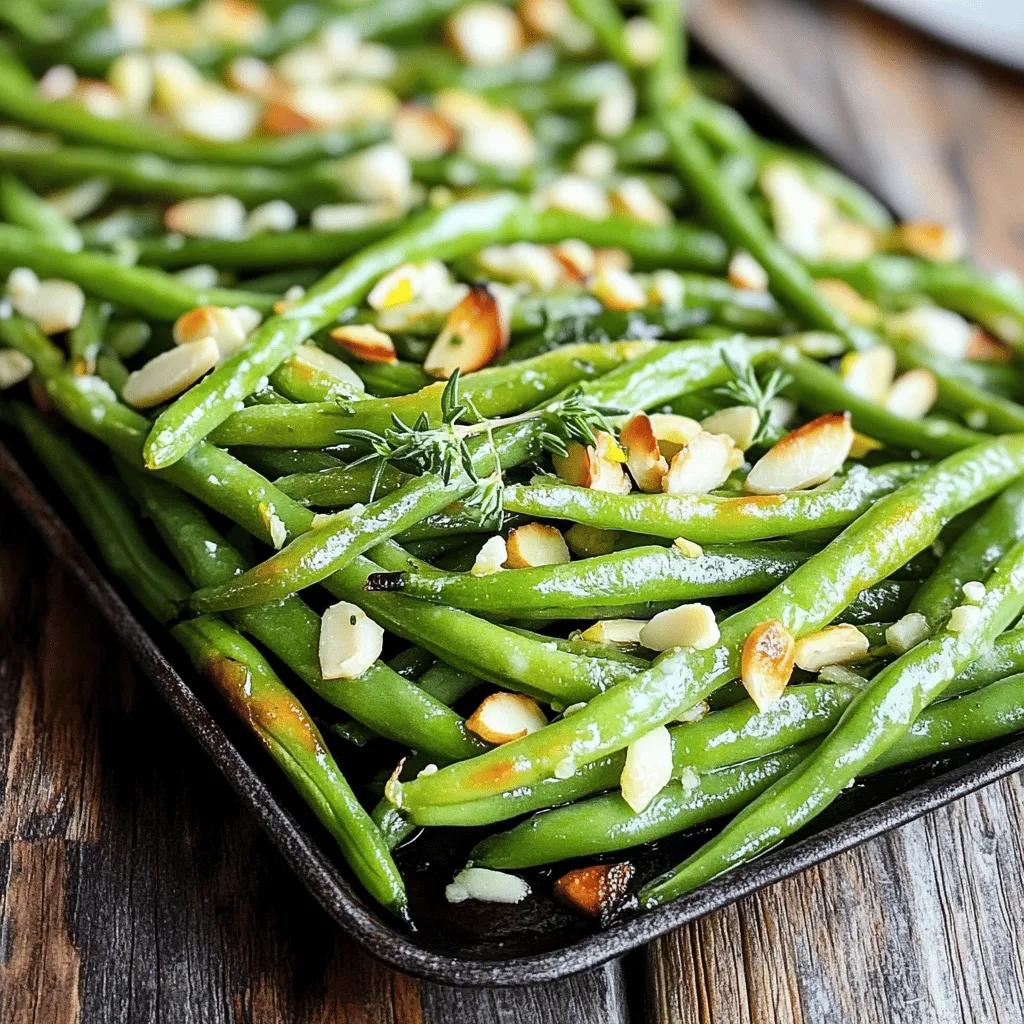 - 1 pound fresh green beans, trimmed and washed - 4 tablespoons unsalted butter - 6 cloves garlic, minced finely - 1 teaspoon fresh lemon zest - 1 teaspoon dried thyme - Salt and freshly ground black pepper - 2 tablespoons slivered almonds - 1 tablespoon fresh parsley You can use other veggies if you lack green beans. Try asparagus or broccoli instead. For the butter, you can swap it with olive oil or a plant-based option. If you want more flavor, add some red pepper flakes or a splash of soy sauce for seasoning. These swaps keep the dish tasty yet different. Feel free to experiment to find what you like best! Preheat your oven to 425°F (220°C). This high heat helps the green beans roast well. Preheating is key. It ensures even cooking and a nice texture. Without this step, your beans might steam instead of roast. Melt the unsalted butter in a small saucepan over medium heat. Stir it gently until it is fully melted. This step is quick and simple. Then, add the minced garlic. Sauté it for about 1-2 minutes. Keep an eye on it. You want it fragrant, not browned. In a large mixing bowl, mix the washed green beans with the melted garlic butter. Add the lemon zest and dried thyme. Toss gently but make sure all beans are coated. This helps each bite burst with flavor. Spread the coated green beans on a baking sheet. Make sure they are in a single layer. This allows them to roast evenly. Season with salt and black pepper. This adds great flavor and makes them taste even better. Place the baking sheet in the oven. Roast the green beans for 15-20 minutes. Halfway through, stir the beans for even cooking. Look for signs of doneness. The beans should be tender with some caramelized edges. After roasting, take the baking sheet out of the oven. Immediately sprinkle slivered almonds on top. They add a nice crunch. Just before serving, add fresh parsley. This gives a pop of color and freshness to your dish. For the full recipe, check out the guide above. To get the best green beans, start with fresh ones. Look for bright green, crisp beans. Wash and trim them well. Roasting them at 425°F (220°C) gives a nice char. This high heat helps maintain their crunch. Stir them halfway through cooking. This ensures even roasting. Be careful not to overcook them. Overcooked beans turn mushy and lose their flavor. You can make this dish even better with spices. A pinch of red pepper flakes adds heat. A bit of paprika gives a smoky flavor. Fresh herbs like basil or dill can brighten the taste. If you use dried herbs, remember they are stronger. Start with half the amount and adjust as needed. Serving these green beans is easy. Use a white plate to show off their vibrant color. Place them in a neat pile for a tidy look. You can also sprinkle extra slivered almonds on top for flair. A squeeze of lemon juice just before serving adds brightness. This simple touch makes the dish pop, both in taste and appearance. For the full recipe, check out the Garlic Butter Roasted Green Beans recipe. {{image_4}} You can easily change the flavor of garlic butter roasted green beans. One great way is to add cheese. Sprinkle some grated Parmesan or feta on top. This adds a rich and savory taste that makes the dish even better. Another fun idea is to use citrus flavors. A splash of lemon juice or a bit of orange zest brightens the beans. The fresh taste balances the richness of the garlic butter. If you want a lighter dish, try low-fat butter options. You can use a light spread or even olive oil. Both will still give you that tasty garlic flavor without too many calories. For those following a vegan diet, use plant-based butter. Coconut oil is also a good choice. It adds a unique taste and keeps the dish creamy. Make this dish even more exciting by adding seasonal vegetables. You can mix in sliced bell peppers or cherry tomatoes. These add color and extra nutrients to the beans. Nuts can also change the texture and flavor of your dish. Try using walnuts or pecans instead of slivered almonds. They add a nice crunch and a different taste profile. For the full recipe, check out the section above. Enjoy experimenting with these variations! To store leftover green beans, place them in an airtight container. This keeps them fresh and tasty. Make sure they cool down first. You can keep them in the fridge for up to three days. When you want to reheat them, heat a pan over medium heat. Add a splash of water to keep them moist. Stir for about five minutes until heated through. To freeze green beans, you should first blanch them. Boil water in a pot and add the green beans for three minutes. Then, transfer them to ice water to stop the cooking. Drain and dry them well. Place them in freezer bags, pushing out as much air as you can. They can stay frozen for about three months. When you want to cook them, thaw overnight in the fridge. Cook as you normally would, and they will taste great. Roasted green beans can last in the fridge for about three days. If you notice any off smell or slimy texture, it's best to toss them. Also, if they change color or look wilted, that means they are no longer good to eat. Always check for these signs to ensure your food is safe. You want to enjoy every bite of your garlic butter roasted green beans. For the [Full Recipe], refer back to the earlier section. The best way to prepare green beans is to trim and wash them first. You can steam, boil, or roast them. Roasting gives them a great flavor and a nice crunch. To roast, coat them in oil or butter and season well. This method helps bring out their natural sweetness. Yes, you can use frozen green beans. They save time and are quick to use. Frozen beans have a similar taste, but fresh beans taste better. If you use frozen beans, thaw them first. Pat them dry to avoid extra water on your baking sheet. You can prep garlic butter roasted green beans ahead of time. Trim and wash the beans, then store them in the fridge. Make the garlic butter and keep it in a jar. When ready to cook, mix the two together and roast. This saves time when you’re busy. Garlic butter roasted green beans pair well with many dishes. They work great with grilled chicken or steak. You can also serve them alongside fish or pasta. For a vegetarian meal, try them with risotto or quinoa. They add color and flavor to any plate. To adjust the recipe for more servings, simply increase the ingredient amounts. Use more green beans, butter, and garlic. Keep the same flavor balance by adding extra lemon zest and thyme. Adjust seasoning to taste. This way, you can make enough for family or friends. For the full recipe, check out the detailed instructions above. This blog post explored the tasty world of garlic butter roasted green beans. We looked at the key ingredients, cooking steps, and ways to enhance flavor. You learned about tips for perfect beans and how to store leftovers. Remember, you can customize the recipe with different flavors and ingredients. Don't hesitate to try new things! With these insights, you can create a delicious dish that everyone will love. Enjoy your cooking adventure!