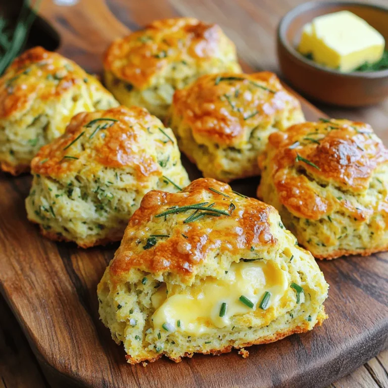 - 2 cups all-purpose flour - 1 tablespoon baking powder - 1 teaspoon salt - 1 teaspoon granulated sugar - 6 tablespoons cold unsalted butter, diced - ½ cup sharp cheddar cheese, shredded - ¼ cup fresh chives, finely chopped - ¼ cup fresh rosemary, finely chopped - ¾ cup whole milk The key to great savory herb scones lies in using fresh ingredients. Start with all-purpose flour, which gives a nice base. You need baking powder to help the scones rise. Salt adds flavor, while sugar balances it out. Cold unsalted butter is crucial. It keeps the scones flaky. Next, cheese is important. I love sharp cheddar for its bold taste. Fresh chives and rosemary bring bright flavors. They add a nice touch to every bite. Finally, whole milk helps bring the dough together. - Mixing bowls - Pastry cutter or fork - Baking sheet - Parchment paper Using the right tools makes a big difference. Mixing bowls help combine your ingredients well. A pastry cutter or fork works great to blend the butter into the flour. A baking sheet lined with parchment paper ensures easy cleanup and prevents sticking. - Herb-infused butter - Plain Greek yogurt For a delightful experience, serve these scones warm. I recommend herb-infused butter for a rich taste. Plain Greek yogurt adds a refreshing tang. Both pair perfectly with the savory flavors of the scones. Enjoy them at breakfast, lunch, or even as a snack! First, set your oven to 400°F (200°C). This will help the scones bake evenly. Next, take a baking sheet and line it with parchment paper. This step keeps the scones from sticking and makes cleanup easy. In a large bowl, whisk together the flour, baking powder, salt, and sugar. Make sure they mix well for even flavor. Next, cut in the cold, diced butter. You can use a pastry cutter or your fingers. Work the butter until the mixture looks like coarse crumbs, with some small butter pieces still visible. Now, fold in the shredded sharp cheddar cheese, chopped chives, and rosemary. Mix gently until these goodies spread throughout the flour mix. This adds a tasty and fragrant twist to your scones. Slowly pour in the whole milk. Use a spatula or wooden spoon to mix until the dough starts to come together. Be careful not to overmix. The dough should look a bit rough. Transfer the dough to a lightly floured surface. Shape it into a disc that’s about 1 inch thick. Then, grab a sharp knife or dough cutter. Cut the disc into 8 equal wedges. Place the wedges apart on the prepared baking sheet. This space allows them to expand while baking. Slide the baking sheet into your preheated oven. Bake the scones for 15 to 20 minutes. Keep an eye on them. They should turn a beautiful golden brown on top. When they’re done, remove the scones from the oven. Let them cool slightly on a wire rack. This step helps keep them fluffy and delicious before you serve them. To make fluffy scones, start with cold butter. Cut the butter into small cubes before adding it to the flour. Use your fingers or a pastry cutter to mix it in. You want small pieces of butter to remain. This helps create air pockets when baking. Avoid overmixing the dough. When you add the milk, stir just until it comes together. The dough should look rough. Overmixing makes scones tough. Choosing the right herbs changes the scone's flavor. Fresh chives and rosemary work well together. You can also try thyme or dill for a different taste. For a spicy kick, add crushed red pepper flakes. Adjust the seasonings to your liking. Taste your dough before baking. If you want more flavor, sprinkle in extra salt or herbs. Serve your warm scones right from the oven. Place them on a nice platter. Add a small bowl of herb-infused butter next to them. This adds a nice touch and flavor. For garnish, sprinkle extra chopped herbs on top. It adds color and makes the dish look appealing. These small steps make your scones stand out. For the full recipe, check out the complete guide. {{image_4}} You can change the cheese in your scones to fit your taste. Here are some great choices: - Feta cheese: This adds a salty bite. - Parmesan: A hard cheese that gives a nice umami flavor. - Gouda: A creamy option that melts well and adds richness. If you're vegan, try these alternatives: - Vegan cheddar: Look for brands that melt well. - Nutritional yeast: This adds a cheesy flavor without dairy. Experimenting with cheese lets you create your own twist on savory herb scones. Herbs can change the whole flavor of your scones. Fresh or dried, they can add a lot. Try these: - Basil: This herb gives a sweet, peppery taste. - Thyme: Earthy and rich, it's a perfect match for savory notes. - Parsley: Bright and fresh, it lightens the flavor. For a spicy kick, add red pepper flakes. This will make your scones warm and exciting. You can also make your scones sweet. Here’s how to adapt the recipe: - Use honey or maple syrup: Swap these for some of the milk. - Add dried fruit: Try raisins or cranberries for a sweet burst. You can enjoy savory herb scones at any meal. Try these variations for fun and tasty options. Check the Full Recipe for more ideas! To keep your savory herb scones fresh, place them in an airtight container. A zip-top bag also works well. Always store them at room temperature. If you want to keep them longer, put them in the fridge. Avoid leaving them out for too long, as they can dry out quickly. You can freeze unbaked scones for later use. After cutting the dough into wedges, place them on a baking sheet. Freeze them for about 30 minutes, then transfer them to a zip-top bag. To bake later, just preheat your oven and add a few extra minutes to the baking time. If you have baked scones, wrap them tightly and freeze. To enjoy, thaw them overnight in the fridge, then reheat at 350°F (175°C) for 10-15 minutes. Scones last about 2-3 days in the fridge and 2-3 months in the freezer. Watch for signs of spoilage, like mold or an off smell. If they feel hard or dry, they may not taste good anymore. Always check before you serve or eat. For the full recipe, refer to the provided instructions. Yes, you can make these scones ahead of time. Prepare the dough and shape it into wedges. Then, wrap them tightly in plastic wrap and store them in the fridge for up to 24 hours. When you're ready to bake, just place them on a baking sheet and bake directly from the fridge. If you want to freeze them, separate the wedges with parchment paper and place them in a freezer bag. Bake them straight from the freezer, adding a few extra minutes to the baking time. Serve these scones warm for the best flavor. They pair well with herb-infused butter or plain Greek yogurt. You can also enjoy them with a light salad or as a side for soup. Feel free to add a sprinkle of fresh herbs on top for a nice touch. Your scones are done when they turn a golden brown color on top. They should feel firm to the touch but still soft inside. The bottom should also look golden. You can also check by inserting a toothpick; it should come out clean. Yes, you can use gluten-free flour. Look for a good all-purpose gluten-free blend. Make sure it includes xanthan gum, or add a teaspoon yourself. This helps give the scones a nice texture. Note that they may bake a bit differently, so keep an eye on them. Leftover herbs can be used in many ways. Chop them up and add them to scrambled eggs or salads. You can also make a fresh herb pesto or mix them into dips like yogurt or hummus. They add flavor to many dishes, so get creative! You can find the Full Recipe for these Savory Herb Scones in the previous section. It has all the details you need to make them perfectly! Now you have all you need to make delicious savory herb scones. We covered the essential ingredients, tools, and step-by-step instructions. Remember to mix well but avoid overdoing it. Experiment with different cheeses and herbs for unique flavors. Store your leftovers properly to keep them fresh. Enjoy pairing scones with herb butter or yogurt. With these tips, your baking will impress anyone who tries them. Get ready to bake and savor every bite!