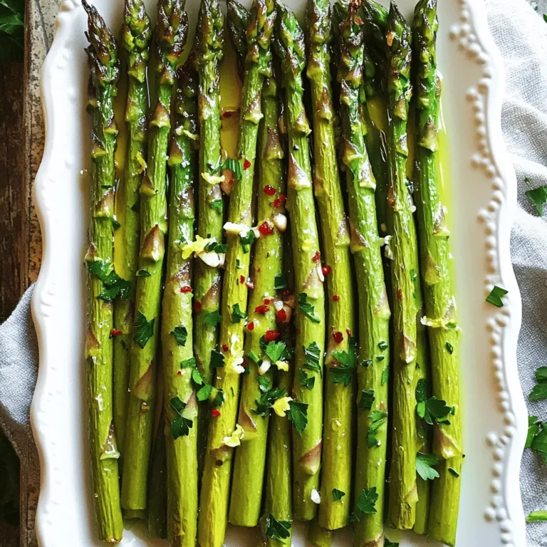 To make lemon garlic roasted asparagus, start with fresh asparagus. Look for bright green stalks with firm tips. Avoid any that are wilted or slimy. You will need 1 pound of fresh asparagus, ends trimmed. This will ensure a nice texture and flavor. Next, we need some key flavor boosters. We will use 3 tablespoons of extra virgin olive oil. This adds richness. For brightness, include 2 tablespoons of freshly squeezed lemon juice and the zest from 1 medium lemon. The zest gives a strong lemon flavor without extra liquid. Lastly, we enhance our dish with seasoning. Use 4 cloves of garlic, minced finely for a bold taste. Add 1 teaspoon of sea salt and ½ teaspoon of freshly ground black pepper for balance. If you like a little heat, mix in ½ teaspoon of red pepper flakes (optional). For a fresh finish, sprinkle some fresh parsley, finely chopped on top before serving. These ingredients transform simple asparagus into a flavorful side dish. You can find the Full Recipe for detailed instructions. Start by preheating your oven to 425°F (220°C). This step is key for a great roast. While the oven warms, line a baking sheet with parchment paper. This helps the asparagus not stick and makes cleanup easy. In a large bowl, combine the following ingredients: - 3 tablespoons of extra virgin olive oil - 2 tablespoons of freshly squeezed lemon juice - Zest from 1 medium lemon - 4 cloves of garlic, minced finely - 1 teaspoon of sea salt - ½ teaspoon of freshly ground black pepper - ½ teaspoon of red pepper flakes (optional) Whisk these well until you see a smooth mix. This dressing gives the asparagus its bright and bold flavor. Now, add 1 pound of trimmed asparagus spears to the bowl. Use your hands or a spatula to toss them gently. Make sure every spear gets coated with the dressing. Next, spread the asparagus on the baking sheet in a single layer. This is important for even roasting. Place the sheet in the preheated oven. Roast for 12-15 minutes. Look for tender spears with crispy tips. Once done, take the baking sheet out of the oven. Move the roasted asparagus to a serving platter. For a fresh touch, sprinkle some finely chopped parsley on top. Enjoy this zesty dish from the [Full Recipe]. To get the best roast on your asparagus, use fresh spears. Look for bright green color. Trim the tough ends before cooking. Spread the asparagus in a single layer on the baking sheet. This step helps them roast evenly. Keep an eye on them while they cook. They should turn tender with crispy tips. You can tweak the flavors to suit your taste. Try adding lemon zest for more citrus kick. A sprinkle of Parmesan cheese before roasting adds a savory touch. If you like heat, increase the red pepper flakes. For a sweet contrast, drizzle honey after roasting. Experiment with herbs like thyme or basil for extra aroma. Presentation makes a big difference. Arrange the roasted asparagus on a nice platter. For a pop of color, sprinkle fresh parsley on top. Drizzle a little extra olive oil for shine. You can also add lemon slices for a bright look. Serve this dish warm for the best flavor. Check the [Full Recipe] for more details! {{image_4}} You can change the flavor of lemon garlic roasted asparagus with different seasonings. Try adding herbs like thyme or rosemary for a fresh taste. A sprinkle of Parmesan cheese can add a savory twist. If you like spicy food, add more red pepper flakes or a dash of cayenne. For a sweet touch, drizzle some honey before roasting. Each option brings its own charm to the dish. Mixing in other vegetables can make your dish more colorful and tasty. Carrots or bell peppers roast well alongside asparagus. You can also try adding cherry tomatoes for a burst of flavor. Just remember to cut them into similar sizes for even cooking. This way, you create a vibrant medley that looks and tastes amazing. When serving lemon garlic roasted asparagus, think about pairing it with other dishes. It goes well with grilled chicken or fish. You can also serve it alongside pasta or rice for a full meal. For a fun twist, add it to a salad for extra crunch. Don’t forget to drizzle some extra lemon juice on top for a zesty kick. For the full recipe, check the detailed steps above. After you enjoy your lemon garlic roasted asparagus, store leftovers properly. Place them in an airtight container. This keeps them fresh for up to three days. Make sure to cool the asparagus before sealing the container. This step helps prevent steam from making them soggy. To reheat your asparagus, use the oven or a skillet. Preheat the oven to 350°F (175°C). Spread the asparagus on a baking sheet and warm them for about 10 minutes. If using a skillet, heat a small amount of olive oil over medium heat. Add the asparagus and stir for about 5 minutes. This keeps the flavors intact and ensures they stay crisp. You can freeze lemon garlic roasted asparagus for later. First, let them cool completely. Then, place the asparagus in a single layer on a baking sheet. Freeze them for about an hour. Once frozen, transfer them to a freezer bag. Remove as much air as possible. They can stay in the freezer for up to three months. When ready to use, you can roast them straight from the freezer without thawing. For the full recipe, check the [Full Recipe]. To boost flavor, try adding more garlic or lime juice. You can also mix in herbs like thyme or rosemary. For a smoky taste, sprinkle some smoked paprika on top. A touch of balsamic vinegar adds depth too. Experiment with different spices you love. Each addition gives a new twist to this dish. Yes, you can use frozen asparagus. Just remember to thaw and drain it first. Frozen asparagus often has more water than fresh. Pat it dry to avoid sogginess. The roasting time may be shorter, so keep an eye on it. Lemon garlic roasted asparagus pairs well with grilled chicken or fish. You can also serve it with quinoa or couscous for a hearty meal. A fresh salad adds a nice crunch. For a fun twist, try it with pasta topped with lemon sauce. Each of these options complements the bright flavors of the asparagus. For the complete recipe, check out the [Full Recipe]. In this article, we explored how to make lemon garlic roasted asparagus. We discussed fresh asparagus and essential ingredients like olive oil and lemon. I shared step-by-step instructions to prepare and coat the asparagus for roasting. We covered tips for achieving perfect results and serving ideas. Lastly, I provided storage options and answers to common questions. Enjoy your roasted asparagus, and don’t forget to experiment with flavors!