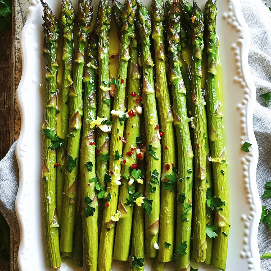 To make lemon garlic roasted asparagus, start with fresh asparagus. Look for bright green stalks with firm tips. Avoid any that are wilted or slimy. You will need 1 pound of fresh asparagus, ends trimmed. This will ensure a nice texture and flavor. Next, we need some key flavor boosters. We will use 3 tablespoons of extra virgin olive oil. This adds richness. For brightness, include 2 tablespoons of freshly squeezed lemon juice and the zest from 1 medium lemon. The zest gives a strong lemon flavor without extra liquid. Lastly, we enhance our dish with seasoning. Use 4 cloves of garlic, minced finely for a bold taste. Add 1 teaspoon of sea salt and ½ teaspoon of freshly ground black pepper for balance. If you like a little heat, mix in ½ teaspoon of red pepper flakes (optional). For a fresh finish, sprinkle some fresh parsley, finely chopped on top before serving. These ingredients transform simple asparagus into a flavorful side dish. You can find the Full Recipe for detailed instructions. Start by preheating your oven to 425°F (220°C). This step is key for a great roast. While the oven warms, line a baking sheet with parchment paper. This helps the asparagus not stick and makes cleanup easy. In a large bowl, combine the following ingredients: - 3 tablespoons of extra virgin olive oil - 2 tablespoons of freshly squeezed lemon juice - Zest from 1 medium lemon - 4 cloves of garlic, minced finely - 1 teaspoon of sea salt - ½ teaspoon of freshly ground black pepper - ½ teaspoon of red pepper flakes (optional) Whisk these well until you see a smooth mix. This dressing gives the asparagus its bright and bold flavor. Now, add 1 pound of trimmed asparagus spears to the bowl. Use your hands or a spatula to toss them gently. Make sure every spear gets coated with the dressing. Next, spread the asparagus on the baking sheet in a single layer. This is important for even roasting. Place the sheet in the preheated oven. Roast for 12-15 minutes. Look for tender spears with crispy tips. Once done, take the baking sheet out of the oven. Move the roasted asparagus to a serving platter. For a fresh touch, sprinkle some finely chopped parsley on top. Enjoy this zesty dish from the [Full Recipe]. To get the best roast on your asparagus, use fresh spears. Look for bright green color. Trim the tough ends before cooking. Spread the asparagus in a single layer on the baking sheet. This step helps them roast evenly. Keep an eye on them while they cook. They should turn tender with crispy tips. You can tweak the flavors to suit your taste. Try adding lemon zest for more citrus kick. A sprinkle of Parmesan cheese before roasting adds a savory touch. If you like heat, increase the red pepper flakes. For a sweet contrast, drizzle honey after roasting. Experiment with herbs like thyme or basil for extra aroma. Presentation makes a big difference. Arrange the roasted asparagus on a nice platter. For a pop of color, sprinkle fresh parsley on top. Drizzle a little extra olive oil for shine. You can also add lemon slices for a bright look. Serve this dish warm for the best flavor. Check the [Full Recipe] for more details! {{image_4}} You can change the flavor of lemon garlic roasted asparagus with different seasonings. Try adding herbs like thyme or rosemary for a fresh taste. A sprinkle of Parmesan cheese can add a savory twist. If you like spicy food, add more red pepper flakes or a dash of cayenne. For a sweet touch, drizzle some honey before roasting. Each option brings its own charm to the dish. Mixing in other vegetables can make your dish more colorful and tasty. Carrots or bell peppers roast well alongside asparagus. You can also try adding cherry tomatoes for a burst of flavor. Just remember to cut them into similar sizes for even cooking. This way, you create a vibrant medley that looks and tastes amazing. When serving lemon garlic roasted asparagus, think about pairing it with other dishes. It goes well with grilled chicken or fish. You can also serve it alongside pasta or rice for a full meal. For a fun twist, add it to a salad for extra crunch. Don’t forget to drizzle some extra lemon juice on top for a zesty kick. For the full recipe, check the detailed steps above. After you enjoy your lemon garlic roasted asparagus, store leftovers properly. Place them in an airtight container. This keeps them fresh for up to three days. Make sure to cool the asparagus before sealing the container. This step helps prevent steam from making them soggy. To reheat your asparagus, use the oven or a skillet. Preheat the oven to 350°F (175°C). Spread the asparagus on a baking sheet and warm them for about 10 minutes. If using a skillet, heat a small amount of olive oil over medium heat. Add the asparagus and stir for about 5 minutes. This keeps the flavors intact and ensures they stay crisp. You can freeze lemon garlic roasted asparagus for later. First, let them cool completely. Then, place the asparagus in a single layer on a baking sheet. Freeze them for about an hour. Once frozen, transfer them to a freezer bag. Remove as much air as possible. They can stay in the freezer for up to three months. When ready to use, you can roast them straight from the freezer without thawing. For the full recipe, check the [Full Recipe]. To boost flavor, try adding more garlic or lime juice. You can also mix in herbs like thyme or rosemary. For a smoky taste, sprinkle some smoked paprika on top. A touch of balsamic vinegar adds depth too. Experiment with different spices you love. Each addition gives a new twist to this dish. Yes, you can use frozen asparagus. Just remember to thaw and drain it first. Frozen asparagus often has more water than fresh. Pat it dry to avoid sogginess. The roasting time may be shorter, so keep an eye on it. Lemon garlic roasted asparagus pairs well with grilled chicken or fish. You can also serve it with quinoa or couscous for a hearty meal. A fresh salad adds a nice crunch. For a fun twist, try it with pasta topped with lemon sauce. Each of these options complements the bright flavors of the asparagus. For the complete recipe, check out the [Full Recipe]. In this article, we explored how to make lemon garlic roasted asparagus. We discussed fresh asparagus and essential ingredients like olive oil and lemon. I shared step-by-step instructions to prepare and coat the asparagus for roasting. We covered tips for achieving perfect results and serving ideas. Lastly, I provided storage options and answers to common questions. Enjoy your roasted asparagus, and don’t forget to experiment with flavors!