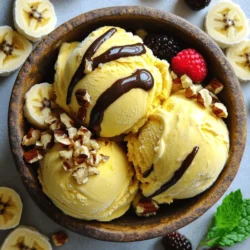 To make this creamy vegan banana ice cream, gather these simple ingredients: - 4 ripe bananas, meticulously sliced and frozen - 1 tablespoon almond butter (or your preferred nut/seed butter) - 1 teaspoon pure vanilla extract - 1/4 cup coconut milk (or any plant-based milk of your choice) - A pinch of sea salt - Optional toppings: finely chopped nuts, shredded coconut, dark chocolate chips, or an assortment of fresh berries - Bananas: They provide potassium, fiber, and vitamins. This helps your heart and digestion. - Almond Butter: It is rich in healthy fats and protein. This boosts your energy and keeps you full. - Vanilla Extract: It adds flavor and may even help with mood. It’s a sweet touch! - Coconut Milk: This creamy milk gives healthy fats. It also helps make the ice cream smooth. - Sea Salt: A small pinch enhances flavor. It balances the sweetness of the bananas. You must use ripe bananas for the best flavor. Ripe bananas have natural sugars that make the ice cream sweet without added sugar. They also blend better, creating a creamier texture. Look for bananas with brown spots. They are perfect for this recipe! First, gather your ingredients. You will need four ripe bananas, almond butter, vanilla extract, coconut milk, and a pinch of salt. Start by peeling the bananas. Slice them into thick coins. Spread the slices on a baking sheet lined with parchment paper. Freeze these banana slices for at least two hours. They must be completely firm before moving on. Once frozen, transfer the slices to a food processor. Add the almond butter, vanilla extract, and sea salt. Next, pulse the mixture. Stop to scrape down the bowl’s sides. This ensures even blending. Gradually pour in the coconut milk while blending. Keep blending until the mix is smooth and creamy. This may take a few minutes, so stay patient! Taste the ice cream. If you want it sweeter, add maple syrup or agave. For a soft-serve texture, scoop and serve right away. If you like firmer ice cream, place it in an airtight container. Freeze for one to two hours. Using a food processor makes this recipe easy. Choose a good quality processor for the best results. Make sure to let it run long enough to blend the bananas fully. If the bananas get stuck, pause to scrape down the sides. This helps mix everything evenly. If your processor struggles, add a bit more coconut milk. This can help it blend smoothly. The creamy texture of the ice cream comes from the frozen bananas and coconut milk. Ensure your bananas are perfectly ripe for the best flavor. They should be speckled with brown spots. This indicates they are sweet and soft. When blending, be patient. Let the machine work until everything is smooth. If you want to add toppings, do so right after blending. Try nuts, coconut, or dark chocolate chips for extra flavor. Enjoy your creamy vegan banana ice cream! For the full recipe, check out the main section above. When making vegan banana ice cream, a few mistakes can ruin your treat. First, do not skip freezing the bananas. If they are not frozen, the texture will be icy, not creamy. Second, do not rush the blending. Blend slowly and scrape the bowl often. This ensures that everything mixes well. Lastly, avoid using unripe bananas. Unripe bananas lack sweetness and flavor. Bananas are naturally sweet, but you can tweak that sweetness. If your ice cream tastes too plain, try adding a drizzle of maple syrup or agave. Start with a small amount, like a teaspoon. Blend again and taste. You can add more if needed. Remember, each banana’s sweetness can vary, so always taste as you go. Deciding on the texture of your ice cream is key. For soft-serve, scoop and serve right after blending. This gives you a creamy, smooth treat. If you like it firmer, transfer the mixture to an airtight container. Freeze it for 1-2 hours. This will make it harder and easier to scoop later. Just remember, you can always soften it a little by letting it sit out for a few minutes before serving. For more detailed steps, check out the Full Recipe. {{image_4}} To make chocolate vegan banana ice cream, add cocoa powder. Use about 2 to 3 tablespoons of unsweetened cocoa powder. Blend it with your frozen bananas, almond butter, and coconut milk. This mix gives a rich chocolate flavor. You can also add dark chocolate chips for extra texture. The result? A creamy treat that satisfies chocolate lovers. You can enhance your ice cream with nuts and fruits. Try adding 1/4 cup of chopped nuts like walnuts or pecans. These add crunch and healthy fats. For fruity flavors, mix in berries or mango. Just toss them in the food processor with the banana mix. This will create a delightful blend of sweet and nutty. You can even swirl in some peanut butter for a tasty twist. Boost your vegan banana ice cream with superfoods. Mix in 1 tablespoon of chia seeds or flaxseeds for extra fiber. You can also add a scoop of protein powder if you like. This makes it a great post-workout snack. Spirulina powder is another option, adding nutrients without changing the taste much. These small additions make your treat even healthier without losing the fun! Try these variations to keep your vegan banana ice cream exciting. For the full recipe, refer back to the ingredients and instructions! After you make your vegan banana ice cream, you might have some left. To store it, transfer any leftovers into an airtight container. Make sure to smooth the top with a spatula. This helps reduce air exposure and keeps it fresh. Seal the container tightly to prevent ice crystals from forming. When freezing your ice cream, allow it to cool completely first. This helps it freeze evenly. Avoid placing the container in the freezer while it's still warm. For best results, store it at the back of the freezer. This spot stays the coldest and prevents thawing. You can keep your ice cream in the freezer for about two weeks. After this time, it may lose its flavor and texture. Look for any changes in color or ice crystals on the surface. If it smells off or has an unusual taste, it’s best to toss it. Always trust your senses! For the full recipe, check out the detailed steps above. Enjoy your creamy and healthy delight! Yes, you can use frozen bananas from the store. They work well for this recipe. Just make sure they are ripe. Ripe bananas have great sweetness and flavor. When using store-bought frozen bananas, skip the slicing step. This recipe can be nut-free. Just swap almond butter for sunflower seed butter. You can also use tahini or another nut-free option. This way, you can enjoy the ice cream without worries. Yes, you can make this ice cream without a food processor. Use a blender instead. If you don’t have a blender, mash the bananas with a fork. Then, mix in the other ingredients by hand. It may take more time, but it still works! It takes about 2 hours to freeze the bananas. Make sure they are solid when you blend them. Soft bananas will not give you that creamy texture. You can use any plant-based milk. Almond milk, oat milk, or soy milk all work well. Each will change the flavor just a bit. Choose the one you enjoy the most. Yes, you can add flavorings! Try cocoa powder for chocolate ice cream. You can also mix in cinnamon or nutmeg for a warm taste. Just add a little at a time and taste as you go. Store leftover ice cream in an airtight container. Make sure to seal it tightly to prevent freezer burn. It can last up to a week in the freezer. Absolutely! You can make it a day or two ahead. Just freeze the blended mixture until you are ready to serve. Let it soften a few minutes at room temperature before scooping. Yes, this recipe is healthy! It uses ripe bananas and plant-based ingredients. You get natural sweetness without added sugars. It’s a great treat that feels indulgent but is good for you. Yes, this ice cream is perfect for kids' parties! It’s fun, colorful, and tasty. Kids love to add their own toppings. It’s a treat that everyone can enjoy without guilt. For the complete recipe, check out the Full Recipe section. In this blog post, we explored how to make delicious banana ice cream. We covered the ingredients and health benefits, emphasizing ripe bananas for the best flavor. The step-by-step guide showed you how to prep and use a food processor. I shared tips to avoid common mistakes and how to adjust sweetness. We also looked at fun variation ideas and proper storage methods. Now you can enjoy a tasty treat that's easy to make and good for you. Try different flavors and enjoy every creamy bite.