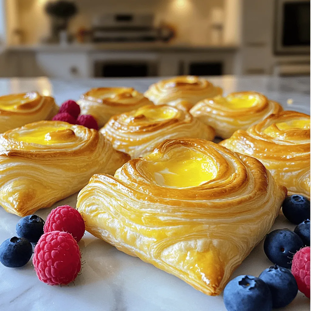 - 1 sheet of puff pastry (thawed) - 8 oz cream cheese, softened to room temperature - 1/2 cup powdered sugar, sifted These key ingredients create the base for your Lemon Cream Cheese Danish. The puff pastry gives a light and flaky texture. The cream cheese adds richness, while the powdered sugar provides sweetness. - 1 tablespoon fresh lemon zest - 2 tablespoons freshly squeezed lemon juice - 1 tablespoon pure vanilla extract Adding lemon zest brings a bright aroma. Fresh lemon juice adds a tangy kick. Vanilla extract rounds out the flavors, making your danish taste divine. - Fresh berries (like blueberries or raspberries) - 1 tablespoon heavy cream (optional, for creamier filling) - Edible flowers for decoration Fresh berries give a pop of color and flavor. Heavy cream can make your filling even creamier. Edible flowers add a touch of elegance to your presentation. If you want the complete recipe, check the Full Recipe for step-by-step details! 1. Preheat your oven to 400°F (200°C). This step helps the danishes rise perfectly. 2. Line a baking sheet with parchment paper. This keeps the pastries from sticking. 3. On a floured surface, roll out the thawed puff pastry. Aim for even thickness to ensure even baking. 4. Cut the pastry into 4 equal squares. These will hold your delicious filling. 1. In a medium bowl, beat the cream cheese with an electric mixer. Aim for a smooth and creamy texture. 2. Gradually mix in the sifted powdered sugar, lemon zest, lemon juice, and vanilla extract. This adds a bright, zesty flavor. 3. If you want a creamier filling, mix in the heavy cream. Blend everything until well combined and smooth. 1. Spoon about one tablespoon of the lemon cream cheese mixture into the center of each pastry square. 2. Fold the corners of each square towards the center. Pinch the seams to seal them well. 3. For a lovely golden finish, beat an egg in a small bowl and brush it on top of the pastries. 4. Place the pastries in the oven and bake for 15-20 minutes. Look for a puffed-up, golden brown color. 5. Once baked, let them cool on the sheet for a few minutes. Then, transfer them to a wire rack. Enjoy these Lemon Cream Cheese Danishes warm for the best experience! For the complete process, refer to the Full Recipe. To make the best Lemon Cream Cheese Danish, start with the puff pastry. Properly thaw it in the fridge overnight. This keeps it cold and helps it puff up nicely. When ready, unfold the pastry carefully. Fold the dough gently to create layers. This technique helps trap air, making the pastry light and flaky. Don’t overwork the dough, or it can become tough. You can customize the flavor of your danish! Try different citrus fruits like lime or orange. Just replace the lemon juice and zest with your choice. This adds a fresh twist to your pastry. Adjust the sweetness too! If you love sweeter treats, add a bit more powdered sugar. Taste the cream cheese mixture before filling the pastry. This way, you can get the flavor just right. Serve your danishes warm for the best taste. Pair them with a cup of tea or coffee for a perfect snack. For a beautiful presentation, arrange the danishes on a nice plate. Dust them with powdered sugar for a touch of elegance. You can also add fresh berries on top for color and flavor. These tips will help you create an amazing Lemon Cream Cheese Danish. For the complete recipe, check the Full Recipe section. {{image_4}} You can change the flavor of your Lemon Cream Cheese Danish easily. Try using other citrus fruits like orange or lime. The bright taste of orange zest adds a sweet twist. Lime gives a nice tangy kick that pairs well with the cream cheese. Mixed berry fillings also make a lovely option. You could use blueberries, raspberries, or strawberries. Just mash them slightly before adding to the cream cheese. This will help the flavors blend nicely. If you want a different take, consider making savory danishes. Incorporate fresh herbs like dill or chives into the cream cheese filling. This adds a fresh taste that is perfect for brunch. You can also add shredded cheese, like cheddar or feta, for a rich flavor. Try adding cooked spinach or sun-dried tomatoes for a unique twist. Both ingredients can bring a new depth to your pastry. Just remember to drain any excess moisture before mixing them in. Creating mini danishes is a fun way to serve these treats. Cut the puff pastry into smaller squares for bite-sized pieces. This makes them perfect for parties or snacks. You will need to adjust the baking time. Bake them for about 10 to 15 minutes. Keep an eye on them until they turn golden brown. These mini delights are great for sharing or enjoying on your own. You can find the Full Recipe for Lemon Cream Cheese Danish to explore these variations further. To keep your Lemon Cream Cheese Danish fresh, store leftovers in an airtight container. This helps to keep moisture in and prevents them from drying out. You can also cover the danishes with foil. However, foil may not keep them as fresh as a container. Aim to consume the danishes within two days for the best taste. When you want to enjoy your danishes again, reheating them is key. For the best texture, use the oven. Preheat it to 350°F (175°C) and place the danishes on a baking sheet. Bake for about 10 minutes. This way, they will regain their crispiness. If you're short on time, the microwave works too. Heat each danish for about 10-15 seconds. Be careful, as this method may make them a bit soft. You can freeze both unbaked and baked danishes. For unbaked danishes, assemble them, then place on a baking sheet. Freeze until solid, then transfer to a freezer bag. This allows you to bake fresh danishes later. If you freeze baked danishes, let them cool completely first. Wrap them tightly in plastic wrap and then foil. To enjoy, thaw them in the fridge overnight before reheating. Remember, enjoying your Lemon Cream Cheese Danish at its best means proper storage and reheating. You want to savor every bite, whether it's fresh or warmed up later! For the full recipe, check the detailed instructions provided. To make Lemon Cream Cheese Danish from scratch, follow these steps: 1. Preheat your oven to 400°F (200°C). 2. Prepare a baking sheet with parchment paper. 3. Roll out the thawed puff pastry on a floured surface and cut it into squares. 4. Mix cream cheese, powdered sugar, lemon zest, lemon juice, and vanilla in a bowl. 5. Spoon the filling into the center of each pastry square. 6. Fold the corners to form pockets and pinch to seal. 7. Brush the tops with an egg wash. 8. Bake for 15-20 minutes until golden brown. This method combines simple steps with fresh flavors. You can find the Full Recipe for more details. Yes, you can use other cheeses. Options include ricotta or mascarpone. Ricotta offers a lighter texture, while mascarpone adds creaminess. Each cheese changes the flavor slightly, allowing for fun variations. Lemon Cream Cheese Danishes can last for about 2-3 days when stored properly. Keep them in an airtight container at room temperature. For longer freshness, refrigerate them for up to a week. If you don't have puff pastry, you can use crescent roll dough or phyllo dough. Crescent roll dough offers a similar taste with a softer texture. Phyllo dough will create a crispier finish. Both options work well for tasty danishes. You can make a delicious Lemon Cream Cheese Danish using a few key ingredients. Puff pastry, cream cheese, and lemon flavors come together perfectly. Follow the steps to prepare, fill, and bake your danishes. Don’t forget to explore flavor variations and serving ideas to impress everyone. Overall, this treat is fun to make and share. It’s a perfect addition to any meal or snack. Enjoy your baking, and let your creativity shine!