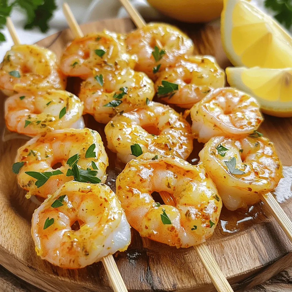 - 1 pound large shrimp, peeled and deveined - 4 cloves garlic, finely minced - 1/4 cup extra virgin olive oil - 2 tablespoons freshly squeezed lemon juice - Zest of 1 medium lemon - 1 teaspoon smoked paprika - 1 teaspoon dried oregano - Salt and freshly ground pepper to taste - 1/4 teaspoon red pepper flakes (optional for some heat) - Fresh parsley for garnish - 8 wooden skewers (soaked in water) For the perfect lemon garlic shrimp skewers, you need fresh ingredients. Large shrimp are best. They hold flavor well and cook evenly. Make sure to peel and devein them for a clean bite. Garlic adds a wonderful aroma and taste. Use fresh minced garlic for the best flavor. Extra virgin olive oil keeps the shrimp moist. It also helps the spices stick. Fresh lemon juice brightens the dish. The zest adds even more lemony goodness. Smoked paprika gives a hint of smokiness. Dried oregano brings an earthy flavor. Season with salt and pepper to enhance the dish. If you like heat, add red pepper flakes. They give a nice kick without overpowering the shrimp. Finally, fresh parsley adds color and a fresh taste. Don’t forget the skewers! Soaking wooden skewers in water prevents burning. This simple step makes grilling safer and easier. For the full recipe, check out the details above. - In a medium mixing bowl, combine the minced garlic, olive oil, lemon juice, lemon zest, smoked paprika, dried oregano, salt, pepper, and red pepper flakes if you like heat. - Toss the peeled and deveined shrimp in the marinade. Make sure each shrimp gets coated well. - Cover the bowl with plastic wrap. Let the shrimp marinate in the fridge for at least 30 minutes. This really helps the flavors sink in. - Preheat your grill or grill pan to medium-high heat. This step is key for a nice sear on the shrimp. - Carefully skewer the marinated shrimp onto the soaked wooden skewers. Leave a little space between each shrimp. This helps them cook evenly. - Once the grill is hot, place the skewers on it. Grill the shrimp for about 2-3 minutes on each side. Watch them closely. They should turn pink and opaque. Overcooking can make them tough. - When done, remove the skewers from the grill. Place them on a large serving platter. - Garnish with freshly chopped parsley for a bright touch. You can also add lemon wedges for a tangy kick. Feel free to check out the Full Recipe for more details! To ensure your shrimp are just right, look for a few signs. Properly cooked shrimp turn pink and opaque. They also curl slightly into a C shape. Avoid overcooking shrimp, as they can become rubbery. Cook them for just 2-3 minutes per side on a hot grill. You can add more depth to the marinade. Consider adding fresh herbs like thyme or rosemary. A dash of honey can give it a sweet touch. For a tangy kick, try a splash of soy sauce or Worcestershire sauce. Marinate the shrimp for at least 30 minutes. If you have time, let them sit for up to two hours for a stronger flavor. Pair your lemon garlic shrimp skewers with fresh salad or rice. Grilled vegetables also add color and taste. You can serve the skewers on a large platter for gatherings. Garnish with lemon wedges and fresh parsley for a vibrant look. This makes the dish not only tasty but also beautiful. {{image_4}} You can change the flavor of your shrimp skewers easily. Try using fresh herbs like basil or cilantro. You can also mix in spices like cumin or coriander for a different taste. For a sweet twist, add honey or brown sugar to your marinade. If you like heat, use sriracha or chili powder for a spicy kick. These variations let you make your skewer dish unique each time! You have choices when it comes to cooking shrimp skewers. Grilling is a classic method that gives a smoky taste. Make sure your grill is hot before adding the skewers. If you prefer indoor cooking, you can use a stovetop grill pan. This method works well and keeps the shrimp juicy. Baking in the oven is another option. Just set it to 400°F and cook for about 10-12 minutes. Each method has its charm, so pick what suits you best! Cooking for special diets? No problem! For a gluten-free option, ensure your marinade is free of soy sauce or other gluten sources. You can also use coconut aminos as a substitute. If you follow a low-carb diet, skip any sweeteners in the marinade. For those with allergies, you can swap shrimp for chicken or tofu. These swaps keep the dish delicious while meeting your dietary needs. To keep your grilled shrimp skewers fresh, store them in an airtight container. Place them in the fridge right after they cool down. They stay tasty for up to three days. If you want to keep them longer, freezing is a great option. When reheating shrimp, you want to keep them juicy. The best way is to use a skillet on low heat. Add a splash of olive oil to help regain moisture. You can also use the microwave, but be careful not to overheat. This can dry them out. Yes, you can freeze grilled shrimp skewers! Make sure they are in a freezer-safe bag or container. They can last for up to three months in the freezer. When ready to enjoy, thaw them in the fridge overnight. This keeps their quality high. You should marinate shrimp for at least 30 minutes. This time allows the flavors to soak in. If you have more time, marinating for one to two hours can deepen the taste. Just remember not to exceed two hours. The acid in lemon juice can change the shrimp's texture if left too long. Yes, you can use frozen shrimp. Just make sure to thaw them completely before marinating. To thaw shrimp, place them in cold water for about 15-20 minutes. Fresh shrimp often have a better taste and texture, but frozen shrimp works well too. If using frozen shrimp, check the label for any added ingredients. Many sides go well with lemon garlic shrimp skewers. Here are some popular choices: - Grilled vegetables like zucchini and bell peppers - Rice or quinoa for a hearty base - Salads with fresh greens and a light dressing - Garlic bread to soak up extra juices These sides complement the dish and enhance your meal experience. For more ideas, check the Full Recipe for serving suggestions. In this guide, we explored how to make delicious lemon garlic shrimp skewers. We covered key ingredients like shrimp, garlic, and lemon. I shared step-by-step instructions for marinating and grilling the shrimp. You learned tips for perfect cooking and serving suggestions. We also looked at variations, storage, and FAQs. Enjoy making these shrimp skewers at your next gathering. They’re easy to prepare and full of flavor!