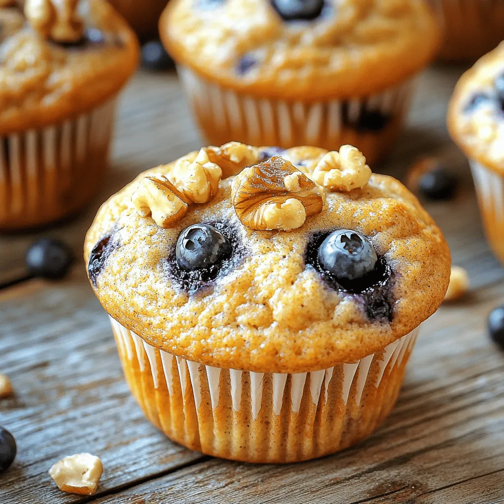 The ingredients for these healthy blueberry banana muffins are simple and wholesome. Here is what you will need: - 2 ripe bananas, thoroughly mashed - 1/3 cup coconut oil, melted and slightly cooled - 1/2 cup honey or pure maple syrup - 2 large eggs, at room temperature - 1 teaspoon pure vanilla extract - 1 teaspoon baking soda - 1/2 teaspoon sea salt - 1 teaspoon ground cinnamon - 1 1/2 cups whole wheat flour - 1 cup blueberries, fresh or frozen - Optional: 1/4 cup chopped nuts (such as walnuts or pecans) for enhanced crunch These ingredients blend together to create a delightful muffin that is both tasty and healthy. You can make this recipe even healthier with a few easy swaps. Instead of coconut oil, you can use applesauce for a lighter option. This reduces fat and adds moisture. If you want less sugar, consider using a ripe banana instead of honey or maple syrup. You can also use almond flour or oat flour instead of whole wheat flour. This change can cater to gluten-free needs. Lastly, if you want to add more fiber, include ground flaxseed or chia seeds in your batter. Blueberries are tiny powerhouses of nutrition. They are low in calories and rich in vitamins. They contain antioxidants that may help protect your body from disease. Eating blueberries can boost your heart health and brain function. Bananas are another star ingredient. They provide potassium, which is great for your heart and muscles. They are also a good source of fiber. This helps with digestion and keeps you feeling full longer. Together, these fruits make a perfect pair for a healthy muffin that tastes great and supports your well-being. For the full recipe, check out the section above. Start by gathering all your ingredients. You want everything handy for easy mixing. Preheat your oven to 350°F (175°C). This step is key for even baking. While the oven heats, prepare your muffin tin. You can line it with paper liners or use non-stick spray. This helps the muffins pop out easily after baking. In a large bowl, mash the ripe bananas. You should get a smooth mix. Next, add the melted coconut oil and stir. Then, mix in the honey or maple syrup. Make sure everything blends well. Add in the eggs one by one, mixing each in fully. Finally, stir in the vanilla extract. In a separate bowl, sift the dry ingredients. Combine baking soda, sea salt, ground cinnamon, and whole wheat flour. This helps break up lumps and ensures an even mix. Slowly fold these dry ingredients into your wet mix. Be gentle; you want a tender muffin. Lumps are okay! Now, fold in the blueberries and any nuts if you choose. This adds great flavor and texture. Using a spoon or ice cream scoop, fill the muffin cups about three-quarters full. This allows room for them to rise. Bake in the preheated oven for 18-20 minutes. Your muffins are ready when a toothpick comes out clean or with moist crumbs. To check if your muffins are done, insert a toothpick into the center. If it comes out clean, they are ready. If you see a few moist crumbs, that's fine too. Once done, let the muffins cool in the tin for about 5 minutes. This helps them set properly. After that, transfer them to a wire rack to cool completely. Enjoy your delightful Healthy Blueberry Banana Muffins! For the full recipe, check the section above. To get fluffy muffins, always use ripe bananas. They add moisture and natural sweetness. Make sure to mash them well. Use melted coconut oil instead of butter. It keeps the muffins light. Mix wet and dry ingredients separately before combining them. This step helps avoid overmixing. When combining, stir gently. Leave some lumps for a tender muffin. One common mistake is overmixing the batter. This can make muffins dense. Another mistake is not checking your oven temperature. An oven that's too hot can burn the muffins. Always use a toothpick to test doneness. If it comes out wet, bake a few more minutes. Lastly, don’t skip the cooling time. It helps the muffins firm up. These muffins go great with yogurt or a side of fresh fruit. A dollop of nut butter adds protein and flavor. You can also enjoy them with a cup of tea or coffee. For a fun twist, serve them warm with a drizzle of honey. Want to try something special? Pair them with a scoop of vanilla ice cream for a treat! For the complete recipe, check out the Full Recipe section. {{image_4}} You can make these muffins even more fun! Try adding different nuts like walnuts or pecans. They give a nice crunch. You can also mix in chocolate chips for a sweet twist. If you want some spice, add a pinch of nutmeg or ginger. These small changes can make a big difference. You can easily make these muffins gluten-free. Just swap out the whole wheat flour for a gluten-free blend. Look for one that works well for baking. If you want them vegan, replace the eggs. You can use flax eggs instead. Just mix one tablespoon of ground flaxseed with three tablespoons of water. Let it sit for five minutes. This works great in muffins! Feel free to switch up the fruit based on the season. In summer, try fresh strawberries or peaches. In fall, diced apples or pumpkin can add great flavor. You can even mix in some fresh cranberries for a tart taste. These changes keep your muffins exciting and fresh. Use the [Full Recipe] for a base and explore your favorite fruits! To keep your blueberry banana muffins fresh, store them in an airtight container. This helps keep moisture in and prevents them from getting hard. Place a paper towel at the bottom of the container to absorb extra moisture. If you have extra muffins, you can layer them with paper towels between each layer. This keeps them soft and tasty for longer. Want to save some muffins for later? It's easy! First, let the muffins cool completely on a wire rack. Once cooled, wrap each muffin tightly in plastic wrap. After that, place them in a freezer-safe bag. Be sure to squeeze out as much air as possible to avoid freezer burn. You can freeze these muffins for up to three months. When you’re ready to eat them, just take them out and let them thaw at room temperature. To enjoy your muffins warm, reheating is simple. Preheat your oven to 350°F (175°C). Place the muffins on a baking sheet. Heat them for about 10 minutes. This will bring back their fresh-baked flavor. If you're in a hurry, you can use the microwave. Heat each muffin for about 15-20 seconds. Just be careful not to overheat them, so they stay moist and delicious. For the full recipe, check out the details above. Yes, you can use frozen blueberries in this recipe. Just toss them in a bit of flour. This stops them from sinking to the bottom of the muffins. Frozen berries work well and still taste great. They add a nice burst of flavor, too. To lower the sugar in these muffins, use less honey or maple syrup. You can also try ripe bananas. They are naturally sweet and can reduce the need for added sugar. You might even add a bit of unsweetened applesauce. This keeps the muffins moist without too much sugar. If your muffins don’t rise, check your baking soda. Make sure it is fresh. Old baking soda may lose its power. Also, don’t overmix the batter. Mixing too much can make muffins dense and flat. Finally, ensure your oven is preheated and at the right temperature for baking. This article covered how to make delicious muffins from scratch. We explored key ingredients, healthy swaps, and the nutritional perks of blueberries and bananas. The step-by-step instructions guide you through preparation, mixing, and baking for perfect muffins. I shared tips for fluffy texture and common mistakes to avoid. You discovered fun variations and smart storage tips. With these insights, you'll create mouthwatering muffins that everyone loves. Enjoy baking and experimenting with flavors in your kitchen!