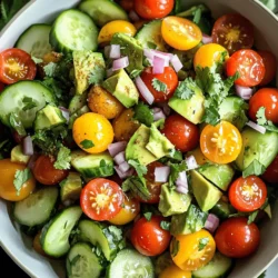 - 2 ripe avocados, diced - 2 cups cherry tomatoes, halved - 1 large cucumber, peeled and diced - 1/4 cup red onion, finely minced - 1/4 cup fresh cilantro, chopped - 2 tablespoons lime juice - 1 tablespoon extra-virgin olive oil - Salt and pepper to taste - 1/2 teaspoon ground cumin (optional) I love how fresh and colorful this salad is. The creamy avocados mix perfectly with the juicy tomatoes and crisp cucumbers. As you gather your ingredients, make sure your avocados are ripe but not too soft. This will give you a nice texture in your salad. The cherry tomatoes add a sweet burst of flavor. Halving them makes them easy to eat and lets their juices mingle with the other ingredients. A large cucumber gives a nice crunch. I peel mine to keep the flavor smooth and bright. For added flavor, I use red onion and fresh cilantro. The red onion adds a subtle bite, while the cilantro gives a fresh, herbal taste. The lime juice and olive oil combine to make a zesty dressing. This dressing adds a lovely richness that balances the fresh veggies. Optionally, you can add ground cumin. It gives an earthy note that can enhance the salad's flavor. You can find the Full Recipe above for detailed measurements and instructions. This salad is not just tasty; it’s healthy too. Each ingredient brings its own benefits, from the healthy fats in avocados to the vitamins in tomatoes and cucumbers. Enjoy making this delightful dish! - Step 1: Combine avocados, tomatoes, and cucumbers. Start by dicing the avocados into bite-sized pieces. Next, halve the cherry tomatoes and peel the cucumber before dicing it. Toss these three ingredients together in a large mixing bowl. Their colors and textures will make you smile. - Step 2: Add red onion and cilantro. Finely mince the red onion and chop the fresh cilantro. Gently mix them into the bowl with the other ingredients. Be careful not to mash the avocados. This adds a nice crunch and bright flavor to the salad. - Step 3: Whisk lime juice, olive oil, and cumin. In a small bowl, whisk together the lime juice and extra-virgin olive oil. If you like, add a pinch of ground cumin for an earthy taste. This dressing ties the salad together, adding a zesty flair. - Step 4: Drizzle and toss the salad. Drizzle the dressing over your salad. With a gentle hand, toss everything together. Make sure the dressing coats all the ingredients without crushing the soft avocados. - Step 5: Allow flavors to meld. Let the salad sit for about 10 minutes. This short wait lets the flavors blend beautifully. It also allows the lime juice to soften the onions and brighten the dish. - Step 6: Adjust seasoning before serving. Before serving, taste the salad. You may want to add more salt, pepper, or lime juice. This small step makes a big difference in flavor. Enjoy your fresh creation, inspired by the Full Recipe! To make this salad great, start with ripe avocados. They should feel soft but not squishy. Choose firm cucumbers for a nice crunch. When mixing, do it gently. You want to keep those avocado pieces whole. For a tasty twist, try adding feta cheese or olives. Both add a nice bite to the dish. You can also experiment with fresh herbs. Mint or parsley can bring new flavors that brighten the salad. Serve the salad in a large bowl for sharing. This makes it feel special. To make it look even better, garnish with fresh cilantro. A sprinkle of cumin adds both flavor and a nice touch for the eyes. {{image_4}} You can easily swap ingredients in this salad. Try using heirloom or grape tomatoes instead of cherry tomatoes. They bring new colors and flavors. You might also choose sweet or green onions for a different taste. Each swap adds a fun twist to your dish. Seasonal fruits can elevate your salad. Adding mango or strawberries brings sweetness and color. Both fruits pair well with the salad's fresh flavors. You can also toss in bell peppers for added crunch. Their bright colors make the dish look more appealing too. If you need a vegan option, simply skip any optional ingredients. This keeps the salad fresh and plant-based. To ensure it's gluten-free, always check the labels of your ingredients. This way, everyone can enjoy the salad without worry. To keep your salad fresh, refrigerate leftovers in an airtight container. This helps keep the flavors vibrant. Use the salad within 1-2 days for the best taste. After this time, the avocados may brown and lose their nice texture. Can you freeze avocado salad? No, freezing is not recommended. The avocados will turn mushy and lose their creamy goodness. Instead, think about repurposing leftovers in other dishes. You can add it to a wrap, mix it into a grain bowl, or even top a piece of toast. This way, you can still enjoy all those great flavors. You can prepare the salad in advance, but it’s best to dress it just before serving. This keeps the ingredients crisp and fresh. For extra ingredients, store them separately. This way, you can mix them in when you’re ready to eat. It’s a simple trick to maintain taste and texture. You can serve this salad with a variety of tasty dishes. It pairs well with: - Grilled chicken for a hearty meal. - Fresh fish, which adds a light touch. - Whole-grain bread for a satisfying crunch. These options enhance the salad’s fresh flavors and make a full meal. You can prep the salad ahead, but it's best to do some things. Keep the avocados from browning by: - Dicing the avocados just before serving. - Storing cut ingredients in separate containers. - Mixing everything together only when you are ready to eat. This way, the salad stays fresh and bright. This salad is packed with nutrients. It is low in calories and full of healthy fats. Each serving has about 200 calories. Here are some health benefits: - Avocados provide heart-healthy fats. - Tomatoes are rich in vitamins and antioxidants. - Cucumbers keep you hydrated. For complete nutritional details, check the Full Recipe. You’ll find all the specifics you need to know. This salad is fresh, tasty, and easy to make. We covered simple steps for preparing it and highlighted key ingredients. Using ripe avocados and adding seasonal fruits can elevate flavors. Remember to store leftovers properly and enjoy this salad fresh. Explore variations to keep it exciting for each meal. This dish pairs well with grilled chicken or whole-grain bread. Enjoy experimenting with it!