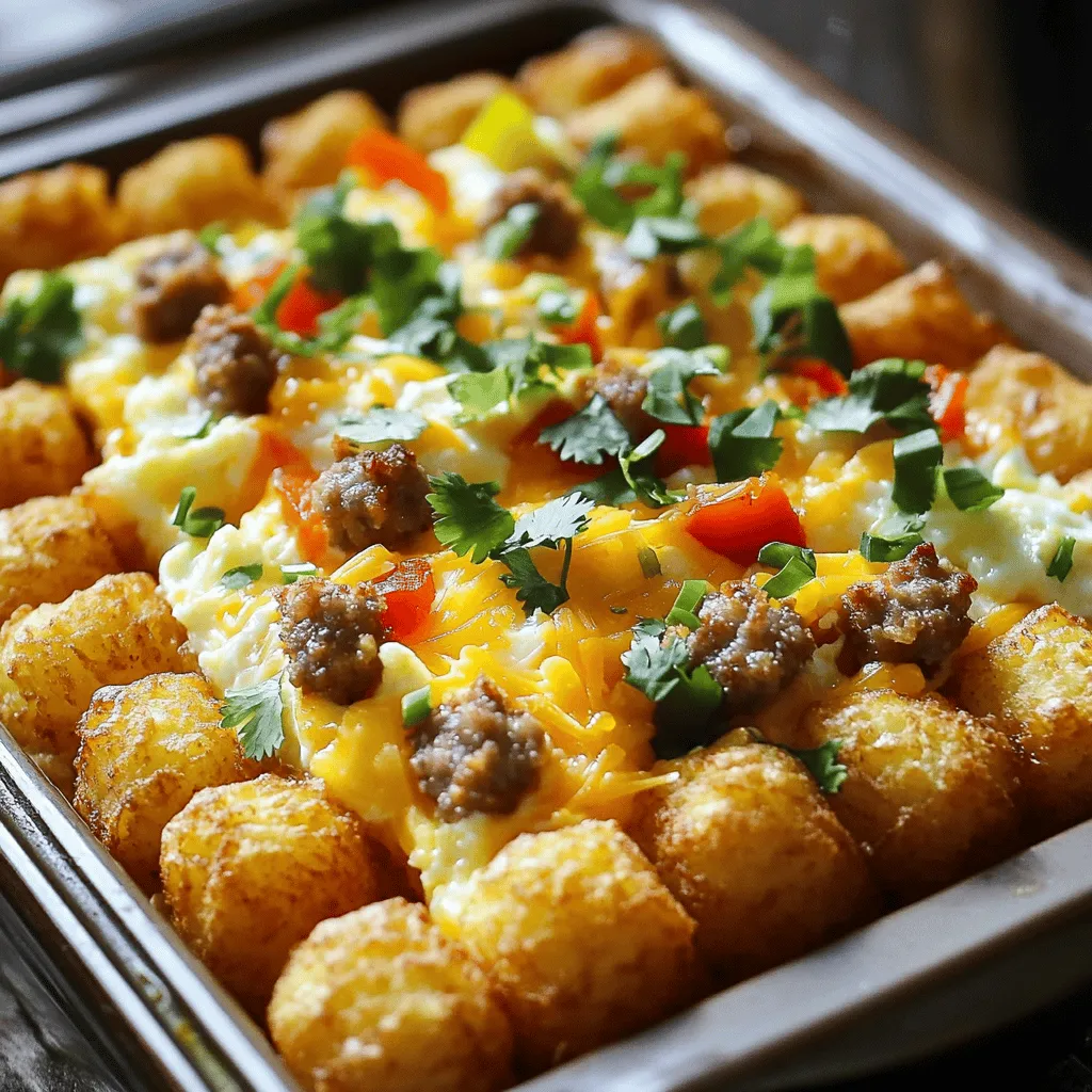 - 32 oz frozen tater tots - 8 large eggs - 1 cup whole milk - 1 cup shredded cheddar cheese - 1 cup cooked and crumbled sausage or plant-based alternative - 1 cup diced bell peppers - 1/2 cup chopped green onions - 1 teaspoon garlic powder - Salt and pepper to taste - Fresh cilantro for garnish Gathering great ingredients is key. I love using frozen tater tots for an easy base. They cook up crispy and golden. Eggs and whole milk make a rich, fluffy layer. Cheddar cheese adds creaminess and flavor. You can choose sausage or a plant-based option for protein. I often go for crumbled sausage; it adds a nice bite. Diced bell peppers bring color and crunch. Green onions give a fresh taste and garnish. Don’t forget the garlic powder! It adds a nice depth of flavor. Salt and pepper are important to make everything pop. Finally, fresh cilantro can brighten up each serving. Using fresh ingredients can elevate this dish. If you want to learn how to put this all together, check the Full Recipe for easy instructions. - Set the oven to 375°F (190°C). - Grease a 9x13 inch baking dish with cooking spray or butter. - Spread frozen tater tots evenly in the dish. Make sure they cover the bottom well. - In a large bowl, whisk together eggs and milk. - Add garlic powder, salt, and pepper. Mix until smooth. - Pour the egg mixture over the tater tots. - Sprinkle crumbled sausage on top, then add diced bell peppers. - Finish with a generous layer of shredded cheddar cheese. - Bake for 30-35 minutes. Check when the eggs are set and the top is golden. - Cool slightly before slicing. - Garnish with chopped green onions and cilantro for extra flavor. For the complete recipe, you can refer to the Full Recipe. Enjoy this tasty dish! To get that perfect crispy layer, you need to layer the tater tots evenly. If they stack too high, some may not cook well. A flat layer allows for even heat. Also, set your oven to 375°F (190°C). This temperature ensures the tots become golden and crunchy without burning. Feel free to change the sausage and cheese. You can use turkey sausage or even tofu for a veggie option. If you want a twist, try adding feta or pepper jack cheese. You can also sneak in extra veggies like spinach or mushrooms. They add flavor and nutrients. Want a kick? Toss in some red pepper flakes or your favorite spices. For a great side, consider fresh fruit or a simple salad. Salsa adds a nice zing too! When serving, think about how it looks. You can dish it straight from the baking pan or transfer it to a beautiful platter. For a fun touch, sprinkle some chopped green onions or cilantro on top. These details make your meal pop and impress your guests. {{image_4}} You can easily make this casserole meatless. Simply swap the sausage for a plant-based protein. Here are some great options: - Crumbled tempeh - Cooked lentils - Black beans - Chopped mushrooms These options add flavor and protein. They also keep the dish satisfying. You can even mix in some spinach or kale for extra nutrients. If you like heat, try adding jalapeños or hot sauce. Slicing fresh jalapeños and sprinkling them on top gives a nice kick. You can also use spicy sausage for more flavor. This will make each bite a spicy delight. - Add 1/2 cup of diced jalapeños. - Choose a spicy sausage or chorizo. Feel free to adjust the spice level. Everyone has different tastes! Preparing this casserole ahead of time is easy. You can assemble it the night before. Just cover it and store it in the fridge. To freeze, follow these steps: - Assemble the casserole in a freezer-safe dish. - Cover tightly with plastic wrap and then foil. - Freeze for up to 3 months. When you’re ready to eat, thaw it overnight in the fridge. Bake it as usual. This makes for a quick and easy breakfast! You can enjoy a delicious meal with minimal fuss. For the full recipe, check out the detailed instructions above. To keep your Loaded Breakfast Tater Tot Casserole fresh, store it in the refrigerator. Use airtight containers to prevent moisture loss. These containers help keep your casserole tasty and safe. You can also cover the dish tightly with plastic wrap. Just make sure it cools down before sealing. If you want to save some for later, freezing works great! First, let the casserole cool completely. Then, cut it into portions. Wrap each piece tightly in plastic wrap. After that, place them in a freezer-safe bag or container. When you're ready to eat, thaw it in the fridge overnight. Reheat in the oven at 350°F (175°C) for about 20-25 minutes. Check that it's hot all the way through before serving. In the fridge, your leftovers will last for about 3 to 5 days. If you freeze them, they can stay good for up to 3 months. Always check for spoilage signs. Look for any off smells, discoloration, or mold. If you see any, it's best to toss it. Enjoy your delicious meal without worry! Making this casserole takes about 50 minutes. You need about 15 minutes for prep. The cooking time is 30 to 35 minutes in the oven. This makes it easy to fit into your morning routine. Yes, you can use many types of cheese. I love sharp cheddar for its strong flavor. You can also try Monterey Jack for a milder taste. If you want a twist, use pepper jack for some heat. Mixing cheeses can add depth to the dish too. Absolutely! This casserole is perfect for brunch. It feeds a crowd easily, serving 6 to 8 people. You can double the recipe for larger groups. Serve it straight from the oven for a fresh taste. Add some salsa or avocado on the side for extra fun. Yes, you can reheat leftovers. The best way is to place them in the oven. Set it to 350°F (175°C) and heat for about 15 minutes. This keeps the casserole crispy. You can also use the microwave, but it may not stay as crispy. I suggest pairing it with a side salad for freshness. Fresh fruit also makes a great side. You could add salsa, avocado, or even hot sauce for flavor. A dollop of sour cream can enhance the dish, too. For a garnish, use chopped cilantro or green onions. These add color and flavor! This Loaded Breakfast Tater Tot Casserole brings flavor and ease to your table. With simple steps, you create a hearty meal that everyone will love. You can customize it to suit your tastes and dietary needs. Remember to store leftovers properly for later enjoyment. This dish not only serves as a great breakfast but also works well for brunch gatherings. I hope you feel inspired to try this recipe and share it with family and friends. It’s easy and delicious, making every meal special.