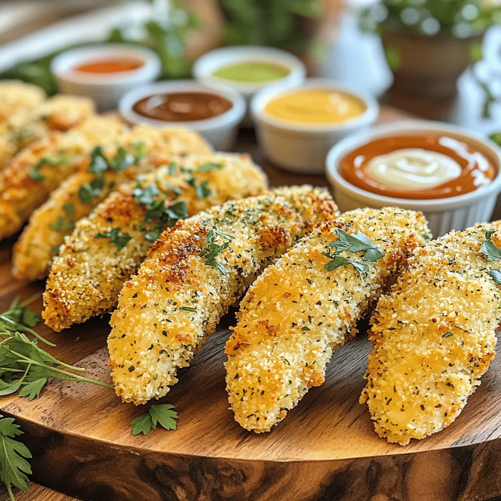 When making classic chicken tenders, you need simple yet key ingredients for great taste. Here’s what you'll need: - 2 boneless, skinless chicken breasts - 1 cup buttermilk - 1 teaspoon garlic powder - 1 teaspoon onion powder - 1 teaspoon smoked paprika - 1 teaspoon dried oregano - 1 teaspoon dried thyme - 1 cup all-purpose flour - 1 cup breadcrumbs (preferably panko for extra crunch) - Salt and pepper to taste - Vegetable oil for frying Each ingredient plays a role in creating the perfect tender. The chicken gives us the main flavor and protein. Buttermilk adds moisture and tenderness. The spices mix with the buttermilk to create a tasty marinade. Flour and breadcrumbs deliver the crispy coating we all love. Using panko breadcrumbs will make your tenders extra crunchy. This detail makes a big difference in texture. Don’t forget about salt and pepper; they enhance every bite. Gather all these ingredients before you start. This way, you will feel ready and organized. Trust me, it makes cooking much easier! You can find the full recipe above for detailed steps on how to make these crispy delights. To start, you need to make a tasty marinade. In a large bowl, mix 1 cup of buttermilk with the spices. Use 1 teaspoon of garlic powder, onion powder, smoked paprika, dried oregano, and dried thyme. Stir until everything blends well. This will give your chicken great flavor. Next, add your sliced chicken strips to the marinade. Make sure they are all covered. Cover the bowl with plastic wrap. Let the chicken marinate in the fridge for at least 1 hour. If you have time, marinate it overnight. This gives the chicken more flavor. Now, let’s set up your breading station. In a shallow bowl, mix 1 cup of all-purpose flour with some salt and pepper. In another bowl, add 1 cup of breadcrumbs. I suggest using panko for extra crunch. Once your chicken is done marinating, take it out. Let the excess marinade drip off each strip. First, dip the chicken in the seasoned flour. Shake off any extra flour. Then, dip it back into the buttermilk. Finally, coat it with the breadcrumbs. Press the breadcrumbs onto the chicken to help them stick. For frying, grab a large frying pan. Add about 1 inch of vegetable oil and heat it over medium heat. You want the oil to reach 350°F (175°C). When the oil is ready, carefully place the chicken tenders in the hot oil. Do this in batches to avoid overcrowding. Fry each batch for about 4-5 minutes per side. You want them to be golden brown and cooked through. After frying, remove the tenders and place them on a plate lined with paper towels. This will help soak up extra oil. Enjoy your crispy chicken tenders hot, with your favorite dipping sauces for extra flavor! For the full recipe, check out the details above. To get the best crunch, I always recommend using panko breadcrumbs. Panko gives a light, airy texture, which makes your chicken tenders extra crispy. Regular breadcrumbs work too, but they won't be as crunchy. Do not overcrowd the pan while frying. If you add too many tenders at once, the oil temperature drops. This can lead to soggy chicken. Fry in small batches to keep the oil hot. It helps the tenders cook evenly and maintain their crispiness. Spicing up your flour or breadcrumb mix can add great flavor. Try adding garlic powder or cayenne pepper for a kick. You can also mix in dried herbs like basil or parsley. This step makes a big difference in taste. For alternative marinades, you can use yogurt or even pickle juice. Both add a tangy flavor that pairs well with chicken. Letting the chicken soak longer will give you a deeper taste. Experiment to find your favorite combination! {{image_4}} Oven-baked chicken tenders can be a great choice for a healthier meal. To make them, preheat your oven to 400°F (200°C). Line a baking sheet with parchment paper for easy cleanup. 1. After marinating your chicken, set up your breading station as usual. 2. Instead of frying, place the coated chicken strips on the prepared baking sheet. 3. Lightly spray the chicken with cooking spray or drizzle a little oil on top. This helps them crisp up in the oven. For seasoning, you can use the same spices from the original recipe. Or try new blends, like Italian herbs or a spicy Cajun mix, for a tasty twist. You can switch up the coating for unique flavors. Instead of breadcrumbs, try using crushed cornflakes or nuts like almonds or pecans. - For cornflakes, crush them into small pieces before coating. They add a nice crunch and a slight sweetness. - For nuts, finely chop them to create a flavorful and crunchy layer. You can also mix different spices into your coating. Try adding cayenne for heat, or a pinch of curry powder for a warm flavor. Each option makes your chicken tenders truly special. For the full recipe, check out the Crispy Herb-Infused Chicken Tenders. To keep your chicken tenders fresh, store them in an airtight container. This prevents moisture loss and keeps out odors. You can also wrap them tightly in plastic wrap or foil. For best taste, eat your chicken tenders within 3 days. If you leave them in the fridge too long, they might lose flavor and texture. To freeze your chicken tenders, allow them to cool completely after cooking. Then, place them in a single layer on a baking sheet. Freeze until solid, then transfer them to a freezer bag. Make sure to remove as much air as possible to prevent freezer burn. You can freeze chicken tenders for up to 3 months. When ready to eat, reheat them in the oven at 400°F (200°C) for about 15-20 minutes. This method keeps them crispy. You can also use an air fryer for a faster option, just 10-12 minutes at 375°F (190°C) works well. For more details on making these tenders, check out the Full Recipe. You have many choices for dipping sauces. Some popular options include: - Honey mustard - Ranch dressing - Barbecue sauce - Sweet and sour sauce - Garlic aioli Each sauce adds a unique flavor. Honey mustard is sweet and tangy. Ranch offers a creamy, herby taste. Barbecue sauce brings a smoky flavor. Experiment with different sauces to find your favorites! Yes, you can use chicken thighs instead of breasts. Chicken thighs have more fat. This means they stay moist and juicy. The flavor of thighs is richer than breasts. If you like a tender bite, thighs are a good choice. Just remember to adjust the cooking time slightly. Thighs may take a bit longer to cook. To ensure chicken tenders are fully cooked: - Use a meat thermometer. Check that the internal temperature reaches 165°F (74°C). - Cut into one tender. The meat should be white, not pink. - Juices should run clear, not red or pink. These tips help keep your chicken safe to eat. Enjoy your crispy chicken tenders with confidence! For the full recipe, check out the recipe guide above. This blog post detailed how to make delicious chicken tenders. We covered the ingredients, from chicken breasts to buttermilk. I shared the marinating, breading, and frying steps for crispy results. You learned tips for maximum crunch and flavor boosts. We also explored oven-baked options and tasty variations. Lastly, I provided storage guidelines and answered common questions. Now, you’re ready to enjoy tasty chicken tenders at home. Happy cooking!