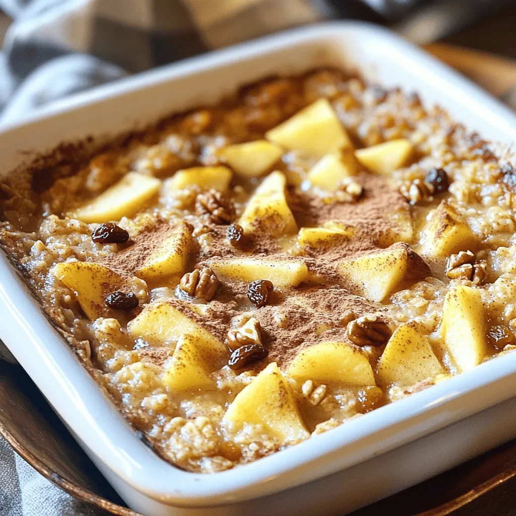 To make this tasty cinnamon apple oatmeal bake, you need: - 2 cups rolled oats - 1 teaspoon baking powder - 1 teaspoon ground cinnamon - 1/2 teaspoon salt - 2 cups unsweetened almond milk (or your preferred milk) - 1/4 cup maple syrup or honey - 2 large eggs - 1 teaspoon vanilla extract - 2 cups apples, peeled and diced (about 2-3 medium apples) - 1/2 cup chopped walnuts or pecans (optional) - 1/4 cup raisins or dried cranberries (optional) You can change up the flavors by adding: - Chopped nuts like almonds or hazelnuts for crunch - More fruits like bananas or pears for sweetness - A scoop of protein powder to boost nutrition - A sprinkle of nutmeg for extra spice These add-ins make your bake even more delicious! Each serving of this oatmeal bake is packed with nutrients: - Calories: About 250 - Protein: 8 grams - Carbohydrates: 40 grams - Fiber: 5 grams - Sugar: 10 grams (if using honey) This treat is great for breakfast or a snack. It fuels your day while keeping it tasty! For the full recipe, check out the detailed instructions. First, preheat your oven to 350°F (175°C). This helps the oatmeal bake cook evenly. While the oven warms up, grease a 9x9 inch baking dish. You can use oil or cooking spray to keep it from sticking. In a large bowl, mix the rolled oats, baking powder, ground cinnamon, and salt. Use a whisk or a spoon to blend well. In another bowl, whisk together the almond milk, maple syrup, eggs, and vanilla extract. This creates a smooth mix that will add flavor. Pour this wet mixture into the bowl with the dry ingredients. Mix gently until they just come together. Avoid overmixing, as this can change the texture. Now, fold in the diced apples, nuts, and dried fruits. Make sure they spread evenly throughout the mix. Pour the oatmeal mix into your greased dish. Use a spatula to spread it out evenly. Place the dish in your preheated oven and bake for 35-40 minutes. You want the top to turn golden brown and the edges to set. To check if it's done, insert a toothpick into the center. It should come out clean. Once baked, let it cool for a few minutes. This helps it set up better. After cooling, slice into squares or rectangles for serving. Serve this warm for the best flavor. Drizzle a bit more maple syrup on top for sweetness. A light sprinkle of cinnamon adds a nice touch too. For a creamy contrast, add a scoop of yogurt or a dollop of nut butter beside each slice. Enjoy this tasty treat with family or friends! You can find the full recipe in the earlier section. To get the best texture, use rolled oats. They soak up liquid well and become soft. Don’t use quick oats. They can turn mushy. For a chewier bite, add chopped nuts. They add great crunch and flavor. Bake until the top is golden brown. This shows it’s cooked through. You can test doneness with a toothpick. It should come out clean. You can switch out ingredients based on what you have. Almond milk works great, but any milk will do. If you want to make it vegan, use flax eggs instead of regular eggs. Mix one tablespoon of ground flaxseed with three tablespoons of water. Let it sit for five minutes. You can also use brown sugar instead of maple syrup or honey for sweetness. Making this dish ahead is easy. You can prepare the mix the night before. Just follow the steps until you pour it into the dish. Cover it and store it in the fridge. In the morning, bake it for a warm breakfast. You can also freeze leftovers. Just cut into squares and place them in a freezer-safe container. When you want some, reheat in the microwave or oven. For the [Full Recipe], check the earlier section for details. {{image_4}} You can easily change the flavor of your oatmeal bake. Try adding different spices. A pinch of nutmeg adds warmth. You might also enjoy a dash of ginger for a nice kick. For fruit, consider adding berries or bananas. Each fruit gives a unique taste. You can even mix in dried fruit like apricots or figs. The options are endless! If you need a gluten-free option, swap rolled oats for certified gluten-free oats. This change keeps the dish safe for those with gluten sensitivities. For a vegan treat, use flax eggs instead of real eggs. Just mix one tablespoon of ground flaxseed with three tablespoons of water. Let it sit for a few minutes until it thickens. You can also substitute almond milk with oat milk or coconut milk for a vegan-friendly version. Serving your Cinnamon Apple Oatmeal Bake can be fun! Cut it into squares and serve warm. Drizzle with maple syrup for sweetness. You can add a scoop of yogurt for creaminess. Try topping it with fresh fruit or nuts for extra crunch. It also makes a great breakfast on-the-go. Just pack it in a container, and enjoy it cold! For more ideas and tips, check out the Full Recipe. After baking your cinnamon apple oatmeal bake, you may have some leftovers. To store them, let the dish cool completely. Then, cut it into squares and place them in an airtight container. Keep the container in the fridge. This keeps the oatmeal fresh for up to five days. If you want to save it for later, freezing works well. Wrap each square in plastic wrap tightly. Then, place the wrapped squares in a freezer-safe bag or container. You can freeze them for up to three months. Just label the bag with the date. This way, you’ll know when to enjoy it again. When you’re ready to eat your oatmeal bake, reheating is simple. For quick reheating, use the microwave. Place a square on a microwave-safe plate and heat for about 30-60 seconds. If you prefer the oven, preheat it to 350°F (175°C). Place the square on a baking sheet and warm it for about 10-15 minutes. This keeps the texture nice and soft. Enjoy your delicious treat warm! You can serve Cinnamon Apple Oatmeal Bake warm from the oven. I suggest slicing it into squares. Drizzle some maple syrup on top for extra sweetness. A sprinkle of cinnamon adds a nice touch. You can also add a scoop of yogurt or nut butter for creaminess. This makes each bite even better! Yes, you can use other types of milk. Almond milk is great, but try oat milk or soy milk too. Whole milk or skim milk works well if you want a richer taste. Each type will change the flavor a bit, so choose what you like best! Cinnamon Apple Oatmeal Bake is a healthy choice. It has oats, which are high in fiber. Apples add vitamins and natural sweetness. If you use honey or maple syrup, you keep added sugars low. The nuts give healthy fats and protein. This dish feels like a treat but packs in nutrients! You now have a clear path to make a delicious Cinnamon Apple Oatmeal Bake. We explored key ingredients, optional add-ins, and important nutritional info. You learned the step-by-step process, smart tips, and creative variations. You also discovered how to store and reheat your bake. Overall, this dish is simple to prepare and very versatile. Enjoy making it your own and sharing it with others!