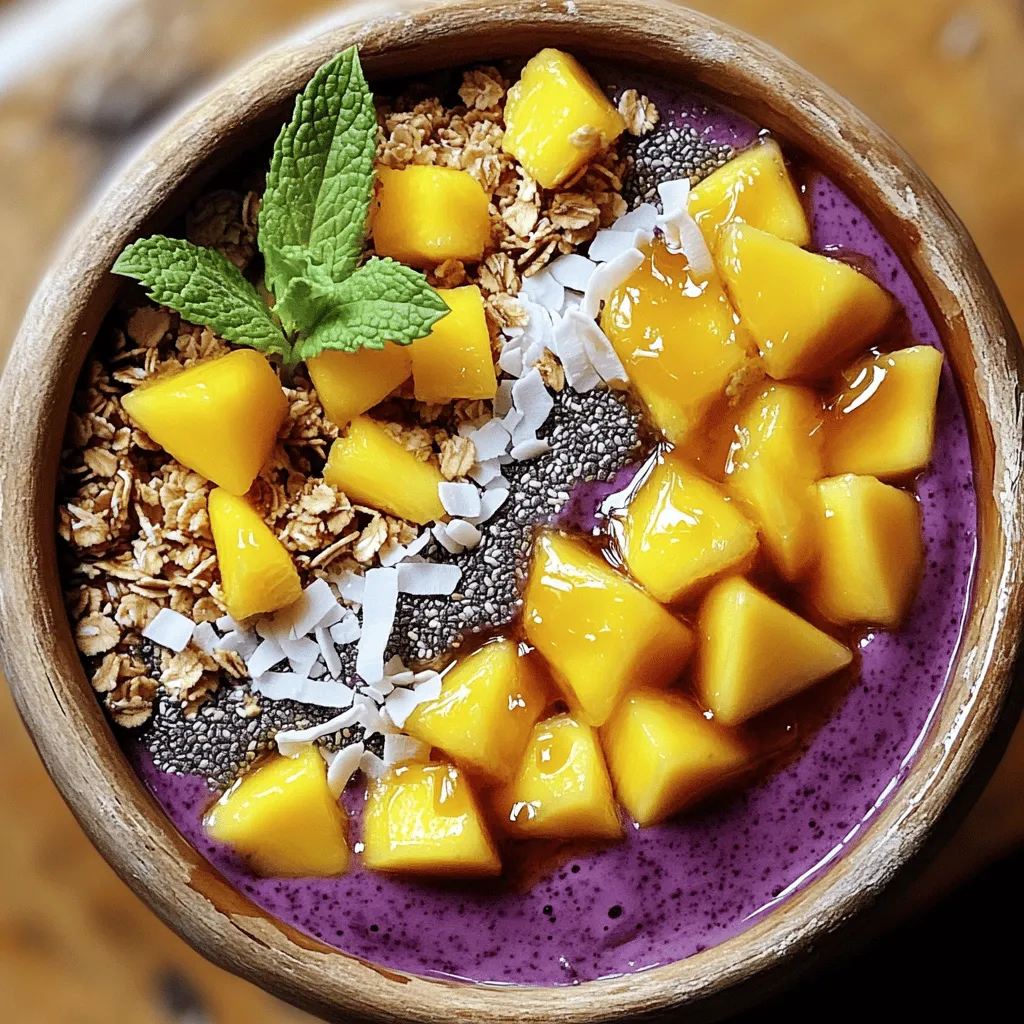- 2 packets frozen acai puree - 1 ripe banana, sliced - 1 cup coconut water - 1/2 cup fresh mango, diced - 1/2 cup fresh pineapple, diced These main ingredients create a smooth and tasty base. The frozen acai puree gives a rich, berry flavor. The banana adds creaminess, while coconut water keeps it light and refreshing. Fresh mango and pineapple bring a bright, tropical vibe. - 1/4 cup granola (your choice of flavor) - 2 tablespoons shredded coconut (unsweetened or lightly sweetened) - 1 tablespoon chia seeds - 1 tablespoon honey or agave syrup These toppings make the bowl even better. Granola adds crunch, while shredded coconut gives a nice chew. Chia seeds pack in some extra nutrition. A drizzle of honey or agave syrup sweetens the deal and ties it all together. This bowl is not just tasty; it’s also good for you. Each serving has about 300 calories. Acai berries contain antioxidants, which help your body. Tropical fruits like mango and pineapple are high in vitamins. They give you vitamin C and fiber, which support your immune system and digestion. Enjoy this bowl as a healthy breakfast or snack! To make the acai base, start by gathering your ingredients. You will need 2 packets of frozen acai puree, 1 ripe banana, and 1 cup of coconut water. 1. Blend the Base: Place the frozen acai packets, sliced banana, and coconut water in a high-speed blender. 2. Mix Well: Blend on high until you have a smooth, creamy mix. Scrape down the sides if needed. 3. Check Texture: Ensure there are no lumps. You want it silky and thick. Now, it's time to make your bowl look good and taste even better. 1. Create the Acai Bowl: Carefully pour the blended acai into a bowl. This is your vibrant base. 2. Add Fresh Fruits: Next, take your diced mango and pineapple. Arrange them on top of the acai. Be creative! 3. Top with Crunch: Sprinkle your choice of granola over the fruits. This adds a nice crunch. 4. Add More Texture: Next, add shredded coconut and chia seeds. These give extra flavor and nutrition. The last step is all about making it look amazing. 1. Sweeten the Deal: Drizzle honey or agave syrup on top. It should look pretty as it cascades down. 2. Garnish: Finish with fresh mint leaves for a pop of color and freshness. - Presentation Tips: Use a bright bowl to show off the colors. You can also add a slice of banana or a few extra chia seeds around the edges for style. Try this Tropical Acai Bowl recipe, and enjoy the fresh and flavorful taste! To get the best blend for your Tropical Acai Bowl, use a high-speed blender. Start with the liquid first. Pour in the coconut water, then add the frozen acai and banana. This order helps the blender work better. Blend on high until smooth. If it’s too thick, add more coconut water. Stop to stir if needed. Aim for a creamy texture without any chunks. Make your acai bowl your own. You can add any fresh fruit you like. Try kiwi, strawberries, or even dragon fruit. For extra flavor, mix in a splash of vanilla or a hint of lime juice. You can switch the granola too. Use a nut-based or chocolate granola for a twist. Remember, your bowl should reflect your taste! Serve your acai bowl right after you make it. This keeps it fresh and delicious. Pair it with a light tea or a smoothie for a fuller meal. You can even enjoy it as dessert! For a nice touch, add a sprinkle of nuts or seeds on top. Enjoy each spoonful, savoring the tropical flavors! {{image_4}} You can mix in other fruits to make your bowl unique. Try adding guava for a sweet twist. Passionfruit gives a tangy flavor that pairs well with acai. Papaya adds a creamy texture and extra nutrients. These fruits not only taste great but also make your bowl colorful and fun. If you follow a vegan diet, you can swap honey for agave syrup. This keeps your bowl sweet without using animal products. For toppings, use plant-based granola. You can find many brands that cater to vegan diets, ensuring you enjoy a delicious treat without compromise. Make your acai bowl a visual feast by using different themes. You can go for a sunset look with orange and yellow fruits. For a tropical vibe, use bright greens and yellows. Arrange your fruits in a rainbow pattern for a fun and cheerful effect. Personalizing your bowl with colors not only looks good but also makes it more exciting to eat. For the complete recipe, check out the Full Recipe section. To store unused acai mixture, pour it into a clean, airtight container. Make sure to seal it tightly. You can keep the acai mixture in the fridge for up to two days. If you want to keep it longer, freeze it. Just thaw it in the fridge overnight before using. This way, you can enjoy it later without losing flavor. Keep fruits and toppings fresh by storing them properly. For bananas, it's best to leave them on the counter. For mangoes and pineapples, store them in the fridge if they are ripe. Keep granola in a cool, dry place in a sealed bag. For shredded coconut, store it in an airtight container away from moisture. This helps maintain their freshness and taste. Preparing components in advance makes assembly quick and easy. You can blend the acai mixture and store it in the fridge. Dice the mango and pineapple the night before. Keep them in separate containers. Measure out your granola, chia seeds, and coconut into small bags. This way, you can grab everything easily when you want to assemble your Tropical Acai Bowl. To make a Tropical Acai Bowl, follow these steps: 1. Blend the Base: Start by adding the frozen acai puree, sliced banana, and coconut water to a blender. Blend until it’s smooth and creamy. If you see any chunks, stop and mix it up. 2. Create the Acai Bowl: Pour the smooth mixture into a bowl. This is your colorful base. 3. Add Fresh Fruits: Place your diced mango and pineapple on top of the acai. Arrange them nicely for a fun look. 4. Top with Crunch: Sprinkle granola on the fruit. This adds a nice crunch. Then, add shredded coconut and chia seeds for extra texture. 5. Sweeten the Deal: Drizzle honey or agave syrup over the top. This makes it sweet and tasty. 6. Garnish: Add fresh mint leaves to the top. They make your bowl look fresh and pretty. Make sure to check the Full Recipe for more details! Acai berries are not only tasty but also healthy. They have many benefits: - High in Antioxidants: Acai berries are packed with antioxidants. These help fight free radicals in your body. - Good for Heart Health: They can help lower cholesterol and support your heart. - Boosts Energy: Many people find that acai gives them a nice energy boost. - Aids Digestion: The fiber in acai can help keep your digestion smooth. Including acai in your diet is a smart choice for overall health. You can find Tropical Acai Bowls at many cafes and juice bars. Here are some places to check out: - Local Juice Bars: Many juice bars offer acai bowls made fresh daily. - Healthy Cafes: Look for cafes that focus on healthy food. They often have acai bowls on the menu. - Smoothie Shops: Some smoothie shops also serve acai bowls with various toppings. Always ask about their ingredients. You want to enjoy the best and freshest options! This blog post guides you through creating a delicious Tropical Acai Bowl. You learned about the main ingredients like frozen acai puree, fresh fruits, and coconut water. I provided step-by-step instructions for preparing the base and assembling your bowl. Toppings add flavor and texture, while the nutritional benefits make it a healthy choice. In summary, making your own acai bowl is simple and fun. Experiment with flavors and themes to find your perfect blend. Enjoy this refreshing treat anytime!