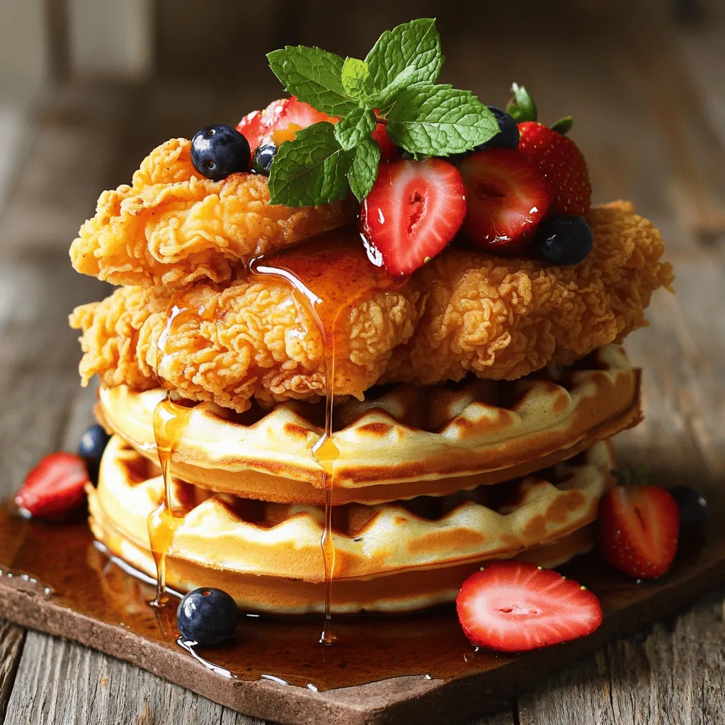 I love cooking Chicken and Waffles. This dish blends savory and sweet. It's perfect for dinner or brunch. Plus, it’s easy to make and fun to eat. Here’s what you need for this delicious meal: - 2 boneless, skinless chicken breasts - 1 cup buttermilk - 1 cup all-purpose flour - 1 teaspoon paprika - 1 teaspoon garlic powder - 1 teaspoon onion powder - ½ teaspoon black pepper - ½ teaspoon salt - ½ teaspoon cayenne pepper (optional for spice) - 2 large eggs - 1 cup cornmeal - 1 teaspoon baking powder - 1¼ cups milk - 1 tablespoon sugar - 1 teaspoon vanilla extract - 4 tablespoons unsalted butter, melted - Maple syrup, for serving - Fresh berries (strawberries, blueberries, or raspberries), for garnish You can change things up to fit your taste. Here are some fun add-ins: - Add herbs like thyme or rosemary for flavor. - Use whole wheat flour for a healthier waffle. - Try different spices like cumin or chili powder for a kick. - Swap maple syrup for honey or fruit compote. Feel free to mix and match! Start by marinating the chicken. In a medium bowl, whisk together buttermilk, ½ teaspoon paprika, and a pinch of salt. This mix helps the chicken stay juicy and adds flavor. Add the chicken breasts, making sure they are fully soaked. Cover the bowl with plastic wrap. Let it sit in the fridge for at least 30 minutes. This step is key for tender chicken. Next, prepare the coating. In a shallow dish, mix the flour, remaining paprika, garlic powder, onion powder, black pepper, salt, and cayenne pepper if you want heat. In another bowl, beat the eggs until smooth. This egg wash helps the flour stick to the chicken. Now, it's time to fry the chicken. Heat oil in a deep frying pan over medium-high heat. Wait until the oil is hot but not smoking. Remove the chicken from the marinade, letting excess liquid drip off. Dip each piece into the egg wash, then coat it with the flour mix. Fry the chicken for about 6-8 minutes on each side. Look for a golden brown color. Make sure the inside reaches 165°F for safety. Place the fried chicken on paper towels to catch extra oil. While the chicken fries, make the waffles. In a large mixing bowl, whisk together cornmeal, flour, baking powder, sugar, and a pinch of salt. In a separate bowl, mix milk, melted butter, and vanilla extract. Combine the wet and dry ingredients gently. Do not overmix; this keeps the waffles light and fluffy. Preheat your waffle iron according to the instructions. Lightly spray it with cooking spray. Pour the batter into the waffle iron and close it. Cook until the waffles are golden and crisp, usually 3-5 minutes. Repeat until you finish all the batter. To assemble, place a waffle on a plate. Top it with a piece of crispy fried chicken. Drizzle warm maple syrup over the top. Garnish with fresh berries for color and flavor. This adds a beautiful touch and makes it even more tempting. Enjoy your delicious Chicken and Waffles! For the full recipe, refer to the earlier section. - Use fresh chicken for the best flavor. - Marinate the chicken for at least 30 minutes. This makes it juicy. - Make sure your oil is hot enough. Test it with a drop of batter. - Fry in batches. Avoid overcrowding the pan to keep the heat steady. - Let the chicken rest on paper towels. This helps it stay crispy. - Use a preheated waffle iron for even cooking. - Don’t overmix your batter. This keeps the waffles light and fluffy. - Use a cooking spray to prevent sticking. - Adjust cooking time based on your waffle iron. Each one is different. - Keep cooked waffles warm in the oven at low heat while frying chicken. - Stack the chicken on top of the waffle for height. - Drizzle warm maple syrup over the stack for a shiny finish. - Scatter fresh berries around the plate for a pop of color. - Add a sprig of mint on top for a fresh touch. - Serve on a colorful plate to make the dish stand out. For the full recipe, check out the detailed instructions to make this classic dish! {{image_4}} To spice things up, add cayenne pepper to the chicken. This gives the dish a kick. You can also mix hot sauce into the buttermilk for a fiery flavor. For the waffles, try adding a pinch of chili powder to the batter. This will enhance the spice level. Serve with a drizzle of spicy maple syrup for a zesty twist. For a sweeter version, use honey or maple syrup in the waffle batter. You can also add cinnamon or vanilla to the mix. This makes the waffles taste like dessert. Top the fried chicken with a sprinkle of powdered sugar. You can even add fresh fruit like bananas or peaches for extra sweetness. If you prefer savory waffles, swap out some flour for cornmeal. You can also add shredded cheese or herbs like chives to the batter. These additions give the waffles a rich, savory flavor. Serve with a side of gravy instead of syrup for a hearty meal. This makes the dish filling and satisfying. For more ideas, check out the Full Recipe for Chicken and Waffles! After enjoying your chicken and waffles, you may have some left. To keep your meal fresh, store leftovers in airtight containers. Place the chicken and waffles in separate containers to maintain texture. Keep them in the fridge for up to three days. Make sure to cool them completely before sealing to avoid moisture buildup. When it's time to enjoy those leftovers, reheating is key. For chicken, use an oven to keep it crispy. Preheat the oven to 375°F (190°C). Place the chicken on a baking sheet and heat for about 10-15 minutes. For waffles, a toaster works well. Toast them for a few minutes until they are warm and crisp again. You can also use a microwave, but be aware that it may make them softer. Want to save chicken and waffles for later? Freezing is a great option. Wrap each chicken piece in plastic wrap and then in foil. Store waffles in a single layer in a freezer bag. This helps prevent sticking. They can last up to three months in the freezer. To reheat frozen items, let them thaw in the fridge overnight. Then use the reheating tips mentioned above for the best results. The history of Chicken and Waffles blends culture and cuisine. This dish likely began in the 1600s in Europe. It gained popularity in the United States in the 1930s. Many believe it started in Harlem, New York, at a restaurant called Wells Supper Club. The mix of sweet and savory flavors made it a hit. Today, it remains a beloved comfort food across the country. Yes, you can use frozen chicken. Just make sure to thaw it first. Thawing allows the chicken to marinate well in the buttermilk. This step helps keep the chicken juicy and flavorful. Thaw the chicken in the fridge overnight for best results. Avoid using hot water, as this can change the texture. Many sauces can enhance your Chicken and Waffles. Here are some great options: - Maple syrup: Classic choice for sweetness. - Honey: Adds a rich, floral taste. - Hot sauce: For a spicy kick. - BBQ sauce: Gives a smoky flavor. - Sriracha: Adds heat with a hint of garlic. Choose your favorite, or mix and match for fun! To make gluten-free Chicken and Waffles, swap out regular flour for gluten-free flour. Use a blend designed for baking. For the waffles, check the cornmeal; most brands are gluten-free. Always check labels to be sure. You can also use gluten-free breadcrumbs for the chicken coating. This way, you can enjoy this dish without gluten. This blog covered the key elements of making chicken and waffles. We explored essential ingredients, detailed cooking steps, and tips for great results. I shared ideas for variations to suit your taste and how to store leftovers for later. In the end, chicken and waffles is a fun dish to make. Customize it, enjoy your creation, and share it with friends. Happy cooking!