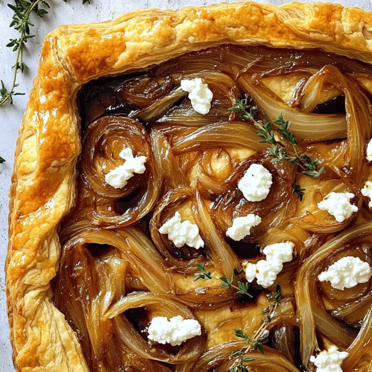 - 1 sheet of puff pastry, thawed - 3 large sweet onions, thinly sliced - 2 tablespoons extra-virgin olive oil - 1 tablespoon balsamic vinegar - 3 ounces creamy goat cheese, crumbled - 1 teaspoon fresh thyme leaves, chopped - Sea salt and freshly cracked black pepper to taste - 1 egg, beaten (for egg wash) For the best taste, use high-quality ingredients. Look for fresh sweet onions, as they add sweetness and flavor. If you can’t find goat cheese, you can try feta or cream cheese. These can provide a similar creamy texture, but with a different taste. Use organic puff pastry if possible. This can enhance both the flavor and texture of the tart. Each serving of this tart contains about 200 calories. You get a good mix of carbs from the pastry, fat from the cheese and olive oil, and fiber from the onions. The tart is also a good source of vitamins A and C, thanks to the onions and thyme. Each serving has around 8 grams of protein and 12 grams of fat. This makes it a great snack or light meal option. For full details on the nutritional content, check the Full Recipe. 1. Preheat your oven to 400°F (200°C). This heat helps the pastry puff well. 2. Take the thawed puff pastry and lightly flour your work surface. Roll it out to smooth any creases. 3. Carefully move the pastry to a baking sheet lined with parchment paper. 1. In a large skillet, heat 2 tablespoons of olive oil over medium heat. 2. Add 3 sliced onions and a pinch of sea salt. Stir to coat them in oil. 3. Cook the onions for about 15-20 minutes. Stir occasionally until they turn soft and golden brown. 4. Once caramelized, stir in 1 tablespoon of balsamic vinegar. Let it simmer for 2-3 minutes to enhance the flavor. 5. Remove the skillet from heat and let the onion mix cool for a few minutes. 6. Score a 1-inch border around the pastry edges with a sharp knife. Avoid cutting all the way through. 7. Prick the center of the pastry with a fork to stop it from puffing too much. 8. Spread the caramelized onions evenly over the center of the pastry. 9. Crumble 3 ounces of goat cheese and sprinkle it on top, along with 1 teaspoon of chopped thyme. 10. Season with sea salt and black pepper to taste. 1. Brush the edges of the pastry with a beaten egg wash for a golden crust. 2. Place the tart in the preheated oven and bake for 25-30 minutes. 3. Look for the pastry to be puffed and golden brown. 4. Once done, take it out and let it cool for a bit before slicing. This process transforms simple ingredients into a delightful dish. For the full recipe, refer to the earlier section on ingredients. Enjoy your cooking! To make the best caramelized onions, follow these key points: - Use sweet onions for a rich, sweet flavor. - Cook onions slowly over medium heat. This helps achieve even caramelization. - Stir occasionally to avoid burning and ensure even cooking. - Add a pinch of salt early on to draw out moisture. For handling the puff pastry: - Roll out the pastry on a floured surface to avoid sticking. - Be gentle when transferring it to the baking sheet. - Score the border carefully to create a raised edge while baking. Pair your tart with a simple salad. A light mixed green salad works well. Drizzle balsamic glaze over the salad for added flavor. For sauces, try a tangy yogurt sauce or a rich tomato sauce. Both enhance the tart’s taste. Garnish the tart with fresh thyme sprigs. This adds color and a fresh touch. Serve warm or at room temperature. Cut the tart into squares or rectangles for easy serving. Place the tart on a nice platter to impress your guests. Enjoy the beautiful blend of flavors and textures! {{image_4}} You can add other ingredients to enhance your tart. Spinach pairs well with goat cheese. It adds a nice green color and flavor. You can also try mushrooms. Sautéed mushrooms bring an earthy taste that balances the sweetness of the onions. If you like more cheese, add feta or ricotta. These cheeses add creaminess and richness to the dish. If you need gluten-free options, use a gluten-free puff pastry. Check the label to ensure it works well for this recipe. For a vegan version, swap the goat cheese for a plant-based cheese. You can also use silken tofu blended with nutritional yeast. This gives you a creamy texture without dairy. Change your ingredients based on the season. In spring, add asparagus or peas for a fresh taste. Summer is perfect for ripe tomatoes or zucchini. Fall offers squash, which adds sweetness. In winter, use root vegetables like carrots or parsnips. These changes keep your tart exciting and full of flavor. For the complete recipe, refer to the Full Recipe section. To keep your tart fresh, wrap it tightly in plastic wrap. Place it in an airtight container. You can store it in the fridge for up to three days. Make sure to let it cool before wrapping. This helps keep the pastry crisp and tasty. To reheat your tart, preheat the oven to 350°F (175°C). Place the tart on a baking sheet. Heat for about 10-15 minutes. This method helps restore the crispness of the pastry. Avoid using the microwave, as it can make the crust soggy. If you want to freeze the tart, wrap it tightly in plastic wrap. Then, place it in a freezer bag or container. You can freeze it for up to two months. When you are ready to eat, thaw it in the fridge overnight. Reheat it in the oven as described above for the best results. Yes, you can use frozen onions. They save time and are convenient. However, frozen onions often lack the fresh taste and texture of their fresh counterparts. They may also release more moisture when cooked. If you do choose frozen onions, be sure to sauté them until they are dry and slightly caramelized. This will help enhance the flavor. If you don’t have goat cheese, several options work well. Feta cheese offers a similar tangy flavor, while cream cheese adds creaminess. You can also use ricotta for a mild taste or even sharp cheddar for a different twist. Each cheese brings its own unique flavor, so choose based on your preference. The tart stays fresh for about 3 days when stored in the fridge. Make sure to cover it tightly with plastic wrap or foil. If you want to keep it longer, you can freeze it for up to a month. Just thaw it in the fridge overnight before reheating. For the best taste, enjoy it fresh from the oven! For the full recipe, check the guide. This blog post covered how to make a delicious tart using puff pastry and sweet onions. You learned about key ingredients, cooking steps, and helpful tips for great results. I shared easy variations and storage info to enjoy leftovers later. Remember, using quality ingredients matters for taste. Try different flavors and have fun with this recipe. Make it your own, and impress your friends and family with this tasty dish. Cooking should be enjoyable and satisfying. Happy baking!