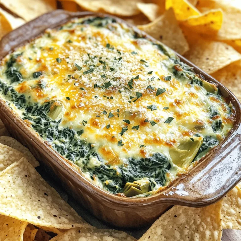 For a great spinach artichoke dip, you need these fresh ingredients: - 2 cups fresh spinach, chopped - 1 cup canned artichoke hearts, drained and roughly chopped - 1 cup cream cheese, softened to room temperature - 1/2 cup sour cream - 1/2 cup mayonnaise - 1 cup shredded mozzarella cheese - 1/2 cup grated Parmesan cheese, divided - 2 cloves garlic, minced - 1 teaspoon garlic powder - 1 teaspoon onion powder - Salt and black pepper, to taste - 1 tablespoon olive oil - Tortilla chips or slices of crusty bread, for serving You can find the full recipe to guide you through the steps. Each ingredient adds to the creamy and savory blend. Spinach gives a nice color and nutrients. Artichoke hearts add a unique flavor. Cream cheese and sour cream make it smooth and rich. Mozzarella and Parmesan bring depth and a cheesy goodness. Garlic adds a punch of flavor. Use spices to balance the taste. When you pick your ingredients, always choose fresh and high-quality items. This helps your dip taste better. Trust me, your guests will love it! Start by preheating your oven to 350°F (175°C). This step is key. It ensures that the dip bakes evenly and gets that perfect golden crust. Next, grab a large skillet and heat the olive oil over medium heat. Once the oil is hot, add the minced garlic. Sauté it for about 1 minute. You want the garlic to smell nice but not burn. After that, add the chopped spinach. Stir it for about 2-3 minutes until it wilts. Remove the skillet from heat and let it cool for a moment. In a separate bowl, combine the softened cream cheese, sour cream, and mayonnaise. Mix them until smooth. Then, add the shredded mozzarella cheese. Blend it well to create a creamy texture. Now, fold in the sautéed spinach and artichoke hearts into the cheese mix. Add garlic powder, onion powder, salt, and pepper. Stir until everything is well mixed. Transfer this mixture to a baking dish. Spread it out evenly. Top it off with the reserved Parmesan cheese. Place the dish in the oven and bake for 25-30 minutes. Watch for bubbling and a golden top. Once done, let it cool for a few minutes before serving. For the full recipe, check the details above. To get the best texture for your dip, think smooth and creamy. Start with softened cream cheese. This helps it mix well. If you want a silkier dip, add a splash of milk or cream. This will lighten the texture. Make sure to fold the spinach and artichokes gently. This keeps the dip fluffy and not too dense. Balancing flavors can make a big difference. You want a nice blend of savory and creamy. If you like it spicy, add red pepper flakes. For more depth, try a squeeze of lemon juice. Taste as you go. Adjust salt and pepper to your liking. Each ingredient adds unique flavor, so feel free to experiment! For serving, keep the dip warm in the baking dish. You can also transfer it to a pretty bowl. Garnish with fresh herbs like parsley or chives. A sprinkle of extra cheese on top adds a nice touch. Pair your dip with tortilla chips, toasted bread, or fresh veggies. This gives your guests a fun mix of dippers. Your creamy spinach artichoke delight will shine on any table! For the complete recipe, check out the Full Recipe section. {{image_4}} You can enjoy spinach artichoke dip in two ways: hot or cold. Hot dip is warm, creamy, and bubbly. It is the classic version. To make a hot dip, bake the mixture as described in the Full Recipe. The heat brings out the rich flavors. Cold dip is chilled and creamy, ideal for warm days. Mix the ingredients without baking. Chill it in the fridge for about an hour. Serve it with fresh veggies or chips for a cool snack. Want a dairy-free version? You can swap the cream cheese and sour cream for vegan options. Use cashew cream or a store-bought dairy-free cream cheese. For sour cream, try coconut yogurt or silken tofu blended until smooth. These alternatives will keep the dip creamy and tasty. Just make sure to check labels for hidden dairy. Feeling adventurous? Add extra flavors to your dip! Red pepper flakes give it a spicy kick. You can mix in cooked crab for a seafood twist. Fresh herbs like basil or chives add freshness. Feel free to get creative! Just remember, balance the flavors so everything blends well. Each addition can change the dip's taste, making it unique every time. To store your spinach artichoke dip, let it cool first. Place it in an airtight container. It will stay fresh for about 3 to 4 days in the fridge. Make sure to cover it well to keep the flavors intact. If you want to store it longer, consider freezing it. When you're ready to enjoy the dip again, preheat your oven to 350°F (175°C). Transfer the dip to a baking dish if it's not in one already. Cover it with foil to keep it moist. Bake for about 15-20 minutes. Stir halfway through to heat it evenly. You can also microwave it in short bursts. Just be careful not to overheat it. Freezing spinach artichoke dip is easy. Place it in a freezer-safe container. Be sure to leave some space at the top for expansion. It will last up to 2 months in the freezer. To thaw, move it to the fridge overnight. Reheat as mentioned above before serving. For the best taste, use it within a month. For the full recipe, check out the Creamy Spinach & Artichoke Delight section above. You can pair spinach artichoke dip with many tasty items. My top choices include: - Tortilla chips - Slices of crusty bread - Fresh vegetable sticks, like carrots and celery - Pita chips - Crackers Each option adds a nice crunch and flavor. Feel free to mix and match! If stored properly, spinach artichoke dip lasts 3 to 5 days in the fridge. Use an airtight container for best results. Always check for any off smells or changes in texture before eating leftovers. Yes, you can prepare the dip in advance. Mix all the ingredients and store it in the fridge. Bake it just before serving. This way, you save time and enjoy a hot dip at your gathering. Spinach artichoke dip is naturally gluten-free. However, check your ingredients. Some store-bought products may have gluten. When in doubt, make your dip from scratch using the Full Recipe for peace of mind. - Prep Time: 15 minutes - Cook Time: 30 minutes - Servings: 8 This creamy spinach and artichoke dip is a true crowd-pleaser. You can whip it up for a party or just to enjoy at home. The combination of fresh spinach and artichoke hearts gives it a bright flavor. Plus, the cheeses make it rich and smooth. Ingredients: - 2 cups fresh spinach, chopped - 1 cup canned artichoke hearts, drained and roughly chopped - 1 cup cream cheese, softened to room temperature - 1/2 cup sour cream - 1/2 cup mayonnaise - 1 cup shredded mozzarella cheese - 1/2 cup grated Parmesan cheese, divided - 2 cloves garlic, minced - 1 teaspoon garlic powder - 1 teaspoon onion powder - Salt and black pepper, to taste - 1 tablespoon olive oil - Tortilla chips or slices of crusty bread, for serving To make this dip, start by preheating your oven to 350°F (175°C). This step makes sure your dip bakes evenly. Next, heat olive oil in a skillet. Add minced garlic and sauté it until it smells good. This usually takes about one minute. Then, toss in the chopped spinach and cook until it wilts, which is about two to three minutes. In a bowl, mix the softened cream cheese, sour cream, mayonnaise, and shredded mozzarella. Blend it until it's creamy and smooth. After that, fold in the sautéed spinach and artichoke hearts. Add the garlic powder, onion powder, and season with salt and pepper. Stir it all together. Now, transfer the mixture into a baking dish. Spread it out evenly, then sprinkle the reserved Parmesan on top. Place it in your oven and bake for 25 to 30 minutes. Look for the dip to bubble and the top to turn golden brown. Let it cool for a few minutes after baking. This dip is best served warm. You can serve it in the baking dish or move it to a nice bowl. Consider garnishing with fresh herbs or an extra sprinkle of cheese. Pair it with tortilla chips or crusty bread for the perfect snack. Enjoy this creamy spinach and artichoke delight! You learned how to make a tasty Spinach Artichoke Dip with fresh ingredients and simple steps. We covered everything from preheating the oven to perfecting the texture. You can tweak flavors and try different variations to fit your taste. Storing leftovers is easy, ensuring you enjoy this dish later. With the right tips, this creamy delight will impress everyone. Now, dive into your kitchen and create a dip that brings smiles!