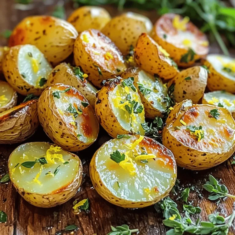To make Lemon Herb Roasted Potatoes, you need the following ingredients: - 2 pounds baby potatoes, halved - 3 tablespoons extra virgin olive oil - 2 tablespoons freshly squeezed lemon juice - Zest of 1 large lemon - 1 teaspoon garlic powder - 1 teaspoon onion powder - 1 teaspoon dried oregano - 1 teaspoon dried thyme - Salt and freshly cracked pepper to taste - Fresh parsley, finely chopped for garnish You can adjust the potato quantity based on your needs. If you prefer, swap baby potatoes for fingerling or new potatoes. Use lemon juice from a bottle if fresh lemons are not available. For herbs, fresh herbs add a bright flavor. However, dried herbs work just as well. If you don’t have garlic powder, fresh garlic is a good substitute. Fresh herbs bring a vibrant taste, while dried herbs offer convenience and longer shelf life. I love using fresh herbs for their bold flavor. However, dried herbs still pack a punch. If using dried herbs, remember they are more concentrated. Use about one-third of the amount you would use for fresh herbs. This balance keeps your dish full of flavor without being overpowering. First, preheat your oven to 400°F (200°C). This heat gets the potatoes crispy and golden. While the oven heats, wash the baby potatoes well. Halve them for even cooking. Place them in a large bowl, ready for seasoning. In the bowl with the halved potatoes, pour in 3 tablespoons of extra virgin olive oil. Add 2 tablespoons of freshly squeezed lemon juice and the zest of one large lemon. Then, sprinkle in 1 teaspoon each of garlic powder, onion powder, dried oregano, and dried thyme. Don’t forget to add salt and freshly cracked pepper to taste. Use your hands to mix everything. Make sure every potato piece is well-coated with the flavorful blend. Now, transfer the seasoned potatoes onto a baking sheet lined with parchment paper. Spread them out in a single layer for even cooking. Place the baking sheet in your preheated oven. Roast for 30-35 minutes. At the halfway point, gently toss the potatoes to help them brown evenly. When they are fork-tender and golden, take them out of the oven. Let them cool for a few minutes. Before serving, sprinkle with finely chopped parsley for a fresh touch. For the full recipe, check out the details above. To get that nice crispy skin, choose small potatoes. Baby potatoes roast better than large ones. Cut them in half for even cooking. Make sure your oven is preheated to 400°F (200°C). Spread the potatoes out on the baking sheet. Do not crowd them; this helps them roast, not steam. Toss them halfway through cooking to brown all sides. To boost the flavor, use fresh herbs whenever possible. Fresh parsley, rosemary, or thyme can really shine in this dish. You can also add a pinch of red pepper flakes for a little heat. A sprinkle of cheese like Parmesan can give a rich taste. Lemon zest adds brightness, so don't skip it. Mixing the olive oil and lemon juice well helps coat every potato piece. One common mistake is not preheating the oven. This can lead to uneven cooking. Also, avoid using too much oil; too much can make them soggy. Not seasoning enough is another pitfall. Make sure to add salt and pepper to taste. Lastly, don’t skip the tossing step; it’s key for even browning. For the full recipe, check out the complete guide and enjoy these delicious flavors! {{image_4}} You can change the herbs in this recipe to mix things up. Fresh herbs like rosemary or basil add great flavor. If you love a spicy kick, try adding a pinch of red pepper flakes. You can also use fresh dill for a lighter taste that pairs well with lemon. Mixing and matching herbs lets you create your own unique version of lemon herb roasted potatoes. Roasted potatoes pair well with many veggies. Carrots, bell peppers, and zucchini add color and taste. Just cut them into similar sizes as the potatoes for even cooking. Toss them in the same lemon-oil mix. This creates a vibrant dish that is both healthy and tasty. You can also add green beans for a nice crunch. This dish is naturally vegan and gluten-free. The simple ingredients make it easy for everyone to enjoy. Use the same recipe and feel free to swap the baby potatoes for sweet potatoes. This adds a sweet twist to the dish. It keeps the flavor fresh while still being healthy. For an extra boost, sprinkle some nutritional yeast on top before serving. This adds a cheesy flavor without dairy. For the full recipe, check out the Zesty Lemon Herb Roasted Potatoes. After you finish your lemon herb roasted potatoes, let them cool for about 15 minutes. This helps keep the texture nice. Once cooled, place the potatoes in an airtight container. Make sure to store them in the fridge. They will stay fresh for up to three days. If you want to keep them longer, consider freezing. To reheat your roasted potatoes, preheat your oven to 350°F (175°C). Spread the potatoes on a baking sheet in a single layer. Heat them for about 15-20 minutes or until they are warm and crispy again. You can also use a microwave, but this may make them soft. Use the oven for the best texture. If you decide to freeze your lemon herb roasted potatoes, first cool them completely. Then, place them in a freezer-safe bag or container. They can be frozen for up to three months. When you are ready to eat them, thaw the potatoes in the fridge overnight. Reheat them in the oven for the best taste and texture. For more details on making these potatoes, check the Full Recipe. Yes, you can use regular potatoes. Just cut them into similar sizes. This helps them roast evenly. Baby potatoes have a creamy texture, but regular potatoes work well too. Lemon herb roasted potatoes pair well with many dishes. You can serve them with grilled chicken or fish. They also go great with salads and roasted veggies. For a full meal, try them alongside a hearty steak. They add a bright, fresh flavor to any plate. Leftovers can last for about three days in the fridge. Store them in an airtight container to keep them fresh. You can reheat them in the oven or a skillet. This helps regain their crispy texture. Enjoy them again without losing that great flavor! In this article, we explored the key ingredients and steps for lemon herb roasted potatoes. We discussed how to prep and roast the potatoes to get the best texture. I shared tips to enhance flavors and avoid common mistakes. You can also try different herbs and add other veggies for variety. Lastly, we covered how to store leftovers and reheat them properly. With these insights, you can make delicious roasted potatoes every time. Enjoy your cooking!