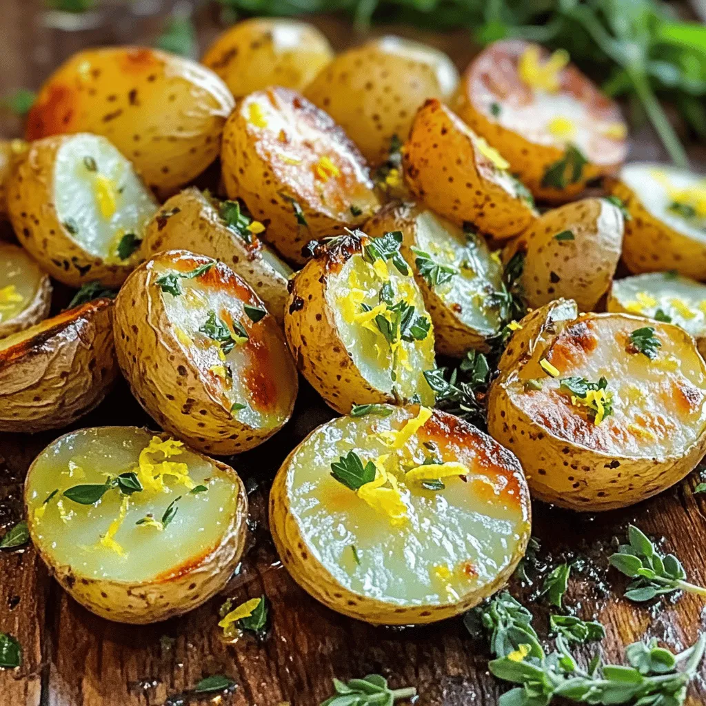 To make Lemon Herb Roasted Potatoes, you need the following ingredients: - 2 pounds baby potatoes, halved - 3 tablespoons extra virgin olive oil - 2 tablespoons freshly squeezed lemon juice - Zest of 1 large lemon - 1 teaspoon garlic powder - 1 teaspoon onion powder - 1 teaspoon dried oregano - 1 teaspoon dried thyme - Salt and freshly cracked pepper to taste - Fresh parsley, finely chopped for garnish You can adjust the potato quantity based on your needs. If you prefer, swap baby potatoes for fingerling or new potatoes. Use lemon juice from a bottle if fresh lemons are not available. For herbs, fresh herbs add a bright flavor. However, dried herbs work just as well. If you don’t have garlic powder, fresh garlic is a good substitute. Fresh herbs bring a vibrant taste, while dried herbs offer convenience and longer shelf life. I love using fresh herbs for their bold flavor. However, dried herbs still pack a punch. If using dried herbs, remember they are more concentrated. Use about one-third of the amount you would use for fresh herbs. This balance keeps your dish full of flavor without being overpowering. First, preheat your oven to 400°F (200°C). This heat gets the potatoes crispy and golden. While the oven heats, wash the baby potatoes well. Halve them for even cooking. Place them in a large bowl, ready for seasoning. In the bowl with the halved potatoes, pour in 3 tablespoons of extra virgin olive oil. Add 2 tablespoons of freshly squeezed lemon juice and the zest of one large lemon. Then, sprinkle in 1 teaspoon each of garlic powder, onion powder, dried oregano, and dried thyme. Don’t forget to add salt and freshly cracked pepper to taste. Use your hands to mix everything. Make sure every potato piece is well-coated with the flavorful blend. Now, transfer the seasoned potatoes onto a baking sheet lined with parchment paper. Spread them out in a single layer for even cooking. Place the baking sheet in your preheated oven. Roast for 30-35 minutes. At the halfway point, gently toss the potatoes to help them brown evenly. When they are fork-tender and golden, take them out of the oven. Let them cool for a few minutes. Before serving, sprinkle with finely chopped parsley for a fresh touch. For the full recipe, check out the details above. To get that nice crispy skin, choose small potatoes. Baby potatoes roast better than large ones. Cut them in half for even cooking. Make sure your oven is preheated to 400°F (200°C). Spread the potatoes out on the baking sheet. Do not crowd them; this helps them roast, not steam. Toss them halfway through cooking to brown all sides. To boost the flavor, use fresh herbs whenever possible. Fresh parsley, rosemary, or thyme can really shine in this dish. You can also add a pinch of red pepper flakes for a little heat. A sprinkle of cheese like Parmesan can give a rich taste. Lemon zest adds brightness, so don't skip it. Mixing the olive oil and lemon juice well helps coat every potato piece. One common mistake is not preheating the oven. This can lead to uneven cooking. Also, avoid using too much oil; too much can make them soggy. Not seasoning enough is another pitfall. Make sure to add salt and pepper to taste. Lastly, don’t skip the tossing step; it’s key for even browning. For the full recipe, check out the complete guide and enjoy these delicious flavors! {{image_4}} You can change the herbs in this recipe to mix things up. Fresh herbs like rosemary or basil add great flavor. If you love a spicy kick, try adding a pinch of red pepper flakes. You can also use fresh dill for a lighter taste that pairs well with lemon. Mixing and matching herbs lets you create your own unique version of lemon herb roasted potatoes. Roasted potatoes pair well with many veggies. Carrots, bell peppers, and zucchini add color and taste. Just cut them into similar sizes as the potatoes for even cooking. Toss them in the same lemon-oil mix. This creates a vibrant dish that is both healthy and tasty. You can also add green beans for a nice crunch. This dish is naturally vegan and gluten-free. The simple ingredients make it easy for everyone to enjoy. Use the same recipe and feel free to swap the baby potatoes for sweet potatoes. This adds a sweet twist to the dish. It keeps the flavor fresh while still being healthy. For an extra boost, sprinkle some nutritional yeast on top before serving. This adds a cheesy flavor without dairy. For the full recipe, check out the Zesty Lemon Herb Roasted Potatoes. After you finish your lemon herb roasted potatoes, let them cool for about 15 minutes. This helps keep the texture nice. Once cooled, place the potatoes in an airtight container. Make sure to store them in the fridge. They will stay fresh for up to three days. If you want to keep them longer, consider freezing. To reheat your roasted potatoes, preheat your oven to 350°F (175°C). Spread the potatoes on a baking sheet in a single layer. Heat them for about 15-20 minutes or until they are warm and crispy again. You can also use a microwave, but this may make them soft. Use the oven for the best texture. If you decide to freeze your lemon herb roasted potatoes, first cool them completely. Then, place them in a freezer-safe bag or container. They can be frozen for up to three months. When you are ready to eat them, thaw the potatoes in the fridge overnight. Reheat them in the oven for the best taste and texture. For more details on making these potatoes, check the Full Recipe. Yes, you can use regular potatoes. Just cut them into similar sizes. This helps them roast evenly. Baby potatoes have a creamy texture, but regular potatoes work well too. Lemon herb roasted potatoes pair well with many dishes. You can serve them with grilled chicken or fish. They also go great with salads and roasted veggies. For a full meal, try them alongside a hearty steak. They add a bright, fresh flavor to any plate. Leftovers can last for about three days in the fridge. Store them in an airtight container to keep them fresh. You can reheat them in the oven or a skillet. This helps regain their crispy texture. Enjoy them again without losing that great flavor! In this article, we explored the key ingredients and steps for lemon herb roasted potatoes. We discussed how to prep and roast the potatoes to get the best texture. I shared tips to enhance flavors and avoid common mistakes. You can also try different herbs and add other veggies for variety. Lastly, we covered how to store leftovers and reheat them properly. With these insights, you can make delicious roasted potatoes every time. Enjoy your cooking!