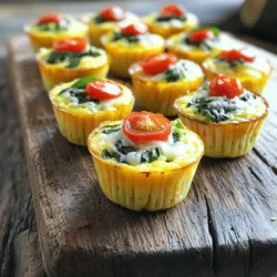 To make these easy veggie egg muffins, you will need: - 6 large eggs - 1/2 cup milk (dairy or non-dairy) - 1 cup fresh spinach, chopped - 1/2 cup bell pepper, diced (choose your favorite color) - 1/4 cup red onion, finely chopped - 1/2 cup cherry tomatoes, halved - 1/2 teaspoon garlic powder - 1/2 teaspoon onion powder - Salt and black pepper to taste - 1/2 cup shredded cheese (such as cheddar, feta, or any cheese of your choice) - Cooking spray or muffin liners for easy removal These veggie egg muffins are not just tasty; they are also healthy. Each muffin packs protein from the eggs and cheese, along with vitamins from the veggies. Here’s a rough estimate per muffin: - Calories: 100-120 - Protein: 7g - Carbohydrates: 3g - Fat: 7g - Fiber: 1g These muffins make a great start to your day. They are low in carbs and high in nutrients. If you have allergies or dietary needs, you can still enjoy these muffins. Here are some easy swaps: - Eggs: Use flax eggs (1 tablespoon flaxseed meal + 2.5 tablespoons water per egg) for a vegan option. - Milk: Replace with almond milk, soy milk, or oat milk for dairy-free. - Cheese: Use nutritional yeast for a dairy-free cheesy flavor. - Vegetables: Swap in zucchini, mushrooms, or broccoli if you prefer different veggies. Feel free to mix and match based on your taste! For the full recipe, check out the Veggie Power Egg Muffins 🥚🥦 section. Start by preheating your oven to 350°F (175°C). This step is key for even cooking. Next, take a standard muffin tin. Lightly spray it with cooking spray. You can also use muffin liners for easy cleanup. This will help you get the muffins out without any fuss. In a large bowl, crack 6 large eggs. Add 1/2 cup of milk. You can use dairy or non-dairy milk, based on your taste. Whisk the eggs and milk together until smooth. Aim for a light and fluffy texture. This mixture forms the base of your muffins. Now, it’s time to mix in the veggies. Add 1 cup of chopped spinach, 1/2 cup of diced bell pepper, and 1/4 cup of finely chopped red onion. Don’t forget the 1/2 cup of halved cherry tomatoes! For flavor, sprinkle in 1/2 teaspoon of garlic powder and onion powder. Add salt and black pepper to taste. Stir everything until evenly mixed. This creates a colorful and healthy filling. Carefully pour the egg and veggie mixture into the muffin tin. Fill each cup about two-thirds full. This allows room for rising. Place the muffin tin in the preheated oven. Bake for 20-25 minutes. You know they’re done when they puff up and turn golden. A toothpick inserted in the center should come out clean. Remove the tin from the oven and let it cool for a few minutes. If you used liners, lift the muffins out easily. If not, gently pry them out. Enjoy your easy veggie egg muffins warm or store them for later! For the full recipe, refer to the previous section. To get fluffy muffins, start with fresh eggs. Whisk the eggs until they are light and frothy. This adds air, helping the muffins rise. Mixing in milk also helps create a fluffy texture. Don't overmix your batter after adding veggies; just stir until combined. This keeps the muffins light and airy. For more flavor, try adding herbs like basil or parsley. You can also mix in a pinch of chili flakes for spice. Different cheeses can change the taste too. Feta gives a tangy kick, while cheddar adds sharpness. Feel free to experiment with your favorite flavors. Each tweak makes your muffins more exciting! Store your muffins in an airtight container. They stay fresh for up to a week in the fridge. If you want to keep them longer, freeze them. Just place them in a freezer bag and remove as much air as you can. When ready, heat them in the microwave for a quick meal. Enjoy them warm for the best taste. {{image_4}} You can swap out the veggies in your egg muffins for a fun twist. Try these options: - Zucchini: Grate it and squeeze out the moisture. - Mushrooms: Sauté them first for more flavor. - Broccoli: Use small florets for a nice crunch. - Carrots: Grate them for sweetness and color. Mix and match your favorite veggies to find what you love. Each combination brings a new taste and texture to your muffins. Cheese can elevate your muffins with rich flavors. Consider these choices: - Feta: Adds a tangy kick. - Goat cheese: Creamy and a bit sharp. - Mozzarella: Melts beautifully and is mild. - Parmesan: For a nutty, salty flavor. Feel free to blend different cheeses to create your own unique flavor profile. Cheese not only tastes great, but it also adds protein. You can make these muffins fit your dietary needs easily. For gluten-free muffins: - Replace regular milk with almond or oat milk. - Use a gluten-free flour blend if you want a thicker batter. For a dairy-free option: - Choose non-dairy cheese or skip it altogether. - You can add a bit of nutritional yeast for a cheesy flavor without dairy. These changes let you enjoy your veggie muffins, no matter your diet. Don’t be afraid to experiment! Store your veggie egg muffins in an airtight container. They will stay fresh for up to a week in the fridge. For best taste, let them cool before sealing. This helps prevent moisture buildup. You can layer them with parchment paper to avoid sticking. To freeze, place the cooled muffins in a single layer on a baking sheet. Freeze them for about an hour until solid. Once frozen, transfer them to a freezer-safe bag. This will keep them good for up to three months. When ready to eat, just thaw them overnight in the fridge. Reheat muffins in the microwave for about 30-60 seconds. This will warm them up nicely. If you prefer a crispier texture, place them in a toaster oven for about 5-7 minutes. Enjoy them warm for the best flavor! You can find the full recipe to make these tasty muffins again. Yes, you can make these muffins ahead. They store well in the fridge. You can bake them on the weekend and enjoy them all week. Just heat them in the microwave for a quick breakfast. Veggie egg muffins last about five to seven days in the fridge. Store them in an airtight container. If you want them to last longer, consider freezing them. You can customize these muffins with many ingredients. Try adding mushrooms, zucchini, or kale. You can also use different cheeses, like mozzarella or goat cheese. Herbs like basil or parsley add great flavor too. Yes, these muffins are perfect for meal prep. They are easy to make in bulk. Simply portion them out and store them in the fridge or freezer. This way, you always have a quick, healthy meal ready to go. For the full recipe, check the details above. We explored how to make tasty veggie egg muffins. We reviewed key ingredients, nutritional facts, and allergen substitutions. You learned step-by-step instructions for prepping and baking. I shared tips to keep your muffins fluffy and flavorful. We also discussed delicious variations and proper storage methods. In conclusion, these muffins are easy, fun, and great for meal prep. Enjoy experimenting with your favorite ingredients for tasty results!