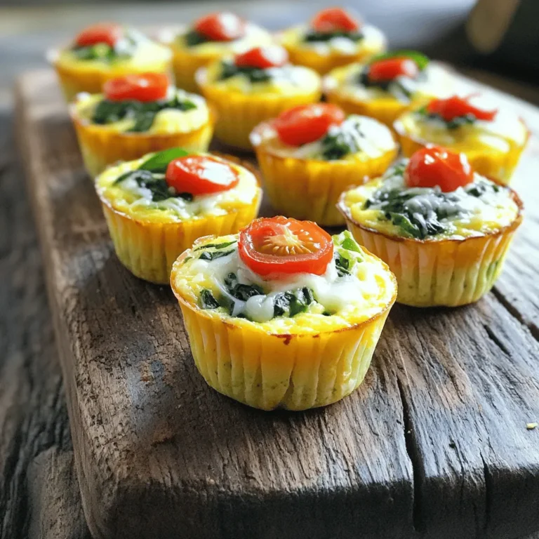 To make these easy veggie egg muffins, you will need: - 6 large eggs - 1/2 cup milk (dairy or non-dairy) - 1 cup fresh spinach, chopped - 1/2 cup bell pepper, diced (choose your favorite color) - 1/4 cup red onion, finely chopped - 1/2 cup cherry tomatoes, halved - 1/2 teaspoon garlic powder - 1/2 teaspoon onion powder - Salt and black pepper to taste - 1/2 cup shredded cheese (such as cheddar, feta, or any cheese of your choice) - Cooking spray or muffin liners for easy removal These veggie egg muffins are not just tasty; they are also healthy. Each muffin packs protein from the eggs and cheese, along with vitamins from the veggies. Here’s a rough estimate per muffin: - Calories: 100-120 - Protein: 7g - Carbohydrates: 3g - Fat: 7g - Fiber: 1g These muffins make a great start to your day. They are low in carbs and high in nutrients. If you have allergies or dietary needs, you can still enjoy these muffins. Here are some easy swaps: - Eggs: Use flax eggs (1 tablespoon flaxseed meal + 2.5 tablespoons water per egg) for a vegan option. - Milk: Replace with almond milk, soy milk, or oat milk for dairy-free. - Cheese: Use nutritional yeast for a dairy-free cheesy flavor. - Vegetables: Swap in zucchini, mushrooms, or broccoli if you prefer different veggies. Feel free to mix and match based on your taste! For the full recipe, check out the Veggie Power Egg Muffins 🥚🥦 section. Start by preheating your oven to 350°F (175°C). This step is key for even cooking. Next, take a standard muffin tin. Lightly spray it with cooking spray. You can also use muffin liners for easy cleanup. This will help you get the muffins out without any fuss. In a large bowl, crack 6 large eggs. Add 1/2 cup of milk. You can use dairy or non-dairy milk, based on your taste. Whisk the eggs and milk together until smooth. Aim for a light and fluffy texture. This mixture forms the base of your muffins. Now, it’s time to mix in the veggies. Add 1 cup of chopped spinach, 1/2 cup of diced bell pepper, and 1/4 cup of finely chopped red onion. Don’t forget the 1/2 cup of halved cherry tomatoes! For flavor, sprinkle in 1/2 teaspoon of garlic powder and onion powder. Add salt and black pepper to taste. Stir everything until evenly mixed. This creates a colorful and healthy filling. Carefully pour the egg and veggie mixture into the muffin tin. Fill each cup about two-thirds full. This allows room for rising. Place the muffin tin in the preheated oven. Bake for 20-25 minutes. You know they’re done when they puff up and turn golden. A toothpick inserted in the center should come out clean. Remove the tin from the oven and let it cool for a few minutes. If you used liners, lift the muffins out easily. If not, gently pry them out. Enjoy your easy veggie egg muffins warm or store them for later! For the full recipe, refer to the previous section. To get fluffy muffins, start with fresh eggs. Whisk the eggs until they are light and frothy. This adds air, helping the muffins rise. Mixing in milk also helps create a fluffy texture. Don't overmix your batter after adding veggies; just stir until combined. This keeps the muffins light and airy. For more flavor, try adding herbs like basil or parsley. You can also mix in a pinch of chili flakes for spice. Different cheeses can change the taste too. Feta gives a tangy kick, while cheddar adds sharpness. Feel free to experiment with your favorite flavors. Each tweak makes your muffins more exciting! Store your muffins in an airtight container. They stay fresh for up to a week in the fridge. If you want to keep them longer, freeze them. Just place them in a freezer bag and remove as much air as you can. When ready, heat them in the microwave for a quick meal. Enjoy them warm for the best taste. {{image_4}} You can swap out the veggies in your egg muffins for a fun twist. Try these options: - Zucchini: Grate it and squeeze out the moisture. - Mushrooms: Sauté them first for more flavor. - Broccoli: Use small florets for a nice crunch. - Carrots: Grate them for sweetness and color. Mix and match your favorite veggies to find what you love. Each combination brings a new taste and texture to your muffins. Cheese can elevate your muffins with rich flavors. Consider these choices: - Feta: Adds a tangy kick. - Goat cheese: Creamy and a bit sharp. - Mozzarella: Melts beautifully and is mild. - Parmesan: For a nutty, salty flavor. Feel free to blend different cheeses to create your own unique flavor profile. Cheese not only tastes great, but it also adds protein. You can make these muffins fit your dietary needs easily. For gluten-free muffins: - Replace regular milk with almond or oat milk. - Use a gluten-free flour blend if you want a thicker batter. For a dairy-free option: - Choose non-dairy cheese or skip it altogether. - You can add a bit of nutritional yeast for a cheesy flavor without dairy. These changes let you enjoy your veggie muffins, no matter your diet. Don’t be afraid to experiment! Store your veggie egg muffins in an airtight container. They will stay fresh for up to a week in the fridge. For best taste, let them cool before sealing. This helps prevent moisture buildup. You can layer them with parchment paper to avoid sticking. To freeze, place the cooled muffins in a single layer on a baking sheet. Freeze them for about an hour until solid. Once frozen, transfer them to a freezer-safe bag. This will keep them good for up to three months. When ready to eat, just thaw them overnight in the fridge. Reheat muffins in the microwave for about 30-60 seconds. This will warm them up nicely. If you prefer a crispier texture, place them in a toaster oven for about 5-7 minutes. Enjoy them warm for the best flavor! You can find the full recipe to make these tasty muffins again. Yes, you can make these muffins ahead. They store well in the fridge. You can bake them on the weekend and enjoy them all week. Just heat them in the microwave for a quick breakfast. Veggie egg muffins last about five to seven days in the fridge. Store them in an airtight container. If you want them to last longer, consider freezing them. You can customize these muffins with many ingredients. Try adding mushrooms, zucchini, or kale. You can also use different cheeses, like mozzarella or goat cheese. Herbs like basil or parsley add great flavor too. Yes, these muffins are perfect for meal prep. They are easy to make in bulk. Simply portion them out and store them in the fridge or freezer. This way, you always have a quick, healthy meal ready to go. For the full recipe, check the details above. We explored how to make tasty veggie egg muffins. We reviewed key ingredients, nutritional facts, and allergen substitutions. You learned step-by-step instructions for prepping and baking. I shared tips to keep your muffins fluffy and flavorful. We also discussed delicious variations and proper storage methods. In conclusion, these muffins are easy, fun, and great for meal prep. Enjoy experimenting with your favorite ingredients for tasty results!
