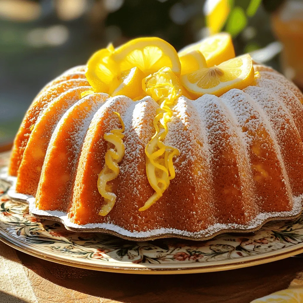 To make a delicious Lemon Yogurt Bundt Cake, gather these simple ingredients: - 1 ½ cups plain Greek yogurt - 1 cup granulated sugar - 3 large eggs - ½ cup vegetable oil - 1 tablespoon freshly grated lemon zest - ¼ cup freshly squeezed lemon juice - 2 teaspoons pure vanilla extract - 2 ½ cups all-purpose flour - 1 tablespoon baking powder - ½ teaspoon baking soda - ½ teaspoon fine sea salt - Powdered sugar for dusting (optional) Using Greek yogurt keeps the cake moist. The sugar adds sweetness while the eggs give it structure. The vegetable oil helps with moisture too. Fresh lemon zest and juice bring a bright flavor. Pure vanilla extract adds depth to the cake. For the dry mix, all-purpose flour gives the cake its body. Baking powder and baking soda help it rise, while fine sea salt balances the flavors. You can use powdered sugar on top for a sweet finish if you like! For the full recipe, check the instructions that follow. This cake is not just easy to make; it’s also a treat for your taste buds. Start by preheating your oven to 350°F (175°C). This helps the cake rise well. Next, generously grease and flour your bundt pan. This prevents the cake from sticking later. It is also a good idea to measure and organize all your ingredients. This way, you won’t miss anything when mixing the batter. In a large bowl, add 1 ½ cups of plain Greek yogurt and 1 cup of granulated sugar. Use a whisk to mix them until smooth and creamy. Then, add 3 large eggs one at a time. Make sure to whisk well after each egg. This keeps the batter light. Now, mix in ½ cup of vegetable oil, 1 tablespoon of grated lemon zest, ¼ cup of lemon juice, and 2 teaspoons of vanilla extract. Stir until everything is well blended and smooth. In another bowl, sift together 2 ½ cups of all-purpose flour, 1 tablespoon of baking powder, ½ teaspoon of baking soda, and ½ teaspoon of fine sea salt. Once sifted, gently fold this dry mixture into the wet ingredients using a spatula. It is key to avoid overmixing. This helps keep your cake light and fluffy. Carefully pour the batter into the prepared bundt pan. Use a spatula to spread the batter evenly. Now, place the pan in your preheated oven. Bake for 45-50 minutes. To check if it is done, insert a toothpick into the center. If it comes out clean, your cake is ready. When you take the cake out of the oven, let it cool in the pan for about 10-15 minutes. This helps it set up. After that, carefully invert the cake onto a wire rack. Let it cool completely before serving. If you want, you can dust the top with powdered sugar for a nice touch. For the full recipe, visit the recipe section. To make a great lemon yogurt bundt cake, avoid overmixing. Overmixing adds too much air, making the cake tough. Mix the batter until the dry ingredients just blend in. This keeps your cake light and fluffy. Using room temperature ingredients is also key. Cold eggs or yogurt can shock the batter. Take them out of the fridge an hour before you start. This makes mixing easier and helps the cake rise better. For a beautiful presentation, use a decorative platter. Place the bundt cake in the center. Garnish it with fresh lemon slices or extra zest. This adds color and makes it look special. Pair your cake with tea or coffee. Lemon and tea go well together. The flavors match perfectly. If you want something cold, serve it with a glass of lemonade. It’s refreshing and fun! If you want to try the full recipe, check out the Lemon Zest Yogurt Bundt Cake recipe. {{image_4}} You can change the taste of your lemon yogurt bundt cake easily. Try adding different citrus fruits, like lime or orange. These fruits bring a fresh twist. You can also mix in berries, such as blueberries or raspberries. These add a pop of color and flavor. Nuts like walnuts or almonds add crunch and richness to the cake. Feel free to experiment until you find your favorite blend. If you need gluten-free options, use gluten-free flour instead of regular flour. This keeps the cake light and moist. For vegan substitutions, swap the eggs with flaxseed meal. Mix one tablespoon of flaxseed meal with three tablespoons of water for each egg. You can use almond milk or coconut yogurt instead of Greek yogurt. These changes keep your cake tasty while meeting dietary needs. To keep your lemon yogurt bundt cake fresh, store it properly. You can keep the cake at room temperature for up to three days. Just make sure to cover it well. A cake dome or plastic wrap works great. This keeps the cake moist and flavorful. If you want the cake to last longer, refrigerate it. Wrap it tightly in plastic wrap or foil. This helps avoid drying out. Use an airtight container if you have one. The cake can stay fresh in the fridge for up to a week. You can freeze this bundt cake too. To do this, let the cake cool completely first. Then, wrap it tightly in plastic wrap. After that, wrap it in aluminum foil for extra protection. This helps prevent freezer burn. When you want to enjoy your cake, take it out and thaw it. Place it in the fridge overnight. If you're in a hurry, you can leave it at room temperature for a few hours. Your cake will taste just as good as the day you made it! For best results, eat the frozen cake within three months. After that, it may lose some taste or texture. Enjoy your lemon yogurt bundt cake right from the freezer! How to make the cake more lemony? To boost the lemon flavor, add more lemon zest. You can also increase the lemon juice. Start with an extra teaspoon of zest and juice. Taste the batter before baking to find the right balance. What can I use instead of Greek yogurt? If you don't have Greek yogurt, use regular yogurt. Sour cream is another good choice. Both will keep the cake moist. You can also use a dairy-free yogurt if needed. Can I bake this cake in a different pan? Yes, you can use a loaf pan or a round cake pan. Just adjust the baking time. Check for doneness with a toothpick. The cake is done when it comes out clean. How long does the bundt cake stay fresh? The bundt cake stays fresh for about 3 days at room temperature. If you put it in the fridge, it can last up to a week. For longer storage, consider freezing it. Wrap it tightly in plastic wrap. You can keep it in the freezer for up to three months. For the complete recipe, check out the Full Recipe section above. This blog outlined how to make a delicious lemon yogurt bundt cake. You learned about key ingredients and step-by-step instructions. We shared tips for perfecting your cake and ways to store it. You can also try different flavors and dietary options to make it your own. Baking can be fun and rewarding. Enjoy your bundt cake with friends or family. This recipe is sure to impress and satisfy everyone’s taste buds. Get ready to bake and enjoy!