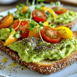 - 2 ripe avocados - 4 slices of whole grain or gluten-free bread - 2 tablespoons freshly squeezed lemon juice - 1 teaspoon garlic powder - 1 teaspoon onion powder - 1 teaspoon nutritional yeast (optional) - Sea salt and freshly cracked black pepper - 2 tablespoons everything bagel seasoning - Handful of cherry tomatoes, halved (for garnish) - Fresh microgreens or sprouts (for garnish) Gathering the right ingredients is key to making the perfect vegan avocado toast. You need ripe avocados for smoothness. The bread choice matters too; whole grain or gluten-free adds texture. Fresh lemon juice keeps the avocado bright and tasty. Garlic and onion powders bring a savory kick. Nutritional yeast adds a cheesy flavor, but it’s optional. Don’t forget sea salt and black pepper to enhance the taste. Everything bagel seasoning is the star here, giving your toast that unique crunch. For garnish, cherry tomatoes and microgreens not only look good but add freshness. With these ingredients, you can create a dish that is both simple and satisfying. For the full recipe, check out the details above. - Preheat the toaster or toaster oven. This step is key to getting that perfect crunch. - Toast the bread until it turns a delightful golden brown. Pay close attention to avoid burning. - Cut and scoop the avocados into a bowl. Make sure they are ripe for the best flavor. - Add lemon juice, garlic powder, onion powder, and salt. This mix enhances the taste. - Mash the avocado to your desired consistency. You can leave it chunky for more texture. - Spread the avocado mixture generously on the toasted bread. Ensure each slice has a good layer. - Sprinkle everything bagel seasoning evenly on top. This adds a nice crunch and flavor burst. - Garnish with halved cherry tomatoes and fresh microgreens. This makes your toast colorful and fun. Try this recipe for a quick and tasty meal. For more detailed steps, check out the Full Recipe. To find ripe avocados, look for a few key signs. A ripe avocado feels slightly soft when you gently squeeze it. The skin should be dark green to almost black. If it is too hard, it is not ripe yet. If it feels mushy, it may be overripe. Timing is important too. Buy avocados a few days before you plan to use them. This way, they can ripen nicely at home. If you need them faster, place them in a paper bag with a banana. The ethylene gas helps them ripen quicker. There are many ways to toast bread. A toaster is the easiest method. Set it to medium for a nice golden color. You can also use a toaster oven or a skillet. A skillet gives you more control, so keep an eye on it. For a perfect crunch, toast the bread until it is crispy. This texture will hold the avocado well without getting soggy. If you want a unique flavor, try brushing the bread with a little olive oil before toasting. Serving your avocado toast well makes it even more inviting. Use a rustic wooden board or a colorful plate. This adds a nice touch to your meal. When arranging, spread the avocado mixture evenly. Then, sprinkle the everything bagel seasoning on top. For a pop of color, add halved cherry tomatoes and fresh microgreens. This creates a bright and appealing dish. Drizzling extra lemon juice over the garnishes adds a zesty finish. For the full recipe, check out Avocado Bliss Toast with Everything Bagel Magic. {{image_4}} To add a twist to your avocado toast, try different seasonings. You can use smoked paprika for a smoky flavor. Cumin adds warmth and depth. For a spicy kick, consider cayenne pepper or chili flakes. Mix and match these spices to find your favorite blend. You can also experiment with herbs like dill or cilantro. These fresh flavors brighten the dish. If you enjoy a little tang, add lemon zest. It enhances the taste and looks great on your toast. Garnishing your avocado toast can change the game. Radishes add a crisp texture and peppery flavor. Thinly sliced cucumbers bring freshness and crunch. Nuts like toasted almonds or walnuts can add healthy fats and a satisfying crunch. You can also layer your toast with other veggies. Try roasted red peppers or sautéed spinach. These options not only boost nutrition but also add vibrant colors. If you're looking for gluten-free options, many choices exist. Rice cakes or corn tortillas can work well. They provide a great base for your toppings. For a grain-free option, use thick slices of sweet potato. Simply roast or grill them until tender. Explore different bread types, too. Sourdough brings a tangy flavor, while rye adds a hearty touch. Each bread type adds its unique taste and texture. So, don’t hesitate to mix it up! For the full recipe, check out the Avocado Bliss Toast with Everything Bagel Magic. To keep your avocado mixture fresh, store it in an airtight container. Press plastic wrap directly onto the surface of the mixture before sealing. This reduces air exposure and slows browning. Use it within one day for the best taste. Signs your mixture has gone bad include an off smell and a dark color. If you see any browning, you can scrape off the top layer, but if it smells bad, toss it. Storing finished toast can be tricky. It tastes best fresh. If you have leftovers, wrap each piece in foil or plastic wrap. Store them in the fridge for up to two days. Do not freeze the toast. It will lose its crispiness when thawed. Instead, reheat in the toaster for a quick revive. Making avocado toast ahead of time is smart for busy mornings. You can prepare the avocado mixture and store it in the fridge. This makes for a quick breakfast option. To freeze avocado mixtures, place them in ice cube trays. Once frozen, transfer cubes to a freezer bag. This way, you can thaw just what you need. Use the thawed mixture within three days for great taste. For the full recipe, check out the section above! You can easily make this recipe nut-free by choosing bread that does not contain nuts. Look for whole grain or gluten-free options that meet your needs. You can also skip any optional toppings that might include nuts. Instead, add seeds like sunflower or pumpkin for crunch and nutrition. Yes, you can use frozen avocados! First, let them thaw in the fridge overnight. After thawing, drain any excess water. Then, mash them like fresh avocados. Keep in mind that the texture may be a bit softer, but they will still taste great. Everything bagel seasoning is a blend of spices that packs a punch. It usually contains sesame seeds, poppy seeds, garlic, onion, and salt. This mix gives your toast a savory flavor and a nice crunch. It’s perfect for enhancing the creamy avocado. To make this toast more filling, consider adding protein-rich toppings. Try sliced tofu, chickpeas, or a sprinkle of hemp seeds. You can also add a few slices of smoked salmon or a scoop of hummus. These options will not only add protein but also create new textures. Absolutely! You can prepare the avocado mixture in advance. Just store it in an airtight container with a little lemon juice on top to prevent browning. Toast the bread fresh when you’re ready to eat. This way, you enjoy the crunch and freshness without losing flavor. For the full recipe, check out the complete guide. This post covered making delicious avocado toast. We discussed the required ingredients and step-by-step instructions. You learned tips for choosing ripe avocados and the best ways to toast bread. We also looked at variations and storage tips to keep your toast fresh. Enjoy experimenting with different toppings and spices. Healthy eating can be fun and creative. Enjoy your tasty avocado toast!