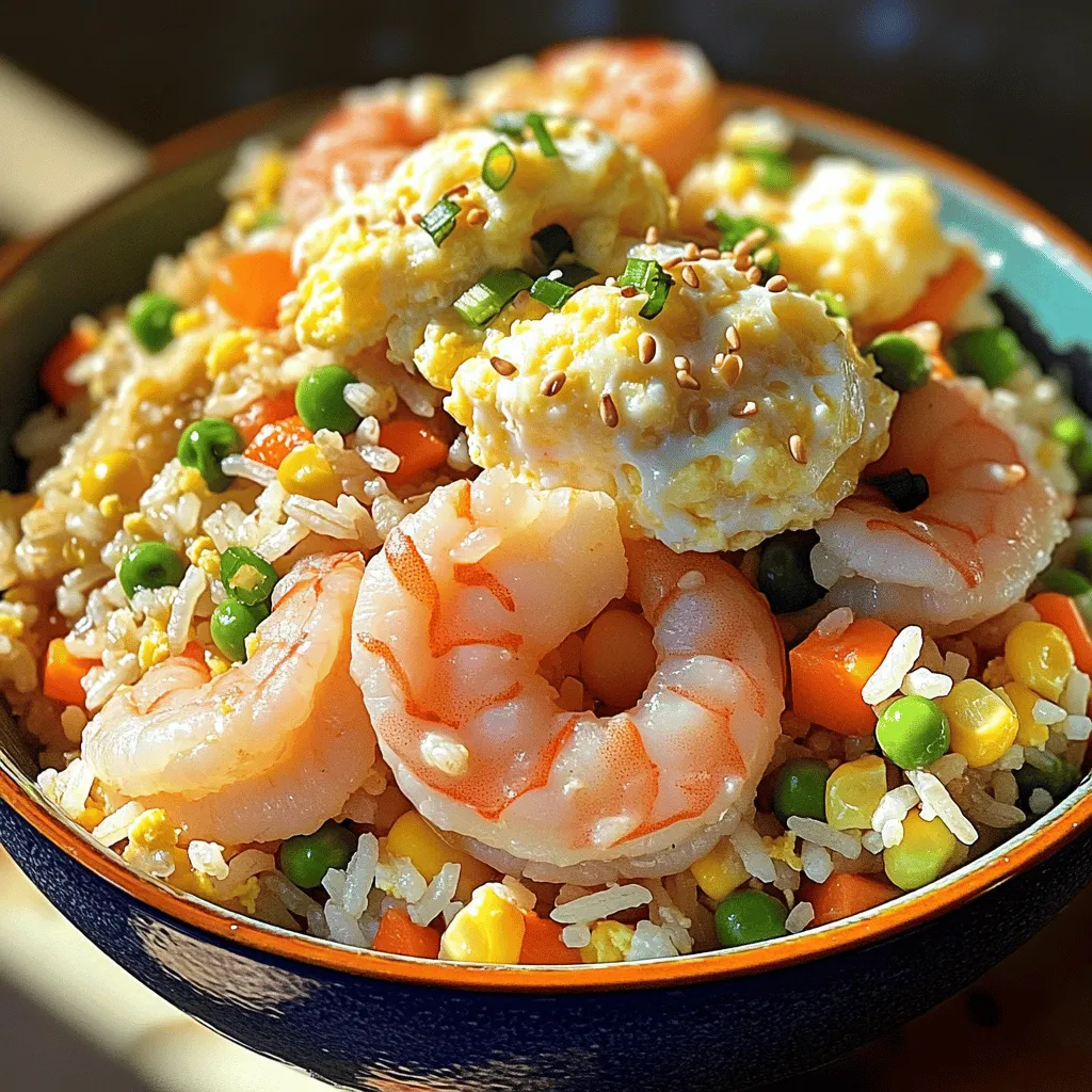 - 2 cups cooked jasmine rice - 1 pound shrimp, peeled and deveined - 1 cup mixed vegetables (diced carrots, peas, corn) - 2 large eggs, lightly beaten - 2 tablespoons soy sauce - 1 teaspoon sesame oil - Salt and freshly ground black pepper - 3 green onions, finely chopped - Additional sesame seeds for garnish - Lime wedges for serving The right ingredients make all the difference in shrimp fried rice. I love using jasmine rice because it has a nice, fluffy texture. Make sure the rice is cooked and cooled. This helps keep the grains separate. Fresh shrimp are a must. They add a sweet and tender bite. You can use frozen shrimp, but thaw them first. Mixed vegetables give color and crunch. I like to use carrots, peas, and corn, but you can use any you like. The eggs add richness and protein. They mix in nicely with the rice. For seasonings, soy sauce gives that umami flavor we crave in fried rice. Sesame oil adds a nutty finish. Don't forget salt and pepper to taste. Optional garnishes can really elevate your dish. Chopped green onions add freshness. A sprinkle of sesame seeds adds a nice crunch. A lime wedge gives a zesty kick that brightens the whole meal. Find the full recipe to see how these ingredients come together for a quick and tasty meal. - Chilling the jasmine rice: Start with 2 cups of cooked jasmine rice. It's best to chill it for at least 30 minutes. This helps the rice stay firm while cooking. - Cleaning and preparing the shrimp: Take 1 pound of shrimp and peel them. Make sure to devein them too. Rinse the shrimp under cold water, then pat them dry with a paper towel. - Sautéing garlic and cooking the shrimp: Heat 1 tablespoon of vegetable oil in a large skillet over medium-high heat. Once hot, add 3 cloves of minced garlic. Cook for about 30 seconds until it smells good. Now, add the shrimp. Cook them for 2-3 minutes until they turn pink and opaque. Use a slotted spoon to take them out and set aside. - Stir-frying the mixed vegetables: In the same skillet, add another tablespoon of vegetable oil. Toss in 1 cup of mixed vegetables, like diced carrots, peas, and corn. Stir-fry these for about 2-3 minutes. They should look bright and tender. - Scrambling the eggs: Push the veggies to one side of the skillet. Pour 2 beaten eggs into the empty side. Scramble them gently until they are fully cooked. - Folding in the rice: Now, take your chilled jasmine rice and add it to the skillet. Gently fold it in with the eggs and veggies. Keep stirring to warm the rice through. - Adding shrimp and seasonings: Return the cooked shrimp to the skillet. Drizzle 2 tablespoons of soy sauce and 1 teaspoon of sesame oil over the rice. Add salt and pepper to taste. Stir everything together until the rice is coated well. - Final stir and presentation tips: Finally, sprinkle in 3 chopped green onions and give it a gentle stir. Serve your shrimp fried rice hot in bowls. You can garnish with more green onions and sesame seeds for a nice touch. A lime wedge on the side adds a zesty twist! You can find the Full Recipe for this easy shrimp fried rice to guide you through the steps. Using chilled rice is key. Freshly cooked rice can clump together. It holds too much moisture when hot. Chilling rice in the fridge helps it dry out. This makes it easier to stir-fry. To avoid mushy rice, follow these tips: - Use day-old rice if possible. - Spread freshly cooked rice on a tray to cool. - Store rice in the fridge for at least one hour. To add more flavor, try these ideas: - Mix in spices like garlic powder or ginger. - Add sauces like oyster or teriyaki for depth. For alternative proteins, consider these: - Chicken or beef can replace shrimp. - Tofu is a great option for a vegetarian twist. For frying rice, use a large skillet or wok. A wok heats evenly and allows for easy stirring. A non-stick skillet can work well too. Here are some tools that help with cooking: - A spatula for flipping and mixing. - A wooden spoon to avoid scratching your pan. - Bowls for prepping ingredients before cooking. These tips will help you make the best shrimp fried rice. For the complete recipe, check the Full Recipe. {{image_4}} You can make this dish more colorful and healthy by adding more veggies. Try bell peppers, broccoli, or snap peas. They all add great taste and texture. You can also make a vegan version. Just leave out the shrimp and use extra veggies instead. This way, you keep all the flavor without the meat. If you want to change the main protein, you have options. Chicken or tofu can replace shrimp easily. Just cut the chicken into small pieces and cook it the same way. Tofu adds a soft texture and takes on the flavors well. You can also try using other seafood like scallops or crab. Each option brings a unique twist to your dish. Spice up your fried rice with some Asian flavors. Adding ginger or chili flakes can give it a nice kick. You can also explore different soy sauce options. Try dark soy sauce for a richer taste or low-sodium soy sauce for a lighter dish. These little changes can transport your taste buds around the world. For the complete recipe, check out the Full Recipe. To keep your shrimp fried rice fresh, store it in the fridge. Place it in an airtight container. This helps keep moisture in and odors out. Use a shallow container for quick cooling. Let the rice cool to room temperature before sealing. This way, you avoid warm spots that can grow bacteria. When reheating, aim to keep the rice fluffy. The best way is to use a skillet. Add a splash of water and cover the pan. Heat it on low to medium heat. Stir occasionally until warmed through. You can also use a microwave. Place the rice in a bowl, add a few drops of water, and cover it. Heat in short bursts, stirring in between. To freeze shrimp fried rice, let it cool completely first. Then, portion it into freezer bags. Press out as much air as possible before sealing. This helps prevent freezer burn. When you're ready to eat, thaw it overnight in the fridge. For reheating, use the stovetop or microwave as mentioned above. For fried rice, jasmine rice shines. It has a nice, fragrant quality. This rice is soft and sticky. It mixes well with other ingredients. Other types, like basmati, can be too dry. Long-grain rice may not give the same texture. If you can, choose jasmine rice for the best taste. Yes, you can prep for this dish in advance. Chop the vegetables and shrimp early. Store them in the fridge until you’re ready to cook. You can also cook the rice a day before. Chilled rice helps achieve that perfect fried rice texture. Just remember to keep everything covered. Look for shrimp that turn pink and opaque. This means they are cooked through. The shrimp should also curl slightly. If they are gray or translucent, they need more time. Cook for about 2 to 3 minutes for the best results. If you have allergies or dietary needs, there are great options. Chicken works well; just cut it into small pieces. Tofu is a fantastic option for a vegan dish. You can also use cooked fish or crab. Each of these will bring its own unique flavor to the dish. You can make easy shrimp fried rice with just a few ingredients and steps. We covered key components like jasmine rice, shrimp, and mixed vegetables. I shared important tips for cooking, such as using chilled rice and avoiding mushiness. You can customize your dish with different proteins or regional flavors. In the end, this dish is versatile and fun to make. I hope you enjoy cooking it as much as I do. Happy cooking!