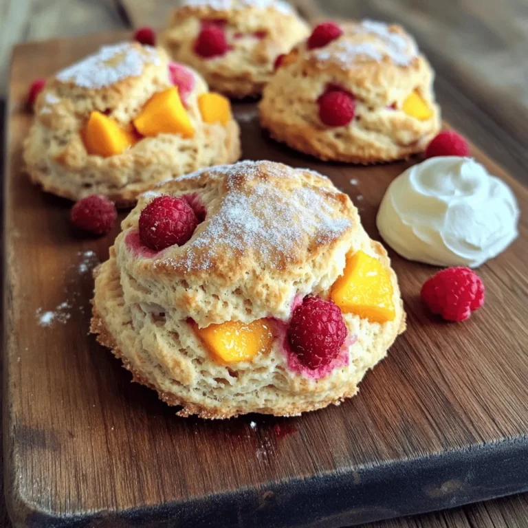 - 2 cups all-purpose flour - 1/2 cup granulated sugar - 1 tablespoon baking powder - 1/2 teaspoon salt - 1/2 cup unsalted butter, cold and cubed - 1 cup fresh peaches, diced - 1 cup fresh raspberries - 1/2 cup heavy cream - 1 large egg - 1 teaspoon vanilla extract - 1 tablespoon milk (for brushing) - Extra granulated sugar for sprinkling The main star in these scones is the peach. Peaches add a sweet and juicy flavor. When you bite into a scone, you will taste summer. Raspberries add a nice tartness, balancing the sweetness of peaches. Together, they create a delightful blend. All-purpose flour is your base. It gives the scones structure. The cold butter is key to flaky scones. It creates layers when baked. Heavy cream adds richness, keeping the scones moist. If you don’t have heavy cream, you can use whole milk. The texture might be different but still tasty. For gluten-free scones, swap all-purpose flour with a gluten-free blend. If you want less sugar, cut the granulated sugar by a third. You can also add a pinch of cinnamon for warmth. No fresh fruit? You can use frozen raspberries or peaches. Just remember to thaw and drain them first. For the complete Peach Raspberry Scones recipe, check out the Full Recipe. To start, preheat your oven to 400°F (200°C). This heat is perfect for baking scones. While the oven warms, line a baking sheet with parchment paper. This step stops the scones from sticking. In a large mixing bowl, add the following dry ingredients: - 2 cups all-purpose flour - 1/2 cup granulated sugar - 1 tablespoon baking powder - 1/2 teaspoon salt Use a whisk to mix these ingredients well. This helps to ensure that the baking powder spreads evenly. A good mix is key to even rising. Now, let’s work on the wet mixture. In a separate bowl, whisk together: - 1/2 cup heavy cream - 1 large egg - 1 teaspoon vanilla extract Once this is mixed, pour it into your bowl with the dry ingredients. Stir gently until just combined; the dough will feel a bit sticky. It’s important not to overmix, as this can make the scones tough. After that, turn your dough onto a floured surface. Knead it gently a few times. Pat it into a round disc about one inch thick. Use a knife or pizza cutter to slice the disc into eight wedges. Place the wedges on the baking sheet. Finally, brush the tops with milk and sprinkle some sugar for a nice crust. Bake for 15-18 minutes until golden brown. For the full recipe, click here. Enjoy your baking! To get the best texture in your scones, start with cold butter. Cold butter helps create flaky layers. When mixing, stop as soon as you see crumbs. You want some butter bits to stay whole for flakiness. Keep the dough slightly sticky but manageable. Overmixing makes scones tough, so handle it gently. For added flavor, consider using almond extract instead of vanilla. You can mix in a pinch of cinnamon or nutmeg for warmth. Fresh herbs, like thyme or basil, can give a unique taste. Always choose ripe, sweet peaches and tart raspberries for the best balance. Their natural sweetness shines through in every bite. One common mistake is not measuring ingredients accurately. Too much flour can lead to dry scones. Avoid using warm butter, as it alters the texture. Don’t skip brushing with milk; this creates a beautiful crust. Lastly, let the scones cool on a wire rack to keep them from getting soggy. For the full recipe, check out the detailed instructions above! {{image_4}} You can change the flavor of your Peach Raspberry Scones easily. Try using different fruits. Strawberries, blueberries, and blackberries work well. You can even use a mix of these fruits for a fun twist. If you want a tropical vibe, add pineapple or mango. Each fruit will bring a new taste and color to your scones. If you need a gluten-free option, you can swap all-purpose flour with a gluten-free blend. Look for one that has xanthan gum. This helps the scones hold together. You can also use almond flour for a nutty flavor. Just remember, the texture may change a bit. If you want a dairy-free recipe, substitute butter with coconut oil and use almond milk instead of heavy cream. Using seasonal fruits makes these scones even better. In spring and summer, fresh peaches and raspberries shine. In fall, you can try apples and cranberries. Winter brings citrus fruits like oranges and lemons. These changes keep your scones fresh and exciting all year long. You can follow the [Full Recipe] and adapt it to your favorite fruits! To keep your peach raspberry scones fresh, store them in an airtight container. This helps to retain moisture and flavor. If you plan to eat them within two days, leave them at room temperature. For longer storage, refrigerate them to maintain their texture and taste. You can freeze these scones for later enjoyment. First, let them cool completely. Then, wrap each scone in plastic wrap. Place the wrapped scones in a freezer bag or container. They will stay fresh for about three months in the freezer. When you're ready to eat, you can bake them from frozen or thaw them overnight in the fridge. To reheat the scones, preheat your oven to 350°F (175°C). Place the scones on a baking sheet. Heat them for about 10 minutes, or until warm. This method helps maintain their flaky texture. You can also use a microwave, but the oven gives better results. Enjoy your scones fresh and warm, just like when they were first made! To make scones crispy, focus on a few key steps. First, ensure your butter is cold. This helps create a flaky texture. Second, do not overmix your dough. Overmixing can lead to tough scones. Lastly, brush the tops with milk before baking. This adds a nice golden color and crispness. Yes, you can use frozen fruit. However, be careful. Frozen fruit can add extra moisture to the dough. To avoid soggy scones, thaw the fruit first. Drain any excess liquid before adding it to your dough. This will keep your scones light and fluffy. Serve Peach Raspberry Scones warm. They are best right out of the oven. Pair them with clotted cream or whipped cream for a treat. You can also add fresh berries on the side for color. This makes the dish even more inviting. For the full recipe, check out the link here: [Full Recipe]. In this post, we explored ingredients, steps, and tips for making delicious Peach Raspberry Scones. You learned about key ingredients, how to prep and mix them, and tricks to avoid common mistakes. I shared variations for flavor and diet, plus storage tips for fresh scones. Remember, practice makes perfect. Don’t hesitate to experiment with flavors and techniques. Enjoy baking and savoring your tasty scones!
