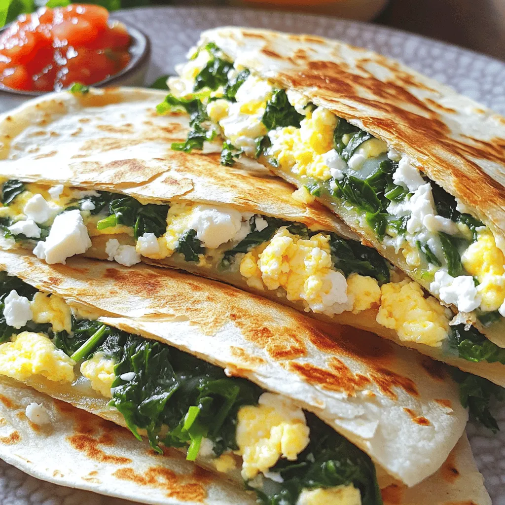 To create the best Spinach Feta Breakfast Quesadillas, gather these key ingredients: - 4 large flour tortillas - 2 cups fresh spinach, roughly chopped - 1 cup feta cheese, crumbled - 1 cup shredded mozzarella cheese - 4 large eggs - 1/4 cup milk - 1 tablespoon olive oil - 1 teaspoon garlic powder - 1/2 teaspoon black pepper - Salt to taste These items combine to give you a tasty and filling meal. You can enhance your quesadillas with these options: - Salsa - Hot sauce - Fresh cilantro - Greek yogurt These add flavor and texture, making your dish even more delightful. You can swap ingredients based on your taste or needs: - Use corn tortillas for a gluten-free option. - Try goat cheese if you want a different cheese flavor. - Substitute almond milk for a dairy-free version. These substitutions keep your quesadillas tasty while fitting your diet. Remember, fresh ingredients make a big difference! For the full recipe, check out the detailed steps above. First, gather your ingredients. You will need flour tortillas, fresh spinach, feta cheese, mozzarella cheese, eggs, milk, and a few spices. Start by cracking the eggs into a bowl. Add milk, garlic powder, black pepper, and salt. Whisk this mix until smooth. Next, heat olive oil in a non-stick skillet over medium heat. Once the oil shimmers, add the chopped spinach. Cook for about 2 to 3 minutes until it wilts. Then, pour the egg mixture into the skillet. Stir gently as it cooks for about 3 to 4 minutes until the eggs are scrambled and just set. Remove from heat. Now, lay out the tortillas. On one half of each tortilla, sprinkle a generous layer of shredded mozzarella. Spoon your egg and spinach mix on top of the cheese. Crumble some feta over the mixture. Fold each tortilla in half, pressing gently to seal the filling. Wipe the skillet and heat it again over medium. Place the folded quesadillas in the skillet, cooking each side for 3 to 4 minutes. You want them golden brown and crispy, with melted cheese inside. Once cooked, remove them from the skillet and let them cool for a minute. Slice each quesadilla into wedges for easy serving. You can find the full recipe above for exact amounts and steps. To get the best scrambled eggs, use fresh eggs. Whisk them well for a fluffy texture. Cook them over medium heat. This helps prevent burning. Stir gently and often. This ensures even cooking. When the eggs start to set, remove them from heat. They will continue to cook slightly off the heat. When flipping quesadillas, use a large spatula. Slide it under half the quesadilla. Carefully lift and flip it over. This keeps the filling inside. Cook until each side is golden brown. If you find it hard to flip, press down on top with the spatula. This can help seal the edges. Enjoy your tasty meal! To get a crispy quesadilla, use medium heat. This helps the cheese melt without burning the tortilla. Always use a non-stick skillet for easy flipping. Before adding the quesadilla, make sure the oil is hot. Cook each side for about 3 to 4 minutes. Flip gently to keep the filling inside. For extra crunch, you can press down on the quesadilla with a spatula while cooking. Herbs and spices can take your quesadilla to the next level. Try adding fresh herbs like basil or parsley for a bright taste. Sprinkle some chili powder or paprika for a bit of heat. A squeeze of lemon juice adds freshness. Mix in some chopped green onions or chives for a mild onion flavor. These simple additions can transform your meal into a gourmet treat. Serve your quesadillas hot with sides that complement their flavors. Salsa or hot sauce adds a spicy kick. A dollop of Greek yogurt provides creaminess. You can also offer guacamole for a rich, buttery taste. Fresh cilantro on top adds color and flavor. For a light side, consider a simple green salad with lemon dressing. These pairings enhance your dining experience and make it even more enjoyable. Check the full recipe for more tips! {{image_4}} You can make your quesadillas even heartier. Add extra veggies like mushrooms, bell peppers, or zucchini. These add great taste and nutrients. You can also use beans for protein and fiber. Black beans or pinto beans work well. Just sauté them with your spinach for an easy mix. If you love meat, try adding bacon or chicken. Cook the bacon until crispy and chop it up. For chicken, use rotisserie or cooked pieces. Tofu is a great choice for a plant-based option. Just scramble it like the eggs. Season it well, and you’ll have a tasty twist. You can switch out feta for different cheeses. Try goat cheese for a tangy taste. Cheddar gives a rich flavor. Pepper jack adds a spicy kick. Mix and match your favorites. Each cheese will change the quesadilla’s flavor and make it special. Remember, you can find the full recipe above to guide you through making these delicious quesadillas! To store leftover quesadillas, let them cool first. Place them in an airtight container. You can keep them in the fridge for up to three days. If you want to save them longer, freezing is a great option. When you are ready to eat your quesadillas, reheat them carefully. The best method is to use a skillet. Heat the skillet over medium heat. Place the quesadilla in the skillet and cook for 2-3 minutes on each side. This keeps them crispy and warm. You can also microwave them, but they may become soft. Freezing quesadillas is easy and makes meal prep a breeze. Wrap each quesadilla in plastic wrap, then place them in a freezer bag. You can freeze them for up to two months. When you want to eat one, thaw it in the fridge overnight before reheating. This method keeps the flavors fresh and tasty. For the full recipe, check out the recipe section above. It takes about 25 minutes to make Spinach Feta Breakfast Quesadillas. You spend around 10 minutes prepping. The cooking time is about 15 minutes. This quick meal fits well into busy mornings. Yes, you can make these quesadillas ahead of time. Prepare the filling and store it in the fridge. Assemble the quesadillas before cooking. When ready, cook them for a hot, tasty meal. If you want a substitute for feta cheese, try goat cheese or ricotta. Both have creamy textures. They add unique flavors to the quesadillas. You can also use a dairy-free cheese if you prefer. Yes, you can make these quesadillas gluten-free. Simply use gluten-free tortillas instead of flour tortillas. This way, everyone can enjoy this tasty dish, no matter their dietary needs. For the full recipe, check the earlier section! Spinach feta breakfast quesadillas are easy and fun to make. We covered key ingredients, cooking steps, and helpful tips. You learned about tasty variations and ways to store leftovers. Remember, cooking should be enjoyable! Don’t hesitate to try new flavors or ingredients. Your kitchen can be a great place for creativity. Enjoy your quesadillas and the many ways to change them up!