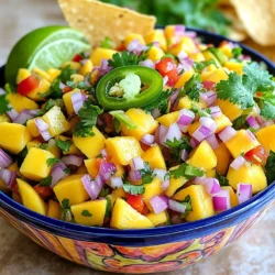 To create a vibrant Spicy Mango Salsa, gather these fresh ingredients: - 2 ripe mangoes - 1 small red onion - 1 jalapeño - 1 red bell pepper - 1/2 cup fresh cilantro - Juice of 2 limes - Salt and pepper - 1 teaspoon honey (optional) - 1/2 teaspoon ground cumin Each ingredient plays a key role in building flavor. The mangoes bring sweetness and juiciness. The red onion adds a mild bite, while the jalapeño brings heat. The red bell pepper adds crunch and color. Fresh cilantro gives a bright note, and lime juice ties it all together. You can tweak the recipe to your taste. If you like it sweeter, add honey. For more depth, cumin adds a nice touch. This salsa is not just a dip; it’s a burst of summer on your plate. Don't forget to check out the Full Recipe for detailed steps! To start, we need to prepare our ingredients. First, take your ripe mangoes. Peel them, then dice them into small cubes. Aim for even pieces to ensure a nice texture. Next, grab a small red onion. Chop it finely to add a sweet bite. Now, take a jalapeño. Remove the seeds if you want less heat, then mince it finely. Finally, dice the red bell pepper. This will bring some crunch and sweetness to our salsa. Now that our ingredients are ready, let’s mix them. In a medium bowl, combine the diced mangoes, red onion, minced jalapeño, and diced red bell pepper. This mix should look bright and colorful. Next, add half a cup of freshly chopped cilantro. Now, squeeze the juice of two limes over the mixture. This juice adds a zesty kick. If you like a hint of sweetness, drizzle in one teaspoon of honey. Next, we’ll season our salsa. Sprinkle in salt, pepper, and a half teaspoon of ground cumin. Adjust these amounts to suit your taste. Now, use a spatula to gently fold all the ingredients together. Be careful not to mash the mangoes; we want them to keep their shape. Once everything is mixed, cover the bowl with plastic wrap. Chill your salsa in the refrigerator for at least 30 minutes. This resting time helps the flavors blend. Before serving, taste the salsa. Adjust the seasoning if needed, adding more lime juice or salt to brighten it up. For the full recipe, check out the detailed instructions above. Enjoy your spicy mango salsa with chips or as a topping for your favorite dishes! To get the best taste from your salsa, adjust the seasoning just before serving. Start with salt and pepper. Taste your salsa; if it lacks flavor, add a pinch more. If it needs more zing, a bit of lime juice can do wonders. Choosing ripe mangoes is essential for sweetness. Look for mangoes that yield slightly to gentle pressure. Their skin should have a vibrant color. A perfect mango adds natural sweetness to your salsa. For an appealing display, serve your salsa in a bright bowl. Garnish it with fresh cilantro leaves and lime wedges. This adds color and invites people to dig in. Spicy mango salsa pairs well with many dishes. It's great with crunchy tortilla chips. You can also use it as a topping on grilled chicken or fish. Add it to tacos for an extra kick! {{image_4}} You can easily adjust the heat in your spicy mango salsa. Start by changing how much jalapeño you use. If you love heat, keep the seeds in. For less heat, remove all the seeds and add just a little. You can also mix in other spicy ingredients. Try diced serrano peppers for a different taste. Or add a splash of hot sauce for a kick. If you want to try something new, consider using different fruits. Peaches and pineapples add a sweet twist. They pair well with the mango and give a unique flavor. You can also add avocados. This makes the salsa creamy and rich, which is a nice change. Just dice the avocado and fold it in gently. Herbs and spices can change the whole taste of your salsa. Experiment with mint or basil for a fresh twist. These herbs add a bright flavor that complements the mango. You could also add garlic or red pepper flakes. Garlic gives a nice depth, while red pepper flakes can boost the heat. Just a pinch goes a long way! For the full recipe, check out the original instructions and tips. To keep your spicy mango salsa fresh, choose the right container. A glass jar with a tight lid works best. It keeps air out and helps maintain flavor. Always store the salsa in the refrigerator. The cool temperature slows down spoilage and keeps the salsa safe to eat. Spicy mango salsa stays fresh for about 3 to 5 days in the fridge. After this time, it may lose its bright flavors. Look for signs that the salsa has spoiled. If you see mold or an off smell, it’s best to toss it out. Fresh salsa should smell sweet and fruity, not sour or bad. Enjoy your delicious dip while it's at its best! For the full recipe, check out the instructions above. Yes, you can make Spicy Mango Salsa ahead of time. I suggest preparing it a few hours before serving. This allows the flavors to blend well. If you want the best taste, aim for a 30-minute to 2-hour chill time. This gives the salsa a chance to develop a deeper flavor. You can serve Spicy Mango Salsa with many dishes. Here are some ideas: - Tortilla chips for dipping - Grilled chicken or fish - Tacos and burritos - Salads for a fresh twist - Nachos for a fun snack - Quesadillas for a tasty meal To add more heat, start with these tips: - Use more jalapeño or keep some seeds in. - Try adding a dash of cayenne pepper. - Mix in chopped serrano peppers for extra spice. - Include a pinch of red pepper flakes for a kick. Yes! Spicy Mango Salsa is quite healthy. Here’s why: - Mangoes are full of vitamins A and C. - Red onions support heart health. - Jalapeños can boost metabolism. - Cilantro adds antioxidants. - Fresh lime juice is low in calories. This mix makes a tasty and nutritious dip that you can enjoy guilt-free! If you want the full recipe, check out the Full Recipe link to get all the details. You can make a quick and tasty Spicy Mango Salsa with just a few main ingredients. We covered everything from preparing fresh fruits to mixing and seasoning them right. Many tips and variations can help you customize your salsa. If you follow these steps, you will have a refreshing dish that adds a kick to any meal. Enjoy experimenting with flavors and serving it at your next gathering! Dive into the world of spicy salsas and make your dish shine.
