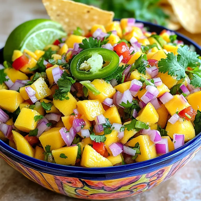 To create a vibrant Spicy Mango Salsa, gather these fresh ingredients: - 2 ripe mangoes - 1 small red onion - 1 jalapeño - 1 red bell pepper - 1/2 cup fresh cilantro - Juice of 2 limes - Salt and pepper - 1 teaspoon honey (optional) - 1/2 teaspoon ground cumin Each ingredient plays a key role in building flavor. The mangoes bring sweetness and juiciness. The red onion adds a mild bite, while the jalapeño brings heat. The red bell pepper adds crunch and color. Fresh cilantro gives a bright note, and lime juice ties it all together. You can tweak the recipe to your taste. If you like it sweeter, add honey. For more depth, cumin adds a nice touch. This salsa is not just a dip; it’s a burst of summer on your plate. Don't forget to check out the Full Recipe for detailed steps! To start, we need to prepare our ingredients. First, take your ripe mangoes. Peel them, then dice them into small cubes. Aim for even pieces to ensure a nice texture. Next, grab a small red onion. Chop it finely to add a sweet bite. Now, take a jalapeño. Remove the seeds if you want less heat, then mince it finely. Finally, dice the red bell pepper. This will bring some crunch and sweetness to our salsa. Now that our ingredients are ready, let’s mix them. In a medium bowl, combine the diced mangoes, red onion, minced jalapeño, and diced red bell pepper. This mix should look bright and colorful. Next, add half a cup of freshly chopped cilantro. Now, squeeze the juice of two limes over the mixture. This juice adds a zesty kick. If you like a hint of sweetness, drizzle in one teaspoon of honey. Next, we’ll season our salsa. Sprinkle in salt, pepper, and a half teaspoon of ground cumin. Adjust these amounts to suit your taste. Now, use a spatula to gently fold all the ingredients together. Be careful not to mash the mangoes; we want them to keep their shape. Once everything is mixed, cover the bowl with plastic wrap. Chill your salsa in the refrigerator for at least 30 minutes. This resting time helps the flavors blend. Before serving, taste the salsa. Adjust the seasoning if needed, adding more lime juice or salt to brighten it up. For the full recipe, check out the detailed instructions above. Enjoy your spicy mango salsa with chips or as a topping for your favorite dishes! To get the best taste from your salsa, adjust the seasoning just before serving. Start with salt and pepper. Taste your salsa; if it lacks flavor, add a pinch more. If it needs more zing, a bit of lime juice can do wonders. Choosing ripe mangoes is essential for sweetness. Look for mangoes that yield slightly to gentle pressure. Their skin should have a vibrant color. A perfect mango adds natural sweetness to your salsa. For an appealing display, serve your salsa in a bright bowl. Garnish it with fresh cilantro leaves and lime wedges. This adds color and invites people to dig in. Spicy mango salsa pairs well with many dishes. It's great with crunchy tortilla chips. You can also use it as a topping on grilled chicken or fish. Add it to tacos for an extra kick! {{image_4}} You can easily adjust the heat in your spicy mango salsa. Start by changing how much jalapeño you use. If you love heat, keep the seeds in. For less heat, remove all the seeds and add just a little. You can also mix in other spicy ingredients. Try diced serrano peppers for a different taste. Or add a splash of hot sauce for a kick. If you want to try something new, consider using different fruits. Peaches and pineapples add a sweet twist. They pair well with the mango and give a unique flavor. You can also add avocados. This makes the salsa creamy and rich, which is a nice change. Just dice the avocado and fold it in gently. Herbs and spices can change the whole taste of your salsa. Experiment with mint or basil for a fresh twist. These herbs add a bright flavor that complements the mango. You could also add garlic or red pepper flakes. Garlic gives a nice depth, while red pepper flakes can boost the heat. Just a pinch goes a long way! For the full recipe, check out the original instructions and tips. To keep your spicy mango salsa fresh, choose the right container. A glass jar with a tight lid works best. It keeps air out and helps maintain flavor. Always store the salsa in the refrigerator. The cool temperature slows down spoilage and keeps the salsa safe to eat. Spicy mango salsa stays fresh for about 3 to 5 days in the fridge. After this time, it may lose its bright flavors. Look for signs that the salsa has spoiled. If you see mold or an off smell, it’s best to toss it out. Fresh salsa should smell sweet and fruity, not sour or bad. Enjoy your delicious dip while it's at its best! For the full recipe, check out the instructions above. Yes, you can make Spicy Mango Salsa ahead of time. I suggest preparing it a few hours before serving. This allows the flavors to blend well. If you want the best taste, aim for a 30-minute to 2-hour chill time. This gives the salsa a chance to develop a deeper flavor. You can serve Spicy Mango Salsa with many dishes. Here are some ideas: - Tortilla chips for dipping - Grilled chicken or fish - Tacos and burritos - Salads for a fresh twist - Nachos for a fun snack - Quesadillas for a tasty meal To add more heat, start with these tips: - Use more jalapeño or keep some seeds in. - Try adding a dash of cayenne pepper. - Mix in chopped serrano peppers for extra spice. - Include a pinch of red pepper flakes for a kick. Yes! Spicy Mango Salsa is quite healthy. Here’s why: - Mangoes are full of vitamins A and C. - Red onions support heart health. - Jalapeños can boost metabolism. - Cilantro adds antioxidants. - Fresh lime juice is low in calories. This mix makes a tasty and nutritious dip that you can enjoy guilt-free! If you want the full recipe, check out the Full Recipe link to get all the details. You can make a quick and tasty Spicy Mango Salsa with just a few main ingredients. We covered everything from preparing fresh fruits to mixing and seasoning them right. Many tips and variations can help you customize your salsa. If you follow these steps, you will have a refreshing dish that adds a kick to any meal. Enjoy experimenting with flavors and serving it at your next gathering! Dive into the world of spicy salsas and make your dish shine.