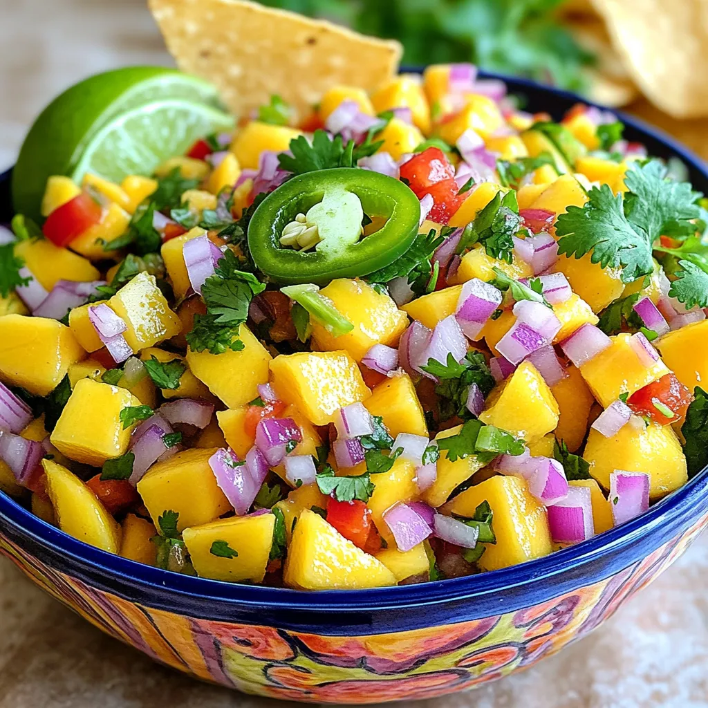 To create a vibrant Spicy Mango Salsa, gather these fresh ingredients: - 2 ripe mangoes - 1 small red onion - 1 jalapeño - 1 red bell pepper - 1/2 cup fresh cilantro - Juice of 2 limes - Salt and pepper - 1 teaspoon honey (optional) - 1/2 teaspoon ground cumin Each ingredient plays a key role in building flavor. The mangoes bring sweetness and juiciness. The red onion adds a mild bite, while the jalapeño brings heat. The red bell pepper adds crunch and color. Fresh cilantro gives a bright note, and lime juice ties it all together. You can tweak the recipe to your taste. If you like it sweeter, add honey. For more depth, cumin adds a nice touch. This salsa is not just a dip; it’s a burst of summer on your plate. Don't forget to check out the Full Recipe for detailed steps! To start, we need to prepare our ingredients. First, take your ripe mangoes. Peel them, then dice them into small cubes. Aim for even pieces to ensure a nice texture. Next, grab a small red onion. Chop it finely to add a sweet bite. Now, take a jalapeño. Remove the seeds if you want less heat, then mince it finely. Finally, dice the red bell pepper. This will bring some crunch and sweetness to our salsa. Now that our ingredients are ready, let’s mix them. In a medium bowl, combine the diced mangoes, red onion, minced jalapeño, and diced red bell pepper. This mix should look bright and colorful. Next, add half a cup of freshly chopped cilantro. Now, squeeze the juice of two limes over the mixture. This juice adds a zesty kick. If you like a hint of sweetness, drizzle in one teaspoon of honey. Next, we’ll season our salsa. Sprinkle in salt, pepper, and a half teaspoon of ground cumin. Adjust these amounts to suit your taste. Now, use a spatula to gently fold all the ingredients together. Be careful not to mash the mangoes; we want them to keep their shape. Once everything is mixed, cover the bowl with plastic wrap. Chill your salsa in the refrigerator for at least 30 minutes. This resting time helps the flavors blend. Before serving, taste the salsa. Adjust the seasoning if needed, adding more lime juice or salt to brighten it up. For the full recipe, check out the detailed instructions above. Enjoy your spicy mango salsa with chips or as a topping for your favorite dishes! To get the best taste from your salsa, adjust the seasoning just before serving. Start with salt and pepper. Taste your salsa; if it lacks flavor, add a pinch more. If it needs more zing, a bit of lime juice can do wonders. Choosing ripe mangoes is essential for sweetness. Look for mangoes that yield slightly to gentle pressure. Their skin should have a vibrant color. A perfect mango adds natural sweetness to your salsa. For an appealing display, serve your salsa in a bright bowl. Garnish it with fresh cilantro leaves and lime wedges. This adds color and invites people to dig in. Spicy mango salsa pairs well with many dishes. It's great with crunchy tortilla chips. You can also use it as a topping on grilled chicken or fish. Add it to tacos for an extra kick! {{image_4}} You can easily adjust the heat in your spicy mango salsa. Start by changing how much jalapeño you use. If you love heat, keep the seeds in. For less heat, remove all the seeds and add just a little. You can also mix in other spicy ingredients. Try diced serrano peppers for a different taste. Or add a splash of hot sauce for a kick. If you want to try something new, consider using different fruits. Peaches and pineapples add a sweet twist. They pair well with the mango and give a unique flavor. You can also add avocados. This makes the salsa creamy and rich, which is a nice change. Just dice the avocado and fold it in gently. Herbs and spices can change the whole taste of your salsa. Experiment with mint or basil for a fresh twist. These herbs add a bright flavor that complements the mango. You could also add garlic or red pepper flakes. Garlic gives a nice depth, while red pepper flakes can boost the heat. Just a pinch goes a long way! For the full recipe, check out the original instructions and tips. To keep your spicy mango salsa fresh, choose the right container. A glass jar with a tight lid works best. It keeps air out and helps maintain flavor. Always store the salsa in the refrigerator. The cool temperature slows down spoilage and keeps the salsa safe to eat. Spicy mango salsa stays fresh for about 3 to 5 days in the fridge. After this time, it may lose its bright flavors. Look for signs that the salsa has spoiled. If you see mold or an off smell, it’s best to toss it out. Fresh salsa should smell sweet and fruity, not sour or bad. Enjoy your delicious dip while it's at its best! For the full recipe, check out the instructions above. Yes, you can make Spicy Mango Salsa ahead of time. I suggest preparing it a few hours before serving. This allows the flavors to blend well. If you want the best taste, aim for a 30-minute to 2-hour chill time. This gives the salsa a chance to develop a deeper flavor. You can serve Spicy Mango Salsa with many dishes. Here are some ideas: - Tortilla chips for dipping - Grilled chicken or fish - Tacos and burritos - Salads for a fresh twist - Nachos for a fun snack - Quesadillas for a tasty meal To add more heat, start with these tips: - Use more jalapeño or keep some seeds in. - Try adding a dash of cayenne pepper. - Mix in chopped serrano peppers for extra spice. - Include a pinch of red pepper flakes for a kick. Yes! Spicy Mango Salsa is quite healthy. Here’s why: - Mangoes are full of vitamins A and C. - Red onions support heart health. - Jalapeños can boost metabolism. - Cilantro adds antioxidants. - Fresh lime juice is low in calories. This mix makes a tasty and nutritious dip that you can enjoy guilt-free! If you want the full recipe, check out the Full Recipe link to get all the details. You can make a quick and tasty Spicy Mango Salsa with just a few main ingredients. We covered everything from preparing fresh fruits to mixing and seasoning them right. Many tips and variations can help you customize your salsa. If you follow these steps, you will have a refreshing dish that adds a kick to any meal. Enjoy experimenting with flavors and serving it at your next gathering! Dive into the world of spicy salsas and make your dish shine.