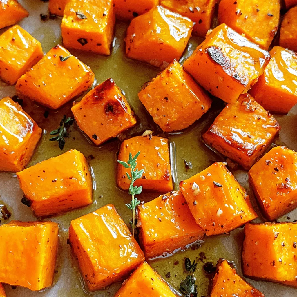 - 4 medium sweet potatoes - 3 tablespoons extra virgin olive oil - 1/4 cup raw honey - 4 cloves garlic - 1 teaspoon smoked paprika - 1 teaspoon sea salt - 1/2 teaspoon black pepper - Fresh thyme leaves When I make honey garlic roasted sweet potatoes, I start with the main ingredients. Sweet potatoes are the star, so choose firm ones. I peel and chop them into 1-inch cubes. This size helps them cook evenly. Next, I grab extra virgin olive oil and raw honey. The oil gives them a nice glaze, while honey adds a beautiful sweetness. For seasoning, I use garlic to pack in flavor. I finely mince four cloves. Smoked paprika gives a hint of warmth, and the sea salt and black pepper elevate the taste. Mixing these ingredients creates a tasty marinade that coats the sweet potatoes well. If you want to add a fresh touch, consider using thyme leaves as a garnish. They not only look nice but also add a lovely aroma. This combination of flavors makes the dish a true delight. Check out the full recipe to bring this delicious side to your table! Set your oven to 425°F (220°C). This temperature helps the sweet potatoes roast evenly and caramelize nicely. In a large bowl, combine: - 3 tablespoons extra virgin olive oil - 1/4 cup raw honey - 4 cloves garlic, finely minced - 1 teaspoon smoked paprika - 1 teaspoon sea salt - 1/2 teaspoon freshly ground black pepper Mix these ingredients well with a whisk. This marinade is key to the sweet and savory flavor. Take 4 medium sweet potatoes, peeled and cut into 1-inch cubes. Add them to the bowl with the marinade. Toss the cubes gently until they are fully coated. This step ensures every bite is packed with flavor. Line a baking sheet with parchment paper. Spread the sweet potatoes out in a single layer. Make sure they aren’t crowded. This allows them to roast well and get that lovely caramelization. Place the baking sheet in the preheated oven. Roast the sweet potatoes for 25-30 minutes. Halfway through, take the sheet out and flip the cubes gently. This helps them cook evenly and get a nice crisp. Once done, remove the baking sheet from the oven. Let the sweet potatoes cool for a few minutes. Before serving, sprinkle fresh thyme leaves on top. This adds a touch of color and a wonderful aroma. For the complete method, check the Full Recipe. To get that golden brown look, space is key. When you lay out the sweet potatoes, make sure they are not crowded. If they touch, they will steam instead of roast. This means less flavor and no nice crisp edges. Aim for a single layer so each piece gets that hot air flow. This helps caramelization, which brings out the natural sweetness. Oven times can vary. If your oven runs hot, check the sweet potatoes a bit earlier. For smaller ovens, you might need a minute more. Always keep an eye on them, as overcooking can turn them mushy. Use a fork to poke through; they should be soft inside but not falling apart. Want to kick it up a notch? Try adding chili flakes for heat. A splash of lemon juice adds a fresh zing too. These options can really change the dish. You can mix them in the marinade to boost the taste. Experiment with flavors that you love! For more ideas, check out the Full Recipe for different variations. {{image_4}} Want to add some heat? You can make your sweet potatoes spicy! Just add chili powder or cayenne pepper to the marinade. Start with a small amount, like 1/2 teaspoon, and taste. You can always add more if you like it hotter. This twist brings a nice kick to the sweet and savory mix. Try using different herbs for a fresh taste. Instead of thyme, use rosemary or oregano. Both herbs bring their unique flavors to the dish. Rosemary gives a woodsy aroma, while oregano adds a hint of earthiness. Just chop the herbs finely and mix them in with the marinade. Swap honey for maple syrup to change up the taste. Maple syrup provides a rich, sweet flavor that pairs well with garlic. Just use the same amount of maple syrup as honey. This version is great if you want a twist on the classic honey garlic flavor. For the full recipe, check out the Honey Garlic Roasted Sweet Potatoes section. To keep your honey garlic roasted sweet potatoes fresh, store them in an airtight container. Place the container in your fridge. They will last for about three to four days. Make sure they cool completely before sealing them up. This helps prevent moisture buildup that can make them soggy. When you're ready to enjoy your leftovers, the oven is best. Preheat it to 350°F (175°C). Spread the sweet potatoes on a baking sheet. Heat for about 10 to 15 minutes. This method keeps them crispy and tasty. You can also use a microwave, but they might lose some texture. If you microwave, place them on a plate and cover with a damp paper towel. Heat in short bursts to avoid overheating. If you want to save your honey garlic roasted sweet potatoes for longer, freezing works well. First, let them cool completely. Then, spread them on a baking sheet in a single layer. Freeze for about an hour. Once frozen, transfer them to a freezer bag. Press out all the air before sealing. They can last for up to three months in the freezer. To reheat, bake from frozen at 400°F (200°C) for about 25-30 minutes. This method keeps the flavor and texture intact. For more details, check the Full Recipe. Yes, you can use Yukon gold or russet potatoes in this recipe. Both types have a creamy texture and taste great when roasted. Just remember to adjust the cooking time slightly since they might take a little longer to become tender. This recipe is not vegan because it uses honey. However, you can easily make it vegan by substituting honey with agave syrup. Agave syrup adds sweetness without changing the taste too much. Honey garlic roasted sweet potatoes pair well with many dishes. Grilled chicken or fish complements the sweet and savory flavors. You can also serve them alongside a fresh salad for a lighter option. At 425°F (220°C), the sweet potatoes roast for about 25-30 minutes. If you roast at a lower temperature, like 375°F (190°C), expect them to take around 35-40 minutes. Just check for tenderness and golden edges! This blog post covered how to make honey garlic roasted sweet potatoes. I shared key ingredients, easy instructions, tips for great flavor, and fun variations. You'll enjoy customizing this dish to fit your taste. Remember to space the potatoes for caramelization and try different herbs or spices. Storing and reheating leftovers is simple. With these steps, you can create a tasty side dish that pairs well with many meals. Enjoy your cooking and let your sweet potatoes shine on your table!