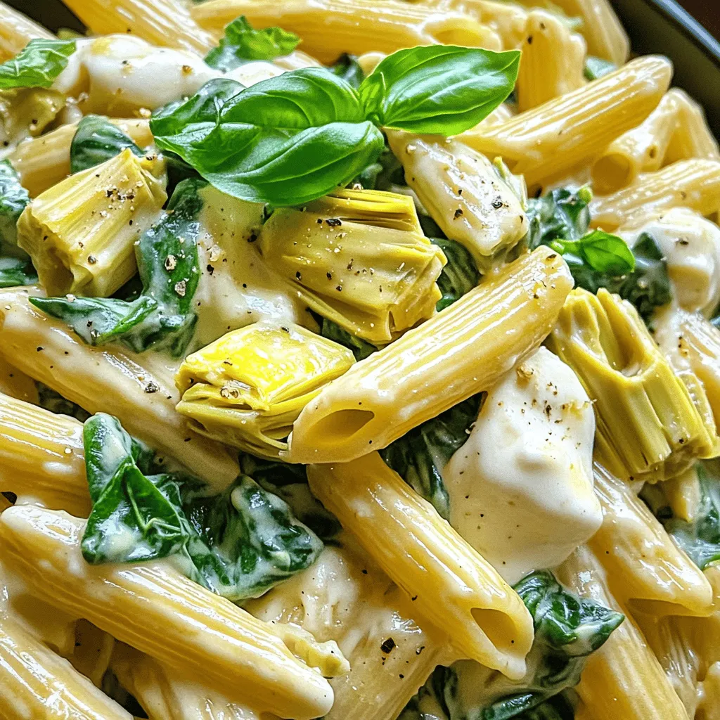 To make savory spinach artichoke pasta, you need these key ingredients: - 12 oz pasta (preferably penne or fettuccine) - 1 cup fresh spinach, roughly chopped - 1 cup canned artichoke hearts, drained and coarsely chopped - 1 cup heavy cream - 1 cup mozzarella cheese, freshly shredded - 1/2 cup Parmesan cheese, finely grated - 2 cloves garlic, minced - 2 tablespoons extra virgin olive oil - 1 teaspoon Italian seasoning blend - Salt and freshly ground pepper to taste - Fresh basil leaves for garnish For the best results, I suggest using: - Pasta: Barilla or De Cecco for quality and texture. - Artichoke Hearts: Roland for consistent flavor. - Cream: Organic Valley for rich creaminess. - Cheeses: Whole Foods 365 brand for fresh mozzarella and Parmesan. You can easily swap out some ingredients if needed: - Pasta: Use gluten-free pasta for a gluten-free option. - Heavy Cream: Substitute with coconut cream for a dairy-free version. - Cheese: Swap mozzarella with vegan cheese for a plant-based dish. - Spinach: Kale or arugula work if you want a different green. - Garlic: Garlic powder can replace fresh garlic in a pinch. This list covers everything you need for a tasty meal. For the full recipe, check out the details above! To make this creamy spinach artichoke pasta, start by cooking your pasta. Fill a large pot with water and add a good amount of salt. Bring the water to a rolling boil. Add 12 ounces of your favorite pasta, like penne or fettuccine. Cook it until it’s al dente, which usually takes about 8-10 minutes. Drain the pasta and place it in a large mixing bowl. Next, heat 2 tablespoons of extra virgin olive oil in a spacious skillet over medium heat. Add 2 cloves of minced garlic and sauté for about 1 minute. Watch the garlic closely so it doesn’t burn. Then, add 1 cup of canned artichoke hearts, drained and chopped. Sauté for an additional 2 to 3 minutes, letting the artichokes heat through and release their flavor. Now, pour in 1 cup of heavy cream. Stir well and let it simmer for about 3-4 minutes until it thickens a bit. Reduce the heat to low and add 1 cup of freshly shredded mozzarella cheese, stirring until it melts into a creamy sauce. Add 1 cup of roughly chopped fresh spinach and 1 teaspoon of Italian seasoning. Cook this for another 2-3 minutes until the spinach wilts down. Carefully fold in your cooked pasta until it’s well coated in the creamy mixture. Season with salt and pepper to taste. Finally, remove the skillet from heat and stir in 1/2 cup of finely grated Parmesan cheese. Let it rest for a few minutes to thicken. Serve hot, garnished with fresh basil leaves. To ensure your pasta is perfectly cooked, always taste a piece before draining. It should be firm but not hard. When cooking the spinach, keep an eye on its color. It should turn bright green and wilt down. If you find your sauce too thick, add a splash of pasta water to loosen it up. To make this process easier, consider watching a video tutorial. Visuals can guide you through each step. You can also find helpful images online that show the texture you want for each stage of cooking. If you want a detailed recipe, check out the Full Recipe for more insights! To make your spinach artichoke pasta shine, use fresh herbs. Basil adds a bright taste. Italian seasoning brings warmth. Salt and pepper enhance all flavors. Remember to taste as you go. This helps you find the perfect balance for your dish. One common mistake is overcooking the pasta. Always cook it until al dente. This keeps it firm and helps it hold sauce better. Another mistake is adding cheese too early. Wait until your sauce is thick before mixing it in. This ensures a smooth and creamy texture. Sauté garlic in olive oil until fragrant, but don’t let it burn. This adds a rich flavor. When adding spinach, stir gently. This helps it wilt without turning mushy. Finally, let your pasta sit for a couple of minutes after mixing. This thickens the sauce, making every bite delicious. For the complete recipe, you can check the Full Recipe link above. {{image_4}} You can easily make this dish vegetarian by skipping the cheese. Use cashew cream for a rich flavor. For a vegan twist, swap the heavy cream with coconut milk. Nutritional yeast adds a cheesy taste without dairy. You can also use vegan cheese as a substitute. The flavors still shine through, making it a tasty meal. If you need to avoid gluten, use gluten-free pasta. There are many options like rice or chickpea pasta. They cook well and hold sauces nicely. Just check the cooking time, as it may differ. This change keeps the dish creamy and satisfying without gluten. To elevate the dish, add some sun-dried tomatoes or olives. They bring a nice zing to the creamy sauce. You can also toss in some cooked chicken or shrimp for extra protein. Fresh herbs like parsley or dill can brighten up the flavors. Experimenting with these additions makes each bite a new experience. For the full recipe, check back to our earlier section! To keep your creamy spinach artichoke pasta fresh, store it in an airtight container. Make sure it cools to room temperature before sealing. This helps prevent condensation, which can make it soggy. You can keep it in the fridge for up to three days. If you notice any changes in color or smell, it’s best to discard it. When it's time to enjoy leftovers, reheat the pasta gently. Use a skillet over low heat. Add a splash of milk or cream to help revive the sauce. Stir often to prevent it from sticking. You can also use the microwave. Just cover the bowl and heat in short bursts, stirring in between. This keeps the dish creamy. If you want to save it for later, you can freeze the pasta. Place it in a freezer-safe container and leave some space at the top for expansion. It can last up to three months in the freezer. To thaw, move it to the fridge overnight. Then reheat as mentioned before. This way, you’ll still enjoy that rich, creamy taste! The best pasta shapes for Spinach Artichoke Pasta are penne or fettuccine. These shapes hold the creamy sauce well. Penne has ridges that catch the sauce, making each bite flavorful. Fettuccine has a wide surface area that adds a silky touch. You can use other pasta shapes too, but these two work best. Yes, you can make this dish ahead of time. Cook the pasta and sauce separately. Store them in the fridge until you’re ready to eat. When you want to serve, combine them in a skillet. Warm it gently on low heat. This method keeps the pasta from getting soggy. To add spice, you can use red pepper flakes. Stir in a teaspoon for a kick. If you want more protein, try adding grilled chicken or shrimp. Cook the protein first, then mix it in with the pasta. This way, you’ll have a hearty meal that’s still quick and easy. For the full recipe, check out the details above. This blog post covered everything you need for Spinach Artichoke Pasta. We discussed key ingredients, cooking steps, and expert tips. You learned how to avoid common mistakes and explored tasty variations. Storing your leftovers and reheating tips ensure you can enjoy this dish later. Remember, using the right pasta shape can elevate your meal. With this guide, you can make a delicious dish every time. Now, go ahead and create your perfect Spinach Artichoke Pasta!
