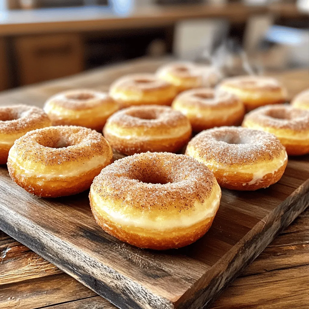 To make baked cinnamon sugar donuts, you need: - 1 ½ cups all-purpose flour - ½ cup granulated sugar - 1 ½ teaspoons baking powder - ½ teaspoon baking soda - ½ teaspoon salt - 1 teaspoon ground cinnamon (plus extra for coating) - ½ teaspoon ground nutmeg - 1 large egg - ½ cup buttermilk (or a homemade mix of milk with a splash of vinegar) - ¼ cup unsalted butter, melted - 1 teaspoon vanilla extract These ingredients create a soft and fluffy donut. The spices add warmth and flavor. You can make these donuts fit your needs: - Gluten-free alternatives: Use a gluten-free flour blend instead of all-purpose flour. - Dairy-free options: Substitute buttermilk with almond milk or oat milk mixed with vinegar. - Sugar substitutes: Use coconut sugar or a sugar alternative like stevia for less sweetness. These swaps keep the taste exciting while catering to different diets. Gather these tools to make your baking process smooth: - Donut pan - Mixing bowls - Whisk and spatula - Piping bag or zip-top bag These tools help you mix, fill, and bake your donuts perfectly. The donut pan gives them their classic shape, while the piping bag makes filling easy. You can find the full recipe to start your donut adventure! - Preheat oven to 350°F (175°C). - Grease the donut pan with non-stick spray. Start by heating your oven. A warm oven makes donuts rise and bake well. Greasing the pan helps the donuts come out easily. - Combine flour, sugar, baking powder, baking soda, cinnamon, nutmeg, and salt. In a large bowl, mix flour, sugar, baking powder, baking soda, cinnamon, nutmeg, and salt. Whisk these dry ingredients until they blend well. This step is key for even flavor. - Beat egg and combine with buttermilk, melted butter, and vanilla. In another bowl, crack your egg and beat it lightly. Add buttermilk, melted butter, and vanilla extract. Mix until smooth. This mixture adds moisture and flavor to your donuts. - Mix wet and dry ingredients carefully. - Fill donut cavities properly. Gently pour the wet mix into the dry mix. Use a spatula to stir until just combined. Be careful not to overmix; a few lumps are fine. Then, transfer the batter to a piping bag. Fill each donut cavity about three-quarters full. - Bake for 10-12 minutes. - Check doneness by touch. Place the filled pan in the oven. Bake for 10 to 12 minutes. The donuts should spring back when touched. - Prepare the cinnamon sugar. - Coat baked donuts. - Serve warm. While baking, mix sugar and extra cinnamon in a bowl. When donuts are done, let them cool for about 5 minutes. Roll each warm donut in the cinnamon sugar. Enjoy them fresh for the best taste! To bake perfect donuts, avoid overmixing the batter. Mixing too much can make your donuts tough. Just stir until the wet and dry ingredients come together. Also, use an oven thermometer to check the oven temperature. A good temperature ensures even baking and fluffy donuts. For serving, get creative with your plates. Use a colorful platter or a tiered stand to make them pop. You can also add a small bowl of extra cinnamon sugar for a fun touch. As for drinks, pair these donuts with coffee or warm apple cider. The flavors blend beautifully and enhance the whole experience. If you want to boost flavor, try adding toppings. A drizzle of chocolate or a sprinkle of nuts can add crunch and taste. You can also experiment with spices. Try adding cardamom or ginger for a unique twist. Vanilla or almond extract can also bring new life to your donuts. The options are endless! {{image_4}} You can change up the flavor of your baked donuts. Try making chocolate glazed donuts by adding cocoa powder to your batter. Use about 1/4 cup of cocoa powder. After baking, dip the donuts in melted chocolate for a rich glaze. Pumpkin spice donuts are another tasty option. Add 1/2 cup of pumpkin puree and 1 teaspoon of pumpkin pie spice to the batter. This will give your donuts a warm, cozy flavor perfect for fall. If you want a healthier treat, consider using whole wheat flour. Replace all-purpose flour with whole wheat flour in equal amounts. This adds fiber and nutrients without changing the taste much. You can also reduce the sugar in your recipe. Cut the granulated sugar by half and add a bit of honey or maple syrup. This will give you a sweet donut with fewer calories. Seasonal spices can enhance your donuts. For winter, try adding gingerbread spice to your batter. Mix 1 teaspoon of ginger, 1/2 teaspoon of cloves, and 1/2 teaspoon of cinnamon for a festive twist. For holiday cheer, use toppings like crushed candy canes or sprinkles. You can also drizzle melted white chocolate on top for a sweet finish. Each season offers a chance to create something special with your baked donuts. Explore these variations to keep your treats exciting! For the full recipe, check out the Baked Cinnamon Sugar Donuts recipe above. To keep your baked cinnamon sugar donuts fresh, use an airtight container. This helps them stay moist and tasty. You can stack the donuts in the container, but separate layers with parchment paper. This prevents them from sticking together. Store the container at room temperature for best results. To freeze your donuts, first let them cool completely. Once cool, place them in a single layer on a baking sheet. Freeze them for about an hour. After that, transfer the donuts to a freezer bag or airtight container. Be sure to remove as much air as possible before sealing. To reheat frozen donuts, simply place them on a baking sheet. Preheat the oven to 350°F (175°C) and warm them for about 5-7 minutes. This restores their soft texture. When stored properly, your baked cinnamon sugar donuts can last for about 3 days at room temperature. If you choose to freeze them, they can last up to 2 months. Just make sure to keep them in an airtight container to maintain their flavor and freshness. Enjoy your treats whenever you want! For the full recipe, check the section above. You can use a muffin pan. Just pour the batter into each cup. Fill them halfway. This will create donut-like shapes. You can also shape the donuts by hand. Roll the batter into balls, then flatten them slightly. They will not look like classic donuts, but they will taste great. Yes, you can use self-rising flour. It has baking powder already mixed in. This means you should reduce the baking powder in your recipe. You may not need the baking soda either. This change can affect the texture, making it lighter. If your donuts are dry, check your oven temperature. It may be too high. Next time, add a bit more buttermilk. This will help keep them moist. You can also try baking them for a shorter time. Always check for doneness early. Yes, you can make these donuts vegan. Use a flax egg instead of a regular egg. Mix one tablespoon of flaxseed meal with three tablespoons of water. Let it sit until it thickens. Replace buttermilk with plant-based milk and vinegar. Use vegan butter for rich flavor. This recipe yields about 12 donuts. Each donut is a nice size for a sweet treat. You can adjust the portion sizes based on your needs. If you want smaller bites, fill the cavities less. At higher altitudes, reduce the baking powder slightly. You might also need to increase the liquid. Add an extra tablespoon of buttermilk. Keep an eye on baking time, as it may need to be shorter. Test the donuts to see if they are done. This blog post covered how to make delicious baked donuts from scratch. We looked at key ingredients, useful substitutions, and the tools you'll need. I provided step-by-step baking instructions and tips for perfect results. You also learned about variations, storage methods, and frequently asked questions. Baking can be fun and rewarding. With a bit of practice, you can enjoy tasty donuts anytime. Now, it’s your turn to create and enjoy these treats!